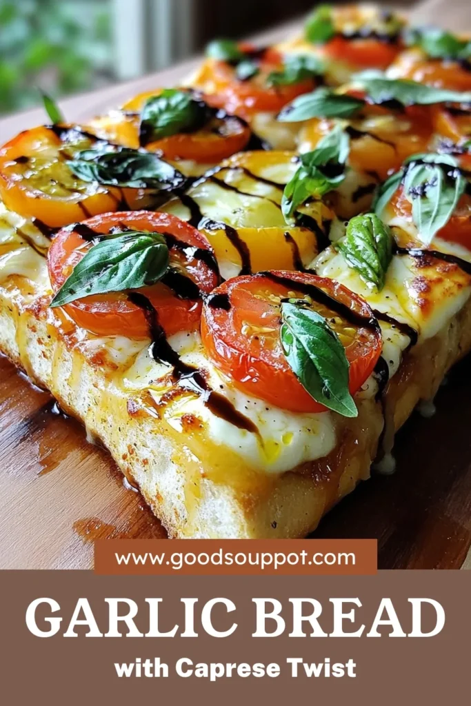 Discover the perfect appetizer with this easy Caprese garlic bread recipe! Featuring garlic butter spread on ciabatta, topped with fresh mozzarella, cherry tomatoes, and basil, this fresh mozzarella garlic toast is a crowd-pleaser. Drizzle with balsamic glaze for the ultimate flavor boost. Try this easy ciabatta appetizer today and impress your guests! Save this recipe and enjoy every bite! #CapreseGarlicBread #GarlicButterBreadRecipe #EasyAppetizer #BalsamicGlaze