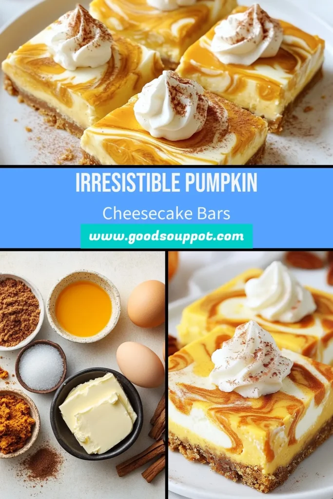 Indulge in the ultimate fall treat with these delightful Pumpkin Cheesecake Bars! This Swirl Cheesecake Bars Recipe combines a creamy cream cheese pumpkin dessert with a buttery graham cracker crust, making it the perfect addition to your fall desserts recipe collection. Enjoy these easy pumpkin dessert bars at your next gathering. Click to get the full recipe and save for your baking inspiration! #PumpkinDesserts #CheesecakeBars #FallBaking #EasyDesserts
