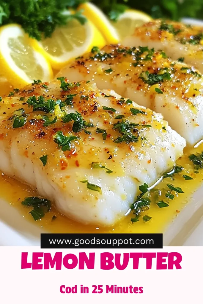 Savor the flavor with this Lemon Butter Baked Cod, a healthy baked cod recipe that's perfect for an easy cod fish dinner. This baked cod with lemon sauce delivers a delightful citrus twist and is ready in just 25 minutes. Enjoy tender cod fillets that are packed with flavor! Save this recipe for a quick weeknight dinner and impress your loved ones. Try it today! #LemonButterBakedCod #EasyDinnerRecipe #CodFilletsRecipe #HealthyEating