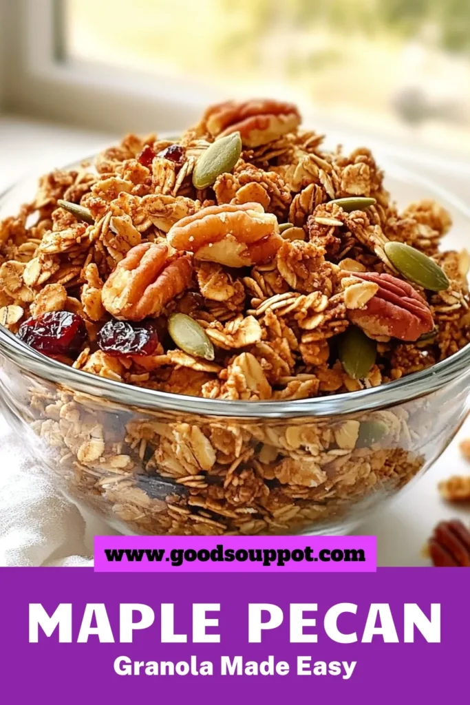 Discover the deliciousness of homemade granola clusters with this Maple Pecan Granola recipe! Packed with wholesome ingredients like rolled oats, pecans, and pumpkin seeds, this healthy granola recipe is perfect for easy granola snacks. Enjoy these grain-free granola clusters for breakfast or a treat on-the-go. Try it out today and elevate your snacking game! Save this recipe for later! #GranolaLover #HealthySnacks #HomemadeGranola #GrainFreeEating