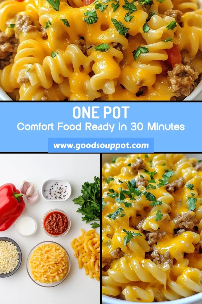 Satisfy your dinner cravings with this irresistible one-pot cheeseburger pasta! This easy pasta recipe combines ground beef, creamy cheeses, and savory spices for a quick dinner that's sure to please the whole family. In just 30 minutes, you'll have a hearty ground beef pasta dish ready to enjoy. Perfect for busy weeknights! Try this creamy cheeseburger pasta tonight! Save this recipe for later! #OnePotPasta #EasyDinner #CheeseburgerPasta #GroundBeefRecipes