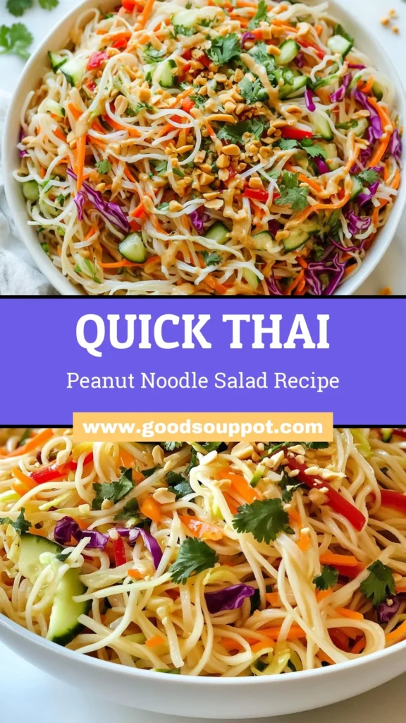 Discover the deliciousness of Thai peanut noodle salad—an easy, healthy Asian salad bursting with flavor! This vegetarian Thai salad is a perfect choice for rice noodle recipes lovers. Tossed with a homemade creamy peanut sauce, it's a refreshing meal for any occasion. Perfect for meal prep, this vibrant dish can be made in just 35 minutes. Save this recipe for your next healthy meal! #ThaiPeanutNoodleSalad #VegetarianRecipes #HealthySalads #PeanutSauceRecipes