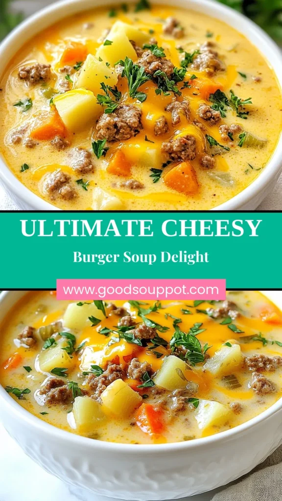 Craving comfort food? This cheesy instant pot soup is the perfect solution! Try our delicious cheeseburger soup recipe that's loaded with ground beef, potatoes, and creamy cheddar for a satisfying meal. This easy dinner recipe takes just 35 minutes in your Instant Pot, making it an ideal choice for busy nights. Dive into this creamy cheeseburger soup today! Save this recipe and make it for dinner tonight! #InstantPotRecipes #CheesyInstantPotSoup #DinnerIdeas #SoupLovers