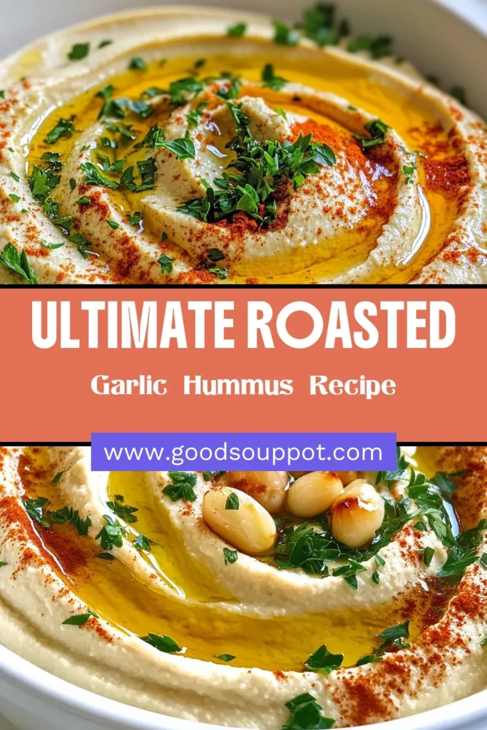 Indulge in this delicious roasted garlic hummus recipe that will elevate your snacks! This homemade hummus with garlic is not only easy to make, but it’s also a healthy chickpea dip perfect for any gathering. Experience the creamy texture of easy tahini hummus that everyone will love! Serve it as a vegan roasted garlic appetizer and watch it disappear. Save this for your next recipe adventure! #Hummus #VeganRecipes #HealthySnacks #ChickpeaDip