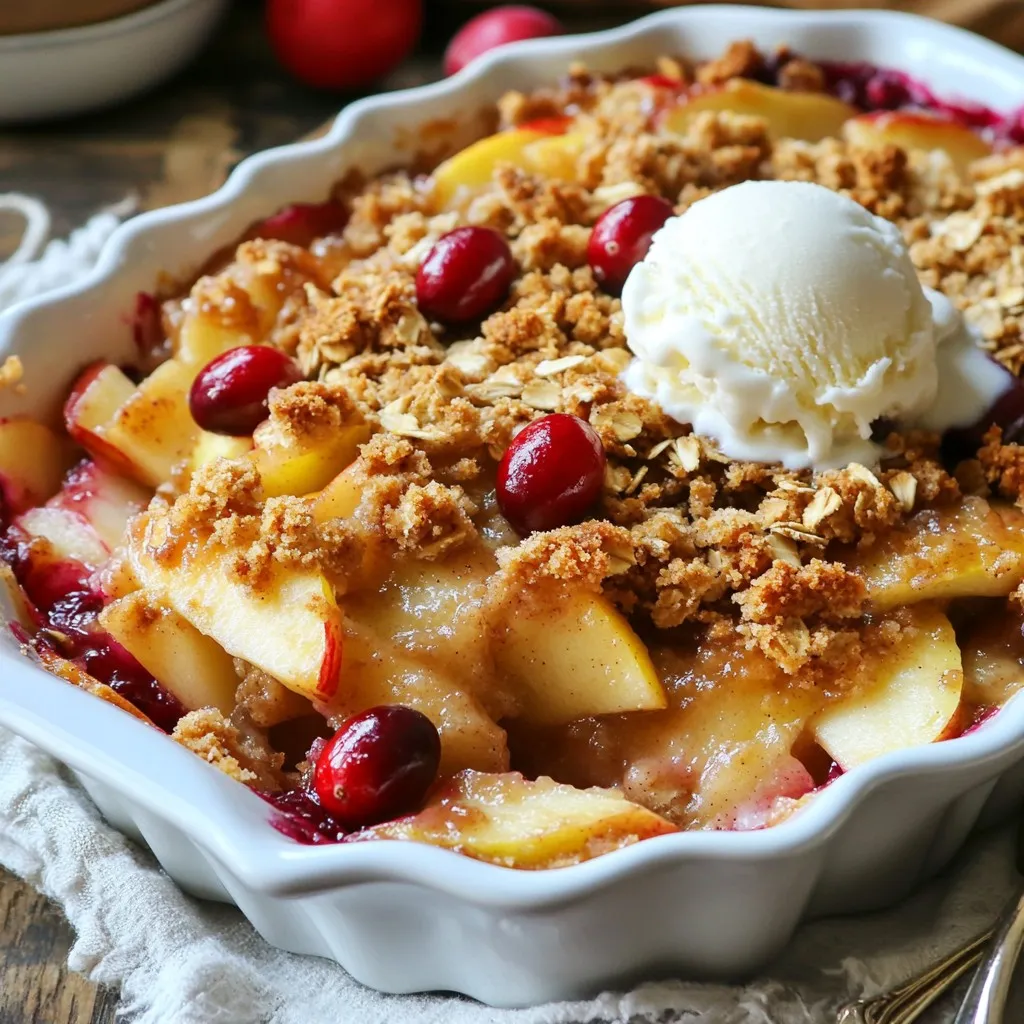For this delightful dessert, you need three medium apples. I love using Granny Smith or Honeycrisp. They add a nice tartness that pairs well with sweet cranberries. You can use either fresh or frozen cranberries, about one cup will do. If using frozen, there's no need to thaw them. Next, gather your dry ingredients. You will need three-fourths cup of packed brown sugar. This gives the crisp a rich flavor. Add one teaspoon of ground cinnamon for warmth and a quarter teaspoon of ground nutmeg for depth. Lastly, you’ll need one cup of old-fashioned rolled oats and half a cup of all-purpose flour. These create the perfect texture for the topping. Butter makes everything better! Use half a cup of unsalted butter, softened to mix easily. It brings richness to the topping. Don't forget one tablespoon of lemon juice. This adds a bright zing to the fruit mixture, balancing the sweetness. These simple ingredients make this dessert a joy to prepare and eat. {{ingredient_image_1}} First, set your oven to 350°F (175°C). This temperature helps cook the crisp evenly. Next, take a 9x13 inch baking dish and grease it. You can use butter or cooking spray. Greasing prevents sticking and makes serving easier later. In a large bowl, combine the sliced apples and cranberries. Use three medium apples like Granny Smith or Honeycrisp for the best flavor. Add 3/4 cup of packed brown sugar. This sugar adds sweetness and depth. Then, sprinkle in 1 teaspoon of ground cinnamon and 1/4 teaspoon of nutmeg. These spices give warmth to the dish. Finally, drizzle in 1 tablespoon of lemon juice. The lemon brightens the flavors. Toss everything together until the fruit gets nicely coated. Once mixed, pour the fruit into your greased baking dish, spreading it evenly. In another bowl, mix together 1 cup of old-fashioned rolled oats, 1/2 cup of all-purpose flour, and 1/2 cup of softened unsalted butter. Use your hands or a pastry cutter to blend until it looks crumbly. This mixture will create a crunchy topping. Sprinkle the oat mixture evenly over the fruit layer. Make sure it covers all the apples and cranberries well. Place the baking dish in the preheated oven. Bake for 30-35 minutes. Watch for the top to turn golden brown and the fruit to bubble. This bubbling means the fruit is cooking well. Once done, take it out and let it cool slightly. This cooling helps the crisp set up before you serve. Enjoy your homemade cranberry apple crisp warm with ice cream or whipped cream! To make the best cranberry apple crisp, pick tart apples. Granny Smith and Honeycrisp work great. They balance the sweet cranberries well. Tart apples add flavor and keep their shape during baking. Avoid soft apples like Red Delicious. They turn mushy and lose texture. For a crunchy topping, mix oats, flour, and softened butter well. Use your hands or a pastry cutter. Aim for a crumbly texture, not a paste. The butter should coat the oats and flour. This helps create a golden, crispy layer when baked. Don’t skip the topping; it adds flavor and crunch. Serve your cranberry apple crisp warm. A scoop of vanilla ice cream makes it even better. You can also add whipped cream for extra richness. For a nice touch, sprinkle some cinnamon on top. This dessert looks great in a clear dish, showing off the colorful fruit. Enjoy it with family or friends for a special treat! Pro Tips Choose the Right Apples: For the best flavor and texture, use a mix of tart and sweet apples. Granny Smith adds tartness, while Honeycrisp offers sweetness and crunch. Make It Ahead: You can prepare the fruit mixture a day in advance and keep it in the fridge. Just add the topping before baking for a quick dessert! Experiment with Spices: Feel free to add a pinch of ginger or allspice to the topping for an extra layer of flavor that complements the apples and cranberries. Serve with a Twist: Add a scoop of caramel sauce or serve it with a slice of sharp cheddar cheese for a delicious contrast to the sweetness. {{image_2}} You can easily make this dish gluten-free. Use gluten-free oats and flour. These swaps keep the crisp's texture nice. You will still enjoy the great taste! Adding nuts brings a nice crunch. Try walnuts or pecans for a great flavor. You can also mix in other fruits. Pears or blueberries work well with apples and cranberries. Just remember to adjust the sugar if you add sweeter fruits. Spices can change the flavor of your crisp. Besides cinnamon and nutmeg, try ginger or cardamom for a twist. You can also add extracts. A splash of vanilla or almond extract can enhance the taste. These little changes make each crisp unique! After enjoying your Cranberry Apple Crisp, store any leftovers in an airtight container. Keep it in the fridge for up to three days. This helps keep the flavors fresh. I often use glass containers, but plastic works too. Just make sure the lid seals tightly. To reheat your crisp, preheat the oven to 350°F (175°C). Place the leftover crisp in a baking dish. Cover it with foil to prevent it from drying out. Heat for about 15-20 minutes. If you want it hot and bubbly, remove the foil for the last 5 minutes. You can also use a microwave if you’re in a hurry. Just heat in short bursts, checking often. You can freeze your Cranberry Apple Crisp for future treats. Let it cool completely first. Wrap it tightly in plastic wrap, then cover with foil. This helps prevent freezer burn. It stays good for up to three months. When ready to enjoy, let it thaw in the fridge overnight. Then reheat as mentioned above. Enjoy a taste of fall anytime! Yes, you can use frozen cranberries in this recipe. They work great! Just add them directly to the fruit mixture without thawing. This keeps the crisp fresh and tasty. The cooking time remains the same, so don’t worry about adjusting it. Frozen cranberries give a nice tart flavor that goes well with the sweet apples. You can tell the crisp is done when the top is golden brown. The fruit should bubble around the edges. After baking for 30-35 minutes, check for these signs. If you see a nice golden color and bubbling fruit, it’s ready. Let it cool slightly before serving to enhance the flavors. Cranberry apple crisp is delicious on its own, but you can elevate it. Try serving it warm with a scoop of vanilla ice cream. Whipped cream also makes a great topping. For a fun twist, add a sprinkle of cinnamon or nuts for crunch. Each option adds a tasty layer to this dessert! You now have all the tools to make a great Cranberry Apple Crisp. We covered the best fresh fruits, dry ingredients, and flavorings. You learned step-by-step how to prep, bake, and serve it well. Tips on picking apples and perfecting the topping ensure success. Remember, you can customize it with nuts or spice, too. Enjoy your sweet creation! Make it your own and share it with friends and family.