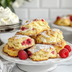 - 2 cups all-purpose flour - 1/3 cup granulated sugar - 1 tablespoon baking powder - 1/2 teaspoon salt - 1/2 cup unsalted butter, chilled and cubed - 1/2 cup heavy cream - 1 large egg - 1 teaspoon vanilla extract - 1 cup fresh raspberries - 1/2 cup white chocolate chips - Extra sugar for sprinkling on top (optional) I love using simple ingredients that are easy to find. Flour forms the base of this scone. Sugar adds sweetness, while baking powder helps it rise. Salt brings out all the flavors. Chilled butter gives the scones a flaky texture. Heavy cream and egg create richness. Vanilla adds a lovely aroma. Raspberries and white chocolate chips bring bursts of flavor. You can swap some ingredients if needed. Use whole wheat flour for a healthier option. Brown sugar gives a deeper flavor. Instead of heavy cream, use milk or a milk alternative. For a vegan version, replace the egg with a flax egg and use plant-based butter and milk. Fresh raspberries taste great and add vibrant color. They hold their shape well. If you use frozen raspberries, you'll need to adjust your mixing. Do not thaw them first; add them straight from the freezer. This keeps your dough cold and helps the scones rise better. Keep in mind, frozen raspberries may bleed more color into the dough. {{ingredient_image_1}} First, set your oven to 400°F (200°C). This temperature gives the scones a nice rise. While the oven heats, line a baking sheet with parchment paper. This helps prevent the scones from sticking. In a large bowl, whisk together the following dry ingredients: - 2 cups all-purpose flour - 1/3 cup granulated sugar - 1 tablespoon baking powder - 1/2 teaspoon salt Make sure everything is mixed well. This step is key to even flavor. In a separate bowl, combine the wet ingredients: - 1/2 cup heavy cream - 1 large egg - 1 teaspoon vanilla extract Whisk these until they blend smoothly. Then, pour this mixture into the bowl with the dry ingredients. Mix gently until just combined. Overmixing can make your scones tough. Now, fold in these delicious add-ins: - 1 cup fresh raspberries - 1/2 cup white chocolate chips Transfer the dough to a lightly floured surface. Knead it gently just until it holds together. Pat the dough into a circle about 1-inch thick. Cut this circle into 8 wedges, like slicing a pizza. Place each wedge on the prepared baking sheet, leaving space between them. For a sweet touch, you can sprinkle extra sugar on top before baking. To get the best texture for your scones, keep your butter cold. Use chilled cubed butter. This helps the scones stay flaky. Mix the butter into the dry ingredients until it looks like coarse crumbs. This means you did it right! Also, do not overmix the dough. Gently combine the wet and dry parts until they just come together. This keeps the scones light and tender. Always preheat your oven to 400°F (200°C). This step is key for nice rising. Line your baking sheet with parchment paper. This prevents sticking and helps with clean-up. When cutting the dough, use a sharp knife. This gives you clean edges and helps scones rise evenly. If you want a sweet top, sprinkle some sugar on them before baking. It adds a nice crunch and shine. One common mistake is overmixing the dough. This makes scones tough. Another mistake is not using enough flour when shaping the dough. If it sticks, add more flour to your work surface. Also, don’t skip the cooling step after baking. Scones taste best warm but are easier to slice when slightly cool. Lastly, remember to check the bake time. Each oven is different, so watch for golden tops! Pro Tips Chill Your Ingredients: Ensure your butter and heavy cream are chilled before mixing, as this helps create a flaky texture in your scones. Don't Overmix: Mix the dough just until combined to avoid tough scones. A few lumps are perfectly fine! Use Fresh Raspberries: For the best flavor and texture, opt for fresh raspberries instead of frozen ones, as they hold their shape better during baking. Experiment with Flavors: Feel free to add other ingredients like lemon zest or nuts to customize your scones to your taste! {{image_2}} You can change this recipe easily. Try adding nuts like almonds or pecans. You could also use dark chocolate instead of white chocolate for a bolder taste. If you want a tangy kick, add lemon zest to the dough. This brightens the flavor and pairs well with the raspberries. For a richer scone, swap the heavy cream for buttermilk. This makes the scones softer and adds a nice tang. Think about the seasons when you bake. In spring, mix in strawberries or blueberries for a fresh twist. In the fall, try using pumpkin puree or spices like cinnamon. Winter calls for cranberries and orange zest, giving a festive feel. Each season brings new flavors to explore, making your scones unique all year. Pair your scones with different spreads for fun. Clotted cream works well, adding richness. A light lemon glaze can brighten the flavors too. You may also enjoy them with jams like raspberry or apricot. These choices enhance the taste and make each bite special. Don’t forget to serve them with a warm cup of tea or coffee. This completes the experience and makes it truly delightful. To keep your scones fresh, let them cool completely. Place them in an airtight container. You can stack them, but make sure they do not touch to avoid squishing. Store them at room temperature for up to three days. If you want to keep them longer, consider freezing. When you want to enjoy your scones again, preheat your oven to 350°F (175°C). Place the scones on a baking sheet. Heat them for about 10 minutes. This will warm them up and make them taste fresh. You can also use a microwave for quick reheating. Just warm them for about 15-20 seconds, but they won't be as crisp. If you want to freeze your scones, wrap each one in plastic wrap. Place them in a freezer-safe bag or container. They can stay in the freezer for up to three months. When you're ready to eat, let them thaw at room temperature or reheat them directly from frozen. Adjust the baking time if needed. Yes, you can use frozen raspberries. They work well in scones. Just be sure to add them straight from the freezer. This prevents them from getting mushy. You might want to reduce the mixing time slightly. This helps keep the raspberries whole. This way, you get bursts of flavor in each bite. To make dairy-free scones, swap the butter with a dairy-free alternative. Coconut oil or vegan butter works great. Use almond milk or oat milk instead of heavy cream. Follow the same steps in the recipe. You will still enjoy delicious scones without dairy. To get the best rise, use cold ingredients. Keep the butter and cream chilled until use. Make sure to not overmix the dough. Stir the mixture gently and just until combined. This keeps the scones light and fluffy. Also, preheat your oven. A hot oven helps them rise quickly. Yes, you can make the dough ahead of time. After mixing, wrap the dough in plastic wrap. Store it in the fridge for up to 24 hours. When ready, just cut and bake as normal. This makes for an easy and quick baking day! You learned the key steps and tips to bake perfect raspberry scones. With the right ingredients, proper mixing, and careful baking, you can create delicious treats. Remember to consider fresh vs. frozen raspberries and how to store your scones. Try different flavors and make it your own. Use the advice here and avoid common mistakes. Baking should be fun, and these scones can impress! Enjoy your baking journey and share your creations with others.