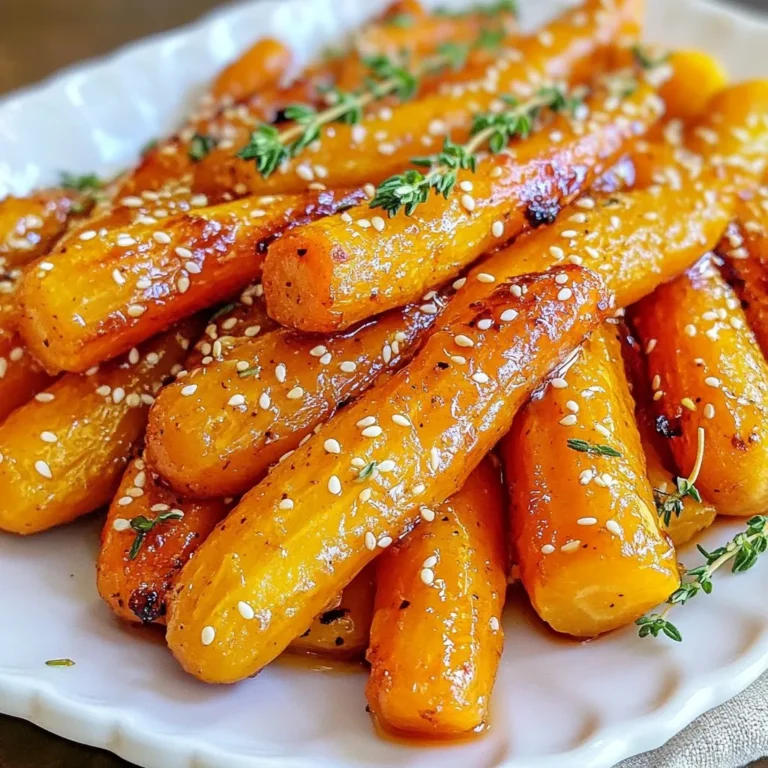 For Maple Dijon Roasted Carrots, you need: - 1 pound baby carrots, peeled and trimmed - 2 tablespoons pure maple syrup - 1 tablespoon Dijon mustard - 2 tablespoons olive oil - 1 tablespoon fresh thyme leaves - Salt and pepper to taste - 1 tablespoon sesame seeds (optional for garnish) This dish is not just tasty; it brings health to your table. Carrots are rich in beta-carotene. This helps your eyes stay sharp. They also have fiber, which aids digestion. Maple syrup adds a touch of sweetness without refined sugar. Olive oil is full of healthy fats for your heart. Fresh thyme can boost your immune system. Overall, this recipe is a great blend of flavor and nutrition. You can swap ingredients based on what you have. Use regular carrots instead of baby carrots. If you want a different flavor, try honey instead of maple syrup. You can also use apple cider vinegar if you want a tangy twist. For a vegan option, use agave syrup. Don't have thyme? Try rosemary or parsley instead. These changes keep the dish fun and exciting. {{ingredient_image_1}} First, gather your ingredients for the Maple Dijon Roasted Carrots. You will need: - 1 pound baby carrots, peeled and trimmed - 2 tablespoons pure maple syrup - 1 tablespoon Dijon mustard - 2 tablespoons olive oil - 1 tablespoon fresh thyme leaves - Salt and pepper to taste - 1 tablespoon sesame seeds (optional for garnish) Next, preheat your oven to 400°F (200°C). This step helps the carrots roast evenly. In a large mixing bowl, mix the maple syrup, Dijon mustard, olive oil, thyme leaves, salt, and pepper. Whisk until it is smooth and well combined. Now, add the baby carrots to the bowl. Toss them well to make sure each carrot is coated in the maple-Dijon mix. This ensures every bite bursts with flavor. Line a baking sheet with parchment paper. This helps with cleanup and keeps the carrots from sticking. Spread the coated carrots in a single layer on the baking sheet. Place the baking sheet in the oven. Roast the carrots for 20-25 minutes. Stir them halfway through to help them cook evenly. You want them tender and slightly caramelized. Once they are done, take them out and sprinkle sesame seeds on top, if you like. This adds a nice crunch and extra flavor. Serve the carrots warm as a tasty side dish. To get the best results, cut the carrots into similar sizes. This helps them cook at the same rate. Make sure they are in a single layer on the baking sheet. If they are crowded, they may steam instead of roast. Keep an eye on them as they roast. Each oven is different. You may need to adjust the time based on your oven's heat. Enjoy the sweet and tangy flavors of your Maple Dijon Roasted Carrots! To boost the taste of your Maple Dijon Roasted Carrots, try adding more herbs. Fresh rosemary or parsley can add a nice touch. You can also mix in some garlic for a savory kick. A splash of lemon juice before serving brightens the flavors. Many people forget to coat the carrots well. Make sure each carrot gets a good mix of the maple-Dijon sauce. Another mistake is overcrowding the baking sheet. If you pile the carrots, they will steam instead of roast. Give them space for that perfect caramelization. These carrots pair well with many dishes. Serve them with grilled chicken or fish for a tasty meal. You can also enjoy them with a hearty grain salad. For a special treat, sprinkle some feta cheese on top before serving. This adds creaminess and flavor. Pro Tips Choose Fresh Carrots: Select vibrant, firm baby carrots for the best flavor and texture. Avoid any that are soft or have blemishes. Adjust the Sweetness: If you prefer a sweeter taste, add a little more maple syrup, but keep in mind that balance with the Dijon mustard is key. Experiment with Herbs: Try adding other fresh herbs like rosemary or parsley for a different flavor profile that complements the carrots. Serve Immediately: These carrots are best enjoyed right after roasting while they are warm and caramelized. Reheating can cause them to lose their texture. {{image_2}} You can mix in other vegetables with your carrots. Try using parsnips, sweet potatoes, or bell peppers. These veggies add new colors and flavors. Just cut them to similar sizes as the carrots. This helps everything cook evenly. Toss them in the maple-Dijon mix like you do with the carrots. Roast them together for a tasty medley. Feel free to play with flavors! Instead of Dijon mustard, try whole grain mustard for a different bite. You can also add a splash of balsamic vinegar for tang. A pinch of cayenne pepper gives a nice kick. For a sweet twist, add a bit of orange juice or zest. These changes keep the recipe exciting and fresh. This recipe is already vegan and gluten-free with no changes needed! You can use maple syrup as your sweetener, which is naturally vegan. Check your Dijon mustard to ensure it is gluten-free. If you want to add more texture, toss in nuts or seeds. Sunflower seeds or chopped walnuts add a delightful crunch. Enjoy making this dish fit your diet! After you enjoy your Maple Dijon Roasted Carrots, you can store leftovers easily. Place them in an airtight container. Make sure they cool down first. Store the container in the fridge. They will stay fresh for about three to four days. To reheat your carrots, preheat your oven to 350°F (175°C). Spread the leftover carrots on a baking sheet. Heat them for about 10 minutes. This will help keep them crispy. You can also use a microwave. Heat them for 30 seconds at a time, stirring in between. You can freeze Maple Dijon Roasted Carrots, but they may lose some texture. First, let them cool completely. Then, place them in a freezer-safe bag. Try to remove as much air as possible. They can last up to three months in the freezer. When ready to eat, thaw them in the fridge overnight before reheating. Yes, you can use regular carrots. Just peel and cut them into sticks. Aim for pieces that are about the same size as baby carrots. This way, they cook evenly. The taste will be similar, and the dish will still be delicious. These carrots pair well with many dishes. Try serving them with roasted chicken or grilled steak. They also go great with quinoa or rice for a vegetarian option. Add them to a salad for extra crunch and flavor. You can even serve them with a creamy dip. You’ll know the carrots are done when they are tender and slightly caramelized. They should be easy to pierce with a fork. Look for a golden color on the outside. If they have a nice brown edge, they are ready to eat! Stirring halfway through helps ensure they roast evenly. We covered key ingredients and their health benefits. I shared tips for cooking and flavoring. You learned about variations, storage, and common mistakes. Use this guide to make great roasted carrots every time. Remember to explore different veggies and flavors. Enjoy your meals and get creative with your dishes! Happy cooking!