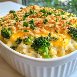 - 2 cups cooked rice (white or brown) - 2 cups fresh broccoli florets (steamed) - 2 cups shredded cheddar cheese - 1 cup cream of mushroom soup or homemade equivalent - 1/2 cup milk - 1/2 cup onion, finely chopped - 2 cloves garlic, minced - Garlic powder, onion powder, black pepper, and salt - Optional: 1 cup breadcrumbs for topping - Optional: 2 tablespoons olive oil or melted butter This dish starts with cooked rice, which forms the base. I love using either white or brown rice. Both add a nice texture. Then, we add fresh broccoli florets. Steaming them keeps them bright and crunchy. Next, we mix in shredded cheddar cheese. This cheese melts perfectly and adds rich flavor. We also use cream of mushroom soup, which gives a creamy touch. You can use store-bought or make your own for extra love. For added creaminess, we mix in some milk. Finely chopped onion adds a sweet bite, and minced garlic brings warmth. Seasoning with garlic powder, onion powder, salt, and black pepper rounds out the flavors. If you want a crispy top, you can add breadcrumbs. Mixing breadcrumbs with olive oil or melted butter makes them golden. This dish is about comfort and taste, perfect for family gatherings or cozy nights in. {{ingredient_image_1}} - Preheat oven to 350°F (175°C). - Grease a 9x13 baking dish. - Combine rice, broccoli, soup, milk, cheese, onion, and seasonings in a bowl. - Pour mixture into the baking dish and add breadcrumb topping. - Bake and melt cheese. To start, preheat your oven to 350°F (175°C). This step is key for even cooking. Next, grab a 9x13 baking dish. Lightly grease it with oil or cooking spray. This helps the casserole come out clean. Now, let’s mix the ingredients. In a large bowl, combine the cooked rice and steamed broccoli florets. These two will form the base of your casserole. Then, add the cream of mushroom soup and milk. This gives your dish a creamy texture. Toss in half of the shredded cheddar cheese, the chopped onion, and minced garlic. Don't forget the spices: garlic powder, onion powder, black pepper, and salt. Mix everything well until it’s evenly combined. Next, pour the rice and broccoli mixture into the greased baking dish. Spread it out evenly so every bite is flavorful. In a small bowl, mix the breadcrumbs with olive oil or melted butter. This keeps them moist and tasty. Sprinkle the breadcrumb mixture over the top of the casserole. Now it’s time to bake! Place your dish in the oven for 25-30 minutes. You want it heated through and the top golden brown. After that, take it out and sprinkle the remaining cheddar cheese on top. Return it to the oven for an additional 5-10 minutes until the cheese is melted and bubbly. Let it cool for a few minutes before serving. This dish is hot and cheesy, perfect for a comforting family meal. To make the best casserole, use homemade cream of mushroom soup. This adds rich flavor. You can easily make it by blending cooked mushrooms, broth, and cream. It tastes much better than store-bought. Also, steam the broccoli just right. If you overcook it, it will become mushy. You want it bright green and tender but still crisp. Want more flavor? Add spices like paprika or cayenne. These give a nice kick. You can also swap cheddar for other cheese types. Try mozzarella for a milder taste or gouda for something unique. Each cheese brings its own charm to the dish. For a crunchy topping, use panko breadcrumbs. They stay crispier than regular breadcrumbs. Mix them with olive oil or melted butter for added richness. You can even add herbs like parsley or thyme to the breadcrumb mix. This gives a fresh taste and looks great on top. Pro Tips Use Fresh Broccoli: For the best flavor and texture, use fresh broccoli florets instead of frozen. They retain more nutrients and provide a vibrant color to the dish. Experiment with Cheese: While cheddar is classic, feel free to mix in other cheeses like mozzarella or gouda for a unique twist on flavor. Make it Creamy: For an extra creamy casserole, add a dollop of sour cream or cream cheese to the mixture before baking. Customize the Topping: Try adding different toppings like crushed crackers, fried onions, or even a sprinkle of paprika for added crunch and flavor. {{image_2}} You can make this dish even more fun by swapping out broccoli. Try using fresh spinach or cauliflower instead. Both veggies add great flavor and texture. You can mix and match your favorites too. Just make sure to steam them first. This keeps them tender and bright. Want to make this dish heartier? Add cooked chicken, turkey, or a meat substitute. Shredded rotisserie chicken works great. It saves time and adds flavor. Just mix it in with the rice and veggies. This twist makes it a filling meal for everyone. If you need a gluten-free version, you have choices. Use gluten-free breadcrumbs for the topping. If you prefer, you can skip the topping altogether. The casserole will still taste delicious without it. Enjoy your meal, no matter your dietary needs! After enjoying your Cheesy Broccoli Rice Casserole, store leftovers in an airtight container. This keeps the dish fresh for up to 3-4 days. When you are ready to eat, just take it out and reheat. To freeze the casserole for future meals, allow it to cool completely. Then, wrap it tightly in plastic wrap or foil. Place it in a freezer-safe container. It can last up to 3 months in the freezer. When you want to enjoy it again, thaw the casserole in the fridge overnight. Thawing and reheating instructions: - If you forget to thaw, you can reheat it from frozen. Just add extra time to your oven baking. - Always ensure it reaches 165°F before eating. To reheat your casserole, the oven is the best choice. Set your oven to 350°F. Cover the dish with foil to keep it moist. Bake for about 20-25 minutes. Microwave tips for quick reheating: - If you need a quicker option, use the microwave. Place a portion on a microwave-safe plate. Cover it with a lid or microwave-safe wrap. Heat in short bursts, checking often. This way, it stays hot without drying out. Yes, you can make this dish ahead of time. Here’s how: - Prepare the casserole as directed, but do not bake it right away. - Cover it tightly with plastic wrap or foil. - Store it in the fridge for up to 24 hours. - When ready to cook, preheat your oven to 350°F (175°C). - Bake for 30-35 minutes until hot. This saves time on busy days. You can also freeze it for later. Just thaw it overnight in the fridge before baking. This casserole is very kid-friendly! Here are some tips to make it more appealing: - Use fun shapes for broccoli, like cutting it smaller or using a cookie cutter. - Let kids help mix the ingredients for fun. - Offer extra cheese on top to make it more tempting. - Serve it with a side of fruit to balance the meal. Kids love cheesy dishes. This one is creamy and tasty! You can make Cheesy Broccoli Rice Casserole healthier in various ways: - Use brown rice instead of white rice for more fiber. - Swap cream of mushroom soup for a low-fat version or homemade soup. - Add more veggies like carrots or bell peppers for extra nutrition. - Use less cheese or a lower-fat cheese option. These changes keep the dish delicious while making it better for you! This blog post covered how to make a tasty cheesy broccoli rice casserole. We looked at key ingredients, step-by-step instructions, and tips to make it perfect. You learned about different variations, storage advice, and answers to common questions. In the end, this dish is easy and fun to prepare. You can make it your own with simple swaps. Enjoy serving it at your next meal. It's a great way to get everyone to love their veggies!