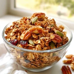 To make Maple Pecan Granola Clusters, gather the following ingredients: - 2 cups rolled oats - 1 cup pecans, roughly chopped - 1/2 cup pumpkin seeds - 1/2 cup shredded coconut (unsweetened) - 1/3 cup maple syrup - 1/4 cup coconut oil, melted - 1 teaspoon vanilla extract - 1/2 teaspoon cinnamon - 1/4 teaspoon salt - 1/2 cup dried cranberries (optional) Each of these ingredients plays a key role in creating tasty clusters. The rolled oats form the base and give a chewy texture. Chopped pecans add crunch and a rich flavor. Pumpkin seeds bring a nice nutty taste and extra nutrients. Shredded coconut gives a hint of sweetness and a tropical twist. Maple syrup is the star ingredient, providing natural sweetness. Melted coconut oil helps bind everything together and adds a light flavor. Vanilla extract enhances the taste, while cinnamon adds warmth. Finally, a touch of salt balances the sweetness. You can also mix in dried cranberries for a fruity burst, but it’s optional. With these ingredients ready, you're set to make a snack that is simple and delicious! {{ingredient_image_1}} First, preheat your oven to 350°F (175°C). This step is key for even baking. While the oven heats, prepare your baking sheet. Line it with parchment paper. This helps the granola not stick. Now, it’s time to mix the dry ingredients. In a big bowl, combine the rolled oats, chopped pecans, pumpkin seeds, shredded coconut, cinnamon, and salt. Mix them well. This blend will form the base of your clusters. Next, we will make the wet mixture. Take another bowl and whisk together the melted coconut oil, maple syrup, and vanilla extract. Whisk until it blends well. Once combined, pour this wet mixture over the dry ingredients. Stir everything together until all the dry ingredients are coated. This step ensures each bite is full of flavor. Now comes the fun part—baking! Spread the granola mixture evenly on the prepared baking sheet. Use a spatula to gently press it down. This helps the clusters stick together. Bake in the preheated oven for 20 to 25 minutes. Remember to stir halfway through to avoid burning. Keep a close eye as it bakes. Once golden brown, remove it from the oven. Let it cool completely on the baking sheet. After cooling, break it into clusters. If you want, mix in dried cranberries before storing. Enjoy your delicious maple pecan granola clusters! To get those perfect clusters, start by compacting the mixture before baking. When you spread the granola on the baking sheet, use a spatula to press it down firmly. This step helps the clusters stick together. Next, monitor the baking time closely. Bake for 20-25 minutes, stirring halfway. Keep an eye on it to avoid burning. If you need gluten-free options, use certified gluten-free oats. This way, you can enjoy the same great taste without the gluten. For a vegan alternative, make sure the maple syrup is 100% pure. Replace honey with maple syrup to keep it vegan-friendly. Pair your granola clusters with yogurt for a tasty breakfast. Just sprinkle some clusters over a bowl of yogurt. You can also enjoy them as a snack on their own. They are crunchy and sweet, perfect for munching anytime. Pro Tips Use Fresh Ingredients: Always opt for fresh nuts and seeds for the best flavor and crunch in your granola clusters. Customize Your Sweetness: Adjust the amount of maple syrup according to your taste preference or try using honey for a different flavor profile. Store Properly: Keep the granola clusters in an airtight container to maintain their crunchiness and freshness for up to two weeks. Experiment with Add-Ins: Feel free to add other dried fruits or seeds to your granola for a unique twist each time you make it. {{image_2}} You can easily change the nuts or seeds in this recipe. Try almonds, walnuts, or sunflower seeds. Each nut adds its own taste and crunch. If you like a bit of sweetness, add in some dried fruits. Cranberries, raisins, or apricots work well. These fruits will give your granola clusters a nice chew. Switching up the sweeteners can change the flavor. Honey or agave syrup can replace maple syrup. Each sweetener brings a unique taste to the clusters. You can also play with spices. Add nutmeg or ginger for a warm flavor. A pinch of cocoa powder can give a chocolatey twist too. If you want a low-sugar version, reduce the maple syrup. Use just a few tablespoons and add more spices. You can also make nut-free versions. Replace nuts with seeds like sunflower or pumpkin seeds. This keeps the crunch while being safe for those with nut allergies. To keep your maple pecan granola clusters fresh, use airtight containers. Glass jars or plastic containers work well. Make sure the lid seals tightly to keep out air. Store your granola in a cool, dry place. Avoid heat and sunlight, as they can make the clusters stale. When stored properly, your granola clusters can last up to two weeks. After this time, they may lose their crunch and flavor. Look for signs of spoilage, like a soft texture or a strange smell. If you notice these signs, it's best to toss them. You can freeze granola clusters for longer storage. To freeze them, place the clusters in a freezer-safe bag or container. Squeeze out as much air as you can before sealing. When you’re ready to eat them, thaw the clusters in the fridge overnight. Enjoy them as a snack or on top of yogurt. Can I use quick oats instead of rolled oats? Yes, you can use quick oats. They will make a softer texture. Keep in mind, the clusters may not hold as well. Rolled oats give a better crunch and cluster shape. How do I make this recipe nut-free? To make this recipe nut-free, just skip the pecans. You can add more pumpkin seeds or use sunflower seeds instead. These options keep the crunch and flavor. What can I substitute for coconut oil? You can use butter or any vegetable oil as a substitute. Olive oil works too, but it may change the taste slightly. Choose what suits your diet best. Calories per serving Each serving contains about 250 calories. This number can change based on any added ingredients. Key nutrients found in the recipe This granola is rich in fiber and healthy fats. It also provides protein from the nuts and seeds. Plus, it has vitamins and minerals from the dried fruit and oats. How to incorporate into meals You can enjoy granola clusters in many ways. Try them on yogurt or in your morning smoothie. They also make a great topping for oatmeal. Best practices for enjoying granola clusters Eat them as a snack on their own or mix into trail mix. They are perfect for energy on the go. Store them in a jar for easy access. This blog post detailed a tasty granola cluster recipe. We covered ingredients, preparation, baking, and storage tips. I shared ways to customize the recipe to suit your taste and diet. Remember to monitor baking time and use the right containers for storage. With a little creativity, your granola will be delicious and fresh. Enjoy your homemade snack, and feel free to experiment. Your perfect granola cluster awaits!