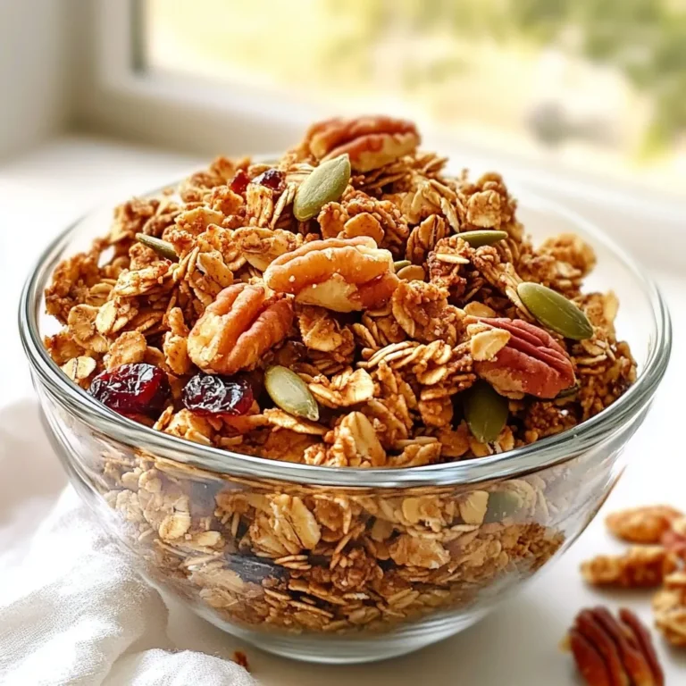 To make Maple Pecan Granola Clusters, gather the following ingredients: - 2 cups rolled oats - 1 cup pecans, roughly chopped - 1/2 cup pumpkin seeds - 1/2 cup shredded coconut (unsweetened) - 1/3 cup maple syrup - 1/4 cup coconut oil, melted - 1 teaspoon vanilla extract - 1/2 teaspoon cinnamon - 1/4 teaspoon salt - 1/2 cup dried cranberries (optional) Each of these ingredients plays a key role in creating tasty clusters. The rolled oats form the base and give a chewy texture. Chopped pecans add crunch and a rich flavor. Pumpkin seeds bring a nice nutty taste and extra nutrients. Shredded coconut gives a hint of sweetness and a tropical twist. Maple syrup is the star ingredient, providing natural sweetness. Melted coconut oil helps bind everything together and adds a light flavor. Vanilla extract enhances the taste, while cinnamon adds warmth. Finally, a touch of salt balances the sweetness. You can also mix in dried cranberries for a fruity burst, but it’s optional. With these ingredients ready, you're set to make a snack that is simple and delicious! {{ingredient_image_1}} First, preheat your oven to 350°F (175°C). This step is key for even baking. While the oven heats, prepare your baking sheet. Line it with parchment paper. This helps the granola not stick. Now, it’s time to mix the dry ingredients. In a big bowl, combine the rolled oats, chopped pecans, pumpkin seeds, shredded coconut, cinnamon, and salt. Mix them well. This blend will form the base of your clusters. Next, we will make the wet mixture. Take another bowl and whisk together the melted coconut oil, maple syrup, and vanilla extract. Whisk until it blends well. Once combined, pour this wet mixture over the dry ingredients. Stir everything together until all the dry ingredients are coated. This step ensures each bite is full of flavor. Now comes the fun part—baking! Spread the granola mixture evenly on the prepared baking sheet. Use a spatula to gently press it down. This helps the clusters stick together. Bake in the preheated oven for 20 to 25 minutes. Remember to stir halfway through to avoid burning. Keep a close eye as it bakes. Once golden brown, remove it from the oven. Let it cool completely on the baking sheet. After cooling, break it into clusters. If you want, mix in dried cranberries before storing. Enjoy your delicious maple pecan granola clusters! To get those perfect clusters, start by compacting the mixture before baking. When you spread the granola on the baking sheet, use a spatula to press it down firmly. This step helps the clusters stick together. Next, monitor the baking time closely. Bake for 20-25 minutes, stirring halfway. Keep an eye on it to avoid burning. If you need gluten-free options, use certified gluten-free oats. This way, you can enjoy the same great taste without the gluten. For a vegan alternative, make sure the maple syrup is 100% pure. Replace honey with maple syrup to keep it vegan-friendly. Pair your granola clusters with yogurt for a tasty breakfast. Just sprinkle some clusters over a bowl of yogurt. You can also enjoy them as a snack on their own. They are crunchy and sweet, perfect for munching anytime. Pro Tips Use Fresh Ingredients: Always opt for fresh nuts and seeds for the best flavor and crunch in your granola clusters. Customize Your Sweetness: Adjust the amount of maple syrup according to your taste preference or try using honey for a different flavor profile. Store Properly: Keep the granola clusters in an airtight container to maintain their crunchiness and freshness for up to two weeks. Experiment with Add-Ins: Feel free to add other dried fruits or seeds to your granola for a unique twist each time you make it. {{image_2}} You can easily change the nuts or seeds in this recipe. Try almonds, walnuts, or sunflower seeds. Each nut adds its own taste and crunch. If you like a bit of sweetness, add in some dried fruits. Cranberries, raisins, or apricots work well. These fruits will give your granola clusters a nice chew. Switching up the sweeteners can change the flavor. Honey or agave syrup can replace maple syrup. Each sweetener brings a unique taste to the clusters. You can also play with spices. Add nutmeg or ginger for a warm flavor. A pinch of cocoa powder can give a chocolatey twist too. If you want a low-sugar version, reduce the maple syrup. Use just a few tablespoons and add more spices. You can also make nut-free versions. Replace nuts with seeds like sunflower or pumpkin seeds. This keeps the crunch while being safe for those with nut allergies. To keep your maple pecan granola clusters fresh, use airtight containers. Glass jars or plastic containers work well. Make sure the lid seals tightly to keep out air. Store your granola in a cool, dry place. Avoid heat and sunlight, as they can make the clusters stale. When stored properly, your granola clusters can last up to two weeks. After this time, they may lose their crunch and flavor. Look for signs of spoilage, like a soft texture or a strange smell. If you notice these signs, it's best to toss them. You can freeze granola clusters for longer storage. To freeze them, place the clusters in a freezer-safe bag or container. Squeeze out as much air as you can before sealing. When you’re ready to eat them, thaw the clusters in the fridge overnight. Enjoy them as a snack or on top of yogurt. Can I use quick oats instead of rolled oats? Yes, you can use quick oats. They will make a softer texture. Keep in mind, the clusters may not hold as well. Rolled oats give a better crunch and cluster shape. How do I make this recipe nut-free? To make this recipe nut-free, just skip the pecans. You can add more pumpkin seeds or use sunflower seeds instead. These options keep the crunch and flavor. What can I substitute for coconut oil? You can use butter or any vegetable oil as a substitute. Olive oil works too, but it may change the taste slightly. Choose what suits your diet best. Calories per serving Each serving contains about 250 calories. This number can change based on any added ingredients. Key nutrients found in the recipe This granola is rich in fiber and healthy fats. It also provides protein from the nuts and seeds. Plus, it has vitamins and minerals from the dried fruit and oats. How to incorporate into meals You can enjoy granola clusters in many ways. Try them on yogurt or in your morning smoothie. They also make a great topping for oatmeal. Best practices for enjoying granola clusters Eat them as a snack on their own or mix into trail mix. They are perfect for energy on the go. Store them in a jar for easy access. This blog post detailed a tasty granola cluster recipe. We covered ingredients, preparation, baking, and storage tips. I shared ways to customize the recipe to suit your taste and diet. Remember to monitor baking time and use the right containers for storage. With a little creativity, your granola will be delicious and fresh. Enjoy your homemade snack, and feel free to experiment. Your perfect granola cluster awaits!