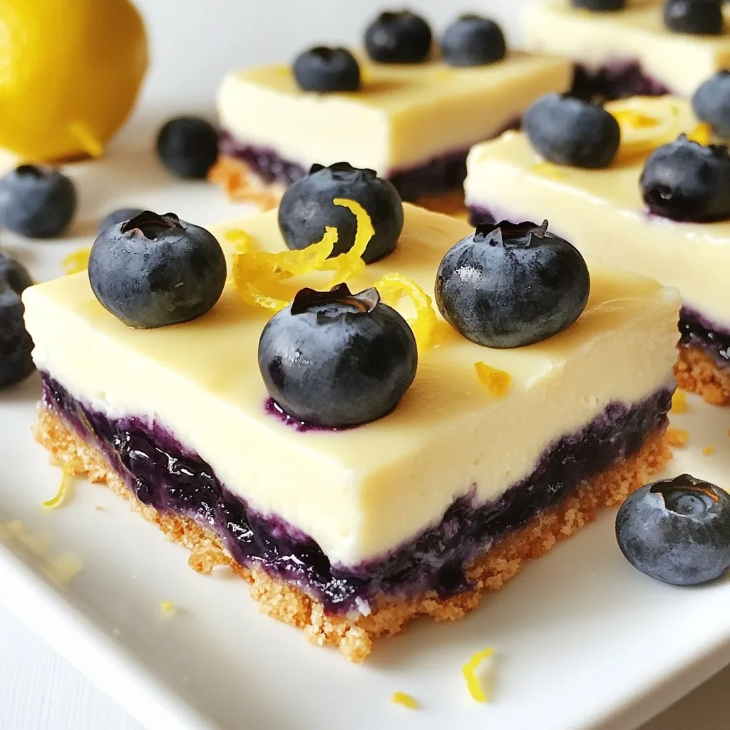 Let’s talk about the key ingredients you need for these blueberry lemon cheesecake bars. Each one plays an important role in making this dessert tasty and rich. - Graham cracker crumbs: You need 1 ½ cups to create a crunchy crust. - Unsalted butter: Half a cup, melted, helps bind the crumbs together. - Sugar: Two tablespoons sweeten the crust. One cup is used in the filling. - Cream cheese: Sixteen ounces of softened cream cheese gives the filling its rich texture. - Eggs: Three large eggs help set the cheesecake. - Vanilla extract: Two teaspoons add a warm flavor to the filling. - Lemon zest and juice: Zest from one lemon and a quarter cup of fresh lemon juice brighten the taste. - Fresh blueberries: One cup, plus extra for garnish, infuses the bars with fruity goodness. - Cornstarch: One tablespoon helps prevent the blueberries from sinking in the filling. With these ingredients, you create a balance of creamy, tangy, and sweet flavors. Each bite will make you want more! {{ingredient_image_1}} Start by preheating your oven to 350°F (175°C). Grab an 8x8-inch baking pan and line it with parchment paper. Make sure to leave some paper hanging over the sides. This will help you lift the cheesecake out later. In a mixing bowl, combine 1 ½ cups of graham cracker crumbs, ½ cup of melted unsalted butter, and 2 tablespoons of sugar. Mix these ingredients well. Once blended, press the mixture firmly into the bottom of your lined pan. This will form a sturdy crust. Bake it for 8-10 minutes until it turns lightly golden. Set it aside to cool. In a large bowl, take 16 ounces of softened cream cheese and beat it with 1 cup of granulated sugar. Mix until it is smooth and creamy, which should take about 3 minutes. Add in 3 large eggs one by one, mixing well after each. Stir in 2 teaspoons of vanilla extract, the zest of 1 lemon, and ¼ cup of fresh lemon juice. Make sure everything is well mixed. In a small bowl, toss 1 cup of fresh blueberries with 1 tablespoon of cornstarch. This helps keep the blueberries from sinking. Gently fold the blueberries into the cheesecake mixture. Be careful not to crush them as you mix. Pour the cheesecake mixture over the cooled crust. Spread it evenly using a spatula. Bake this for 25-30 minutes until the edges are set and the center has a slight jiggle. The top should puff a bit but not brown. After baking, let it cool at room temperature. Once cooled, place the cheesecake in the fridge for at least 4 hours, or overnight for the best results. When you’re ready, carefully lift it out using the parchment paper. Slice into bars and serve chilled. Enjoy the fresh taste of blueberries and lemon! To make a great crust, use fresh graham cracker crumbs. I like to pulse them in a food processor. Mix the crumbs with melted butter and sugar. Press this mix firmly into the pan. Bake it just until golden, about 8-10 minutes. Let it cool before adding the filling. This helps keep the crust crisp. For a smooth cheesecake, start with softened cream cheese. Beat it well with sugar until creamy. Add eggs one at a time. Mix well after each egg. This helps incorporate air and gives you a fluffy texture. Don’t overmix once you add the blueberries. Gently fold them in to keep them whole. After cooling, chill the bars for at least 4 hours. This makes them easier to slice. Use the parchment to lift them out of the pan. Slice the bars into even squares for neat serving. Garnish with extra blueberries and lemon zest for a pop of color. Store leftovers in the fridge for up to 5 days. Pro Tips Use Room Temperature Ingredients: Make sure your cream cheese and eggs are at room temperature before mixing. This helps create a smoother and creamier cheesecake filling. Don’t Overmix: When combining the ingredients, mix just until everything is incorporated. Overmixing can introduce too much air, leading to cracks in your cheesecake. Cool Gradually: After baking, allow the cheesecake to cool at room temperature before refrigerating. This gradual cooling helps prevent cracking. Chill Overnight: For best results, chill your cheesecake bars overnight. This allows the flavors to meld and the texture to set perfectly. {{image_2}} You can swap blueberries for other berries in this recipe. Raspberries add a nice tartness. Strawberries give a sweet twist. Blackberries mix well too. Each berry brings its own flavor. Try a mix for fun! Use the same amount as blueberries for easy swaps. To make these bars gluten-free, use gluten-free graham crackers. They work just like regular ones. You can also use almond flour for the crust. Just mix it with melted butter and sugar. This change keeps the crust tasty and safe for gluten-free diets. Add more zest for a stronger lemon taste. Lime juice can also spice it up! A little vanilla bean paste gives a rich flavor. For a sweet touch, swirl in some fruit jam before baking. These tweaks make your bars even more special. Try one or mix a few! After you make these blueberry lemon cheesecake bars, store them in the fridge. Use an airtight container. This keeps them fresh and tasty. Make sure they cool completely before you store them. They will stay good for about 5 days. You can freeze these bars if you want to save some for later. First, cut them into bars. Then, wrap each bar in plastic wrap. Place the wrapped bars in a freezer-safe container. They can last up to 3 months in the freezer. When you are ready to eat them, let them thaw in the fridge overnight. These cheesecake bars taste best when served cold. They are great for parties or family gatherings. You can serve them right after chilling for at least 4 hours. They will stay fresh for a week if stored correctly. Enjoy them as a sweet treat at any time! Yes, you can use frozen blueberries. Just make sure to thaw and drain them first. This helps avoid excess water in your cheesecake. Gently fold them into your mixture to keep them whole. The cheesecake is done when the edges are set but the center has a slight jiggle. The top should look puffy and not browned. This usually takes about 25 to 30 minutes in the oven. You can use crushed cookies, like vanilla wafers or digestive biscuits. You can also try oat flour or almond flour for a gluten-free option. Just make sure to mix it with melted butter and sugar. You can keep cheesecake bars in the fridge for up to five days. Make sure to store them in an airtight container. This keeps them fresh and tasty for later enjoyment. Yes, you can make this recipe dairy-free. Use dairy-free cream cheese and plant-based butter. Check labels to ensure all ingredients fit your dietary needs. You can still enjoy delicious cheesecake bars without dairy! You now have a clear guide for making delicious blueberry cheesecake bars. We covered the key ingredients, step-by-step instructions, and helpful tips. Remember to play with flavors and adapt your recipe as needed. Storing your cheesecake correctly keeps it tasty longer. Try different berries or make it gluten-free for variety. Enjoy your dessert journey!