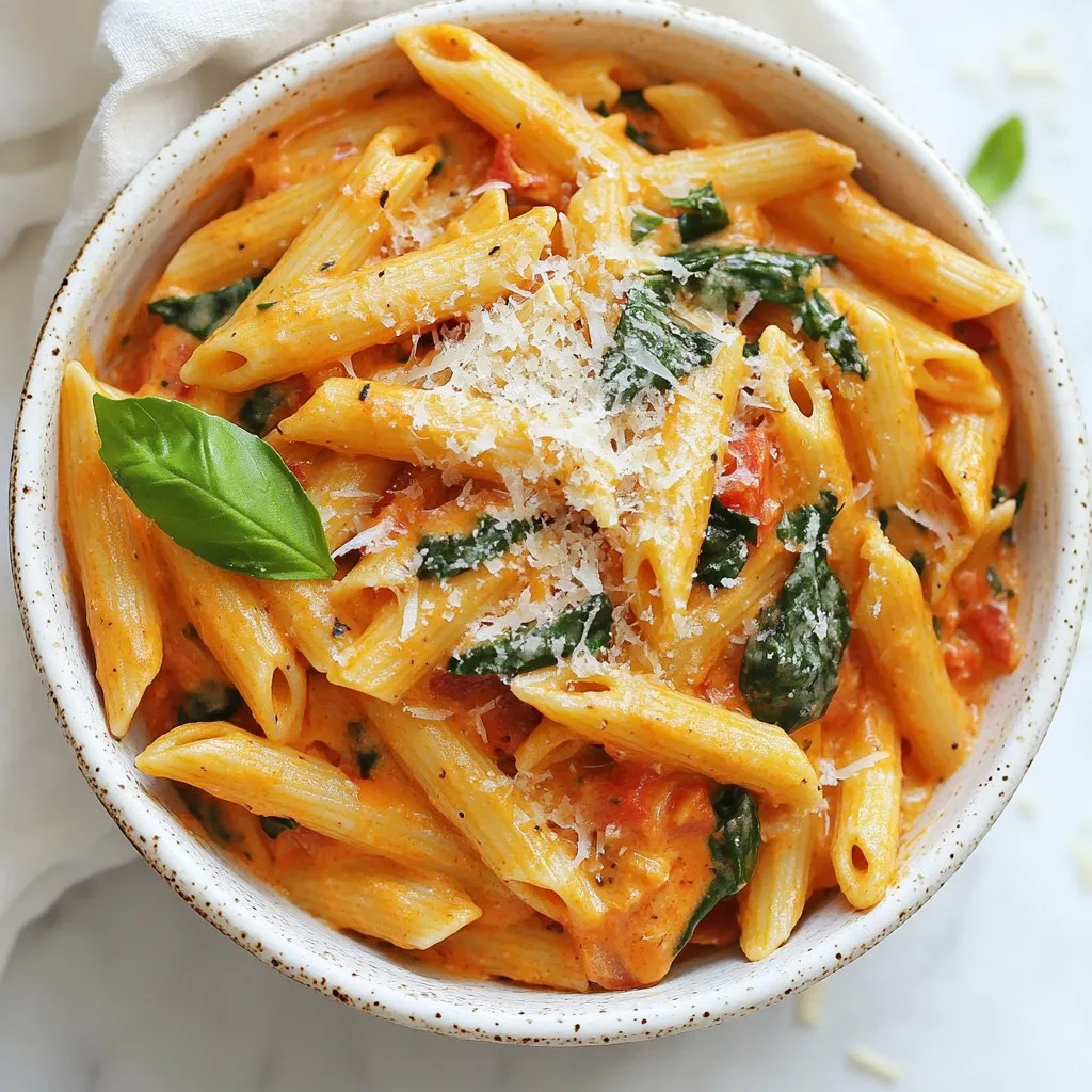 - 12 oz (340g) penne pasta - 1 can (14 oz/400g) crushed tomatoes - 4 cups vegetable broth - 1 cup heavy cream - ½ cup grated Parmesan cheese + extra for serving - 1 onion, finely chopped - 2 cloves garlic, minced - 1 teaspoon dried basil - 1 teaspoon dried oregano - Salt and pepper to taste - 2 tablespoons olive oil - 1 cup fresh spinach, roughly chopped When you make One Pot Creamy Tomato Pasta, you need the right ingredients. First, choose your pasta. I like penne for its shape. It holds the sauce well. Next, grab a can of crushed tomatoes. This gives the dish its rich base. You also need vegetable broth. It adds depth and flavor. For creaminess, heavy cream is a must. It makes the sauce smooth and rich. Don't forget the Parmesan cheese! It adds a nice salty bite. Now, let’s talk about aromatics. You will use onion and garlic. They bring wonderful flavor to the dish. Dried basil and oregano give it a classic Italian taste. Salt and pepper help to enhance all the flavors. Finally, add fresh spinach. It wilts nicely and adds color. With these ingredients, you can create a tasty and creamy pasta dish. {{ingredient_image_1}} 1. Heat 2 tablespoons of olive oil in a large pot over medium heat. 2. Add 1 finely chopped onion. Cook for about 3 to 4 minutes until it looks clear. 3. Next, stir in 2 cloves of minced garlic. Sauté for 1 more minute until you smell the garlic. 1. Now, add 1 can (14 oz) of crushed tomatoes and 4 cups of vegetable broth. 2. Stir in 1 teaspoon of dried basil and 1 teaspoon of dried oregano. Mix well. 3. Bring this mixture to a boil. Watch it bubble! 1. Once boiling, add 12 oz of penne pasta to the pot. Stir to combine it. 2. Cover the pot and reduce the heat to a simmer. 3. Cook for about 10 to 12 minutes, stirring now and then until the pasta is al dente. 1. Reduce the heat to low. Stir in 1 cup of heavy cream until the pasta is creamy. 2. Add 1 cup of roughly chopped spinach and ½ cup of grated Parmesan cheese. Mix until the spinach wilts and the cheese melts. 3. Finally, season with salt and pepper to taste. Adjust it as you like! To get that rich, creamy texture, heavy cream is key. It adds a smooth finish to your pasta. When you stir in the cream, do it gently. This helps it blend well with the sauce. Use a spatula or a wooden spoon for the best results. Keep stirring until every piece of pasta is coated. You can boost the flavor with extra spices. A pinch of red pepper flakes adds heat. Try a bit of smoked paprika for depth. Fresh herbs like basil or parsley can brighten the dish. For serving, top your pasta with grated Parmesan. A sprinkle of fresh basil makes it look fancy and adds flavor. Cook the pasta over medium heat. This keeps it from sticking and helps it cook evenly. Stir the pasta often as it cooks. To check doneness, taste a piece. It should be al dente, or firm to the bite. If it's too soft, it’s overcooked. Adjust your timing next time for perfect pasta. Pro Tips Use Fresh Ingredients: Fresh spinach and high-quality tomatoes will elevate the flavor of your pasta dish significantly. Adjust Creaminess: For a lighter version, you can replace half of the heavy cream with Greek yogurt or use a plant-based cream. Perfectly Seasoned: Always taste and adjust the seasoning at the end. Adding a splash of vinegar can enhance the overall flavor. Make Ahead: This dish can be made ahead of time and reheated. Just add a splash of broth when reheating to restore creaminess. {{image_2}} For those on a vegan diet, you can swap out the heavy cream with coconut milk or cashew cream. These options provide a rich taste without dairy. Use nutritional yeast instead of Parmesan cheese for a cheesy flavor. If you're gluten-free, choose a gluten-free pasta like rice or quinoa pasta. This change makes the dish safe for those with gluten allergies. Just check cooking times, as they can differ from regular pasta. You can boost the dish by adding protein. Cook diced chicken or shrimp in the pot before adding the other ingredients. This step adds heartiness and flavor. Feel free to add veggies, too! Zucchini, bell peppers, or mushrooms work well. Chop them small and sauté them with the onion and garlic. This keeps the dish colorful and nutritious. Want a creamier sauce? Add more heavy cream or use a little cream cheese. Stir it in until it melts for a velvety texture. For a twist in flavor, experiment with herbs and spices. Try adding fresh basil, thyme, or a pinch of red pepper flakes. Each option gives you a new taste experience. To store your One Pot Creamy Tomato Pasta, let it cool first. Place it in an airtight container. This keeps the pasta fresh and tasty. Store it in the fridge for up to three days. After that, the flavor may fade and safety may decrease. When you want to enjoy leftovers, use the stove or microwave. If using the stove, heat it on low. Stir often to keep it moist. If it's dry, add a splash of vegetable broth or cream. This helps revive its creaminess. In the microwave, cover the bowl with a lid or microwave-safe wrap. Heat in short bursts to avoid overcooking. Yes, you can freeze this pasta! Just make sure it cools completely. Use freezer-safe containers or bags. It can last up to three months in the freezer. When you want to eat it, thaw in the fridge overnight. Reheat it on the stove or microwave, adding cream or broth to bring back its creaminess. This dish is quick and easy. It takes about 10 minutes to prep. Cooking the pasta takes around 10 to 12 minutes. So, you can have dinner ready in about 30 minutes. That’s perfect for busy nights! Absolutely! You can try different pasta shapes. Fusilli, farfalle, or rotini work well. Just remember to adjust the cooking time as needed. Each shape cooks a bit differently, but the dish will still taste great. Yes, this recipe is great for meal prep. You can make a big batch and store it. It keeps well in the fridge for up to three days. When you’re ready to eat, just reheat it. You can add a splash of cream to keep it creamy. This pasta pairs nicely with a fresh salad. A simple green salad with vinaigrette is perfect. Garlic bread or crusty bread also complements the dish. For protein, grilled chicken or shrimp can make it heartier. Enjoy your meal! This blog post covered a creamy tomato pasta recipe that’s easy and delicious. I shared key ingredients, step-by-step cooking instructions, and helpful tips for creaminess and flavor. We explored variations for different diets and flavor preferences. Lastly, I provided storage info and answered common questions. Try this recipe for a quick meal that’s tasty and satisfying. Your family will love it!