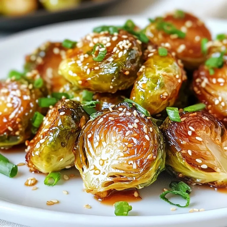 To make Honey Sriracha Brussels Sprouts, gather these simple ingredients: - 1 pound Brussels sprouts, trimmed and halved - 3 tablespoons honey - 2 tablespoons Sriracha sauce - 2 tablespoons olive oil - 1 tablespoon soy sauce - 1 teaspoon garlic powder - Salt and pepper to taste - Sesame seeds (for garnish) - Green onions, sliced (for garnish) These ingredients come together to create a delightful dish. The Brussels sprouts provide a wonderful texture. The honey adds sweetness, while Sriracha offers a spicy kick. Olive oil helps in roasting, giving the sprouts a nice crisp. Soy sauce adds umami, and garlic powder gives depth to the flavor. Don’t forget the salt and pepper to enhance all these tastes! Garnishing with sesame seeds and sliced green onions makes the dish look beautiful, too. When you combine these ingredients, you set the stage for a side dish that is both tasty and visually appealing. {{ingredient_image_1}} - Preheat your oven to 400°F (200°C). - In a big bowl, mix honey, Sriracha, olive oil, soy sauce, garlic powder, salt, and pepper. Stir until smooth. - Take your halved Brussels sprouts and add them to the bowl. - Toss them in the honey Sriracha mixture until each piece is well coated. - Line a baking sheet with parchment paper for easy cleanup. - Spread the Brussels sprouts out in a single layer on the baking sheet. - Roast them in the oven for 20-25 minutes. - Remember to stir them halfway through for even cooking. - Once done, take the Brussels sprouts out of the oven. - Let them cool for a few minutes. - Serve them in a dish and sprinkle with sesame seeds and sliced green onions for a pop of flavor. To roast Brussels sprouts just right, aim for 20-25 minutes at 400°F (200°C). Check for doneness halfway through. They should be tender and have a nice caramelized look. If they are not browned enough, give them a few more minutes. You can easily customize the spice levels. If you like it mild, use 1 tablespoon of Sriracha. For more heat, add up to 3 tablespoons. Taste the honey Sriracha mixture before coating the sprouts. Adjust based on your preference for spice. Want to add more flavor? Consider mixing in nuts like almonds or pecans. Chopped herbs such as cilantro or parsley can also brighten the dish. You might even drizzle a bit of lime juice on top for a fresh twist. These additions can elevate your Honey Sriracha Brussels sprouts to a new level! Pro Tips Adjust Spice Level: If you prefer a milder flavor, reduce the amount of Sriracha sauce, or substitute it with a milder hot sauce. Even Roasting: Make sure to spread the Brussels sprouts in a single layer on the baking sheet to ensure they roast evenly and achieve maximum caramelization. Garnish for Flavor: Don’t skip the sesame seeds and green onions as they add a delightful crunch and fresh flavor that complements the dish. Storage Tips: Store any leftovers in an airtight container in the refrigerator for up to 3 days, and reheat in the oven for best results. {{image_2}} You can switch up the ingredients to fit your needs. For those who follow a vegan diet, try using maple syrup instead of honey. It gives a nice sweetness that pairs well with Sriracha. If you need a gluten-free option, choose a gluten-free soy sauce. It adds the same umami flavor without the gluten. Want a quicker way to enjoy these Brussels sprouts? Use an air fryer. Simply coat the Brussels sprouts as usual, then place them in the air fryer basket. Cook at 375°F (190°C) for about 15 minutes. Shake the basket halfway through to ensure even cooking. If you prefer stovetop cooking, sauté the Brussels sprouts in a skillet. Heat some olive oil over medium heat. Add the coated Brussels sprouts and cook for about 10-12 minutes, stirring often. This method gives you crispy veggies without using the oven. To keep your Honey Sriracha Brussels sprouts fresh, place them in an airtight container. Make sure they cool down first. You can store them in the fridge for up to three days. If you want to freeze them, use a freezer-safe bag. They can last up to three months in the freezer, but the texture may change when thawed. When it's time to enjoy your leftovers, reheating is key. For the best flavor and texture, use the oven. Preheat it to 350°F (175°C). Spread the Brussels sprouts on a baking sheet and heat for about 10-15 minutes. This will help them stay crispy. You can also use a microwave if you're short on time. Just heat them for 1-2 minutes, but they may lose some crunch. Yes, you can use frozen Brussels sprouts. They are a good option if fresh ones are not available. Just remember, frozen sprouts might have more water. This can affect the roasting. To help with this, thaw and drain them first. Then, dry them with a towel. This helps them roast better and get crispy. To add more heat to your Honey Sriracha Brussels sprouts, try these tips: - Increase the amount of Sriracha in the mix. - Add red pepper flakes for an extra kick. - Mix in chopped fresh chili peppers. - Drizzle some chili oil right before serving. These options let you control the spice level to fit your taste. Honey Sriracha Brussels sprouts pair well with many dishes. Here are some ideas: - Serve them with grilled chicken or shrimp for a hearty meal. - Pair them with rice or quinoa for a filling side. - Enjoy them alongside a fresh salad for a light touch. - They also go great with tacos or sandwiches. These combos make your meal even more delicious and fun! In this post, I covered how to make Honey Sriracha Brussels Sprouts. We started with a complete list of simple ingredients. Then, I shared step-by-step instructions for roasting them to perfection. I included tips for adjusting flavors, variations, and storing leftovers. Brussels sprouts can be tasty and fun to prepare. Experiment with spices and cooking methods. Keep these ideas handy for your next meal. Enjoy your cooking!