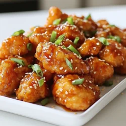 To make crispy sesame chicken, you need the following main items: - 1 lb (450g) chicken breast, cut into bite-sized pieces - 3/4 cup cornstarch - 1/2 teaspoon salt - 1/4 teaspoon black pepper - 1/2 teaspoon garlic powder - 1/4 teaspoon ground ginger - 2 large eggs, beaten - 1/4 cup vegetable oil (for frying) These ingredients create the perfect base for crispy chicken. The chicken breast gives you lean protein, while the cornstarch forms the crispy coating. The seasoning blend is key to flavor. Here are the spices you will need: - 1/2 teaspoon salt - 1/4 teaspoon black pepper - 1/2 teaspoon garlic powder - 1/4 teaspoon ground ginger Mix these spices with the cornstarch. This blend will enhance the chicken's taste and give it a yummy kick. The sauce brings it all together. You will need: - 1/4 cup honey - 1/4 cup soy sauce (low sodium if preferred) - 2 tablespoons sesame oil - 2 tablespoons rice vinegar - 1 tablespoon sesame seeds, toasted - 2 green onions, sliced (for garnish) This sauce is sweet and savory. The honey and soy sauce balance well, while the sesame oil adds depth. Toss in the crispy chicken to coat it in this delicious sauce. {{ingredient_image_1}} First, gather your ingredients. You need chicken breast, cornstarch, salt, pepper, garlic powder, and ginger. In a medium bowl, mix the cornstarch, salt, pepper, garlic powder, and ground ginger. This is your dry coating mix. Cut the chicken into bite-sized pieces. Dredge each piece in your cornstarch mix. Shake off any extra. Then, dip the chicken in beaten eggs for a good coat. Return the chicken to the cornstarch mix for a second dredge. This makes it extra crispy! Heat vegetable oil in a large skillet over medium-high heat. Once hot, add chicken pieces in batches. Fry them for about 4-5 minutes on each side. The chicken should turn golden brown and crispy. Use tongs to flip the pieces carefully. When done, remove them and place them on paper towels to drain. This helps keep them crunchy. In a small bowl, whisk together honey, soy sauce, sesame oil, and rice vinegar. Mix well until smooth. Pour this sauce into your skillet after frying the chicken. Bring it to a simmer over medium heat. Once it bubbles, add the crispy chicken back in. Toss it well so every piece is covered. Let it cook for another 2-3 minutes. This allows the chicken to soak up all the tasty flavors. To make your chicken extra crispy, use two coats of cornstarch. First, dredge the chicken pieces in the cornstarch mix. Then, dip them in beaten eggs. Finally, return them to the cornstarch for a second coat. This double dredge gives a great crunch. Make sure to shake off any excess cornstarch to avoid clumping. Fry the chicken in batches to keep the oil hot. This way, each piece cooks evenly and stays crispy. The best oil for frying is vegetable oil. It has a high smoke point, which helps the chicken fry crisp. You can also use peanut oil for a nutty flavor. Avoid oils with low smoke points like olive oil. They can burn and make your chicken taste bitter. Always heat the oil to medium-high before adding the chicken. This helps seal the outside quickly and keeps the inside juicy. To make a full meal, serve the chicken on a large platter. Drizzle extra sauce over the top for more flavor. Garnish with sesame seeds and sliced green onions for a pop of color. Pair the chicken with steamed rice or sautéed vegetables. This adds nutrients and balances the meal. You can also serve it with a light salad or spring rolls for a fun twist. Pro Tips Double Dredge for Extra Crispiness: To achieve an ultra-crispy texture, make sure to dredge the chicken pieces in the cornstarch mixture twice before frying. Maintain Oil Temperature: Use a thermometer to keep the frying oil at around 350°F (175°C) for the best frying results. This ensures a crispy exterior without overcooking the chicken inside. Customize the Sauce: Feel free to adjust the sweetness or saltiness of the sauce by adding more honey or soy sauce according to your taste preferences. Serve Immediately: For the best texture, serve the chicken right after coating it with the sauce. This keeps it crispy and delicious! {{image_2}} You can make crispy sesame chicken healthier by baking instead of frying. To do this, preheat your oven to 400°F (200°C). After coating the chicken, place it on a baking sheet. Use parchment paper for easy clean-up. Spray the chicken lightly with cooking spray. Bake for about 20-25 minutes, flipping halfway through. This method cuts down on oil and keeps the chicken crunchy. Boost nutrition by adding vegetables. Bell peppers, broccoli, or snap peas work great. Simply chop them into bite-sized pieces. Stir-fry the veggies in the same pan before adding the chicken. This gives them a nice crunch and flavor. You can also serve the chicken over a bed of sautéed greens. This creates a colorful and tasty dish. If you love heat, add some spice! You can mix in red pepper flakes or sriracha into the sauce. Start with a small amount and taste as you go. For a more intense flavor, add chili oil to the frying oil. Another option is to sprinkle fresh jalapeños on top as a garnish. These additions make your crispy sesame chicken exciting and full of flavor. To keep your crispy sesame chicken fresh, store leftovers in an airtight container. Place it in the fridge right after cooling. This helps the chicken stay crispy for a while. You can keep it for up to three days. When you’re ready to eat, you can reheat it for a tasty meal. Reheat your chicken in a skillet over medium heat. This keeps the chicken crispy. You can add a splash of water or broth for moisture. Heat until it’s warm throughout, usually about 5-7 minutes. Avoid using the microwave, as it can make the chicken soggy. If you want to store crispy sesame chicken for longer, freezing works well. First, let the chicken cool completely. Then, place it in a freezer-safe bag or container. Remove as much air as you can to prevent freezer burn. You can freeze it for up to three months. When you want to eat it, thaw it in the fridge overnight before reheating. You can use flour instead of cornstarch. It will give you a nice coating. Rice flour is another good choice. It makes the chicken crispy too. If you want a gluten-free option, try potato starch. Yes, you can skip the eggs! You can use buttermilk or milk instead. This will help the cornstarch stick to the chicken. Just dip the chicken in the milk first. Then coat it with the dry mixture. To keep the chicken crispy, don't overcrowd the pan. Fry in small batches. This ensures even cooking. Also, drain the chicken on paper towels right after frying. This helps absorb excess oil. Avoid covering the chicken after frying too. Letting it breathe keeps it crispy! Crispy sesame chicken is a tasty dish you can make at home. We covered key ingredients, like the chicken coating and honey soy sauce. Following the steps ensures crispy perfection every time. Use my tips for extra crispiness and the best frying oil for better flavor. Remember, you can add veggies or spice it up for a twist. Storing leftovers is easy, and reheating keeps it tasty. Enjoy making this dish your own while impressing your friends and family. Your kitchen will smell amazing, and everyone will love it!
