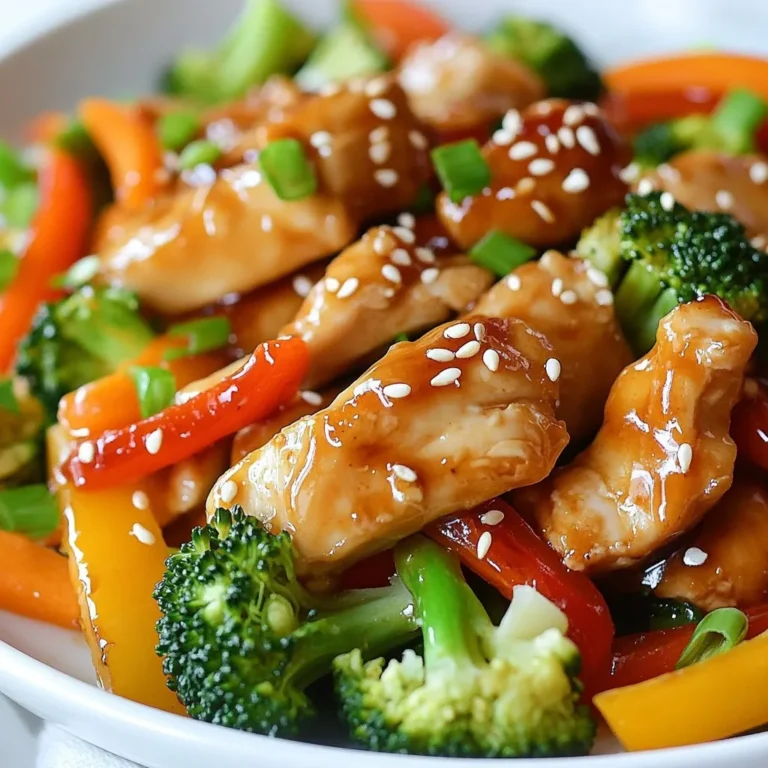 To make Honey Garlic Chicken Stir Fry, gather these simple items: - 1 pound chicken breast, thinly sliced - 2 tablespoons honey - 3 tablespoons soy sauce - 2 cloves garlic, minced - 1 inch piece of ginger, grated - 1 bell pepper (any color), sliced - 1 cup broccoli florets - 1 carrot, julienned - 2 tablespoons vegetable oil - 1 teaspoon sesame seeds (for garnish) - 2 green onions, chopped (for garnish) - Salt and pepper to taste When picking fresh produce, look for bright colors. The bell pepper should feel firm. Choose broccoli with tight florets. For carrots, pick those that are smooth and not soft. Fresh ginger should feel heavy and firm, with a strong aroma. These small details ensure your stir fry tastes great. You can swap out the chicken for shrimp or tofu for a different flavor. Use maple syrup instead of honey if you want a vegan option. For soy sauce, you can try tamari or coconut aminos if you're gluten-free. If you don’t have bell peppers, snap peas or zucchini work well too. These swaps keep the dish exciting and tasty! {{ingredient_image_1}} Start by slicing the chicken breast into thin strips. This helps it cook fast and evenly. Next, season the chicken with salt and pepper. This simple step adds flavor. In a small bowl, mix honey, soy sauce, minced garlic, and grated ginger. Stir until well combined. This sauce will give the chicken a sweet and savory taste. Set the sauce aside while you cook the chicken. Heat 1 tablespoon of vegetable oil in a large skillet or wok over medium-high heat. Once the oil is hot, add the sliced chicken. Stir-fry for about 5-7 minutes. You want the chicken to be cooked through and lightly browned. After the chicken is done, take it out of the skillet. Place it on a plate and cover it to keep it warm. In the same skillet, add another tablespoon of vegetable oil. Now, toss in the sliced bell pepper, broccoli florets, and julienned carrot. Stir-fry these vegetables for 3-4 minutes. Cook until they are tender-crisp, which keeps them vibrant and tasty. Now it’s time to bring everything together. Return the cooked chicken to the skillet. Pour the honey garlic sauce over the chicken and vegetables. Stir well to coat everything evenly. Cook for an additional 2-3 minutes until everything is heated through. Finally, take the skillet off the heat. Garnish with sesame seeds and chopped green onions. This adds a nice touch and extra flavor to your dish. Enjoy your honey garlic chicken stir fry! To get the best flavor in your Honey Garlic Chicken Stir Fry, use fresh ingredients. Fresh garlic and ginger make a big difference. They add a bright and bold taste to your dish. Don’t skip the honey! It adds sweetness and depth. Mix the sauce well before using it. This helps all the flavors blend together. For perfect texture, cut the chicken and veggies into similar sizes. This ensures they cook evenly. Use high heat when stir-frying. This keeps the chicken juicy and the veggies crisp. Don't overcrowd the pan. If you add too much, the food will steam instead of fry. Cook in batches if needed. One common mistake is not seasoning the chicken. Always add salt and pepper while cooking. Another mistake is overcooking the chicken. Cook just until it is no longer pink inside. Lastly, don’t forget to garnish! Sesame seeds and green onions add flavor and color. Pro Tips Marinate for Extra Flavor: Allow the chicken to marinate in the honey garlic sauce for at least 30 minutes before cooking to enhance the flavor. Veggie Variations: Feel free to mix and match your favorite vegetables or use frozen stir-fry mixes for convenience. High Heat is Key: Ensure your skillet or wok is hot enough to achieve a nice sear on the chicken and vegetables, which adds depth to the dish. Serving Suggestion: Serve over steamed rice or quinoa for a wholesome meal that soaks up the delicious sauce. {{image_2}} You can make this dish even better by adding more veggies. Try snap peas, zucchini, or mushrooms. These add crunch and color. You can mix and match based on what you have. Just cut them into bite-sized pieces. Add them when you cook the other veggies. This keeps them fresh and crisp. If you want to switch things up, use other proteins. Tofu works great for a vegetarian option. You can also use shrimp or beef. Just make sure the cooking time matches the protein. Thin slices of beef cook fast. For tofu, press it first to remove extra water. This helps it absorb the sauce better. Want some heat? Add red pepper flakes or sliced jalapeños to the mix. You can also use sriracha or chili paste in the sauce. Start with a small amount and taste. You can always add more, but you can't take it out! This will give your stir fry a fun kick. After you enjoy your honey garlic chicken stir fry, you may have some leftovers. First, let the dish cool down to room temperature. Next, place the leftovers in an airtight container. This helps keep the flavors fresh. Store the container in the fridge. Your meal will stay good for about three to four days. Always label the container with the date. This way, you will know how long it has been stored. When you’re ready to eat your leftovers, reheating is easy. You can use a microwave or a skillet. If using a microwave, put the food in a microwave-safe bowl. Cover it loosely to avoid splatter. Heat on high for one to two minutes. Stir halfway through for even heating. If you prefer a skillet, add a splash of water to keep it moist. Heat on medium until warm, stirring often. This keeps your chicken tender. If you want to save your honey garlic chicken stir fry for later, freezing is a great choice. First, let it cool completely. Then, place it in a freezer-safe bag or container. Make sure to remove as much air as possible. This helps prevent freezer burn. Label the bag with the date. Your meal can last up to three months in the freezer. When you're ready to eat it, thaw it overnight in the fridge before reheating. Yes, you can make this recipe in advance. Cook the chicken and veggies. After cooking, let them cool down. Store them in an airtight container in the fridge. You can keep it for up to three days. When you are ready to eat, just reheat it in a skillet. Add the honey garlic sauce to warm it up. This keeps the flavors fresh and tasty. I love to serve Honey Garlic Chicken Stir Fry with rice. White or brown rice works great. You can also serve it with noodles for a fun twist. If you want more veggies, try a side salad. Steamed dumplings make a nice addition too. These sides balance the meal and add more flavor. To adjust the spice level, you can add or remove ingredients. If you like heat, add red pepper flakes to the sauce. Start with a small amount and taste. For a milder dish, skip the red pepper. You can also add more honey for sweetness. This will calm down any spice. Always taste as you go to get it just right. You’ve learned about the key ingredients for the perfect Honey Garlic Chicken Stir Fry. I shared tips for selecting fresh produce and gave ingredient substitutions. You now know the cooking steps for chicken and vegetables, plus how to combine them. I included tips to enhance flavor and avoid common mistakes. You can even try variations with extra veggies or different proteins. Finally, I covered how to store leftovers properly. Now, you’re ready to create a dish that delights your taste buds!