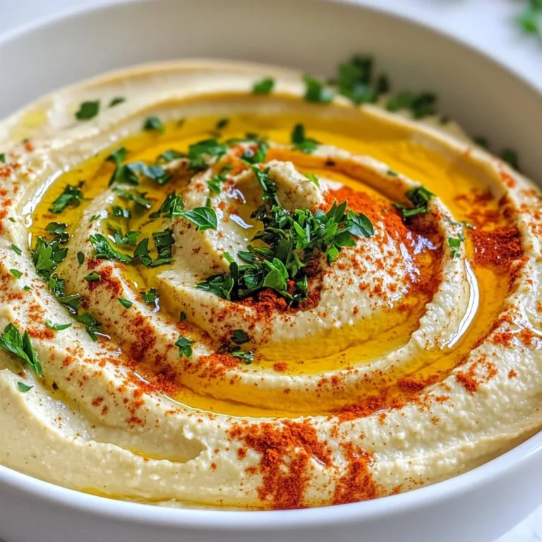 - 1 can (15 ounces) chickpeas, drained and rinsed - 1 head of garlic - 3 tablespoons tahini - 3 tablespoons olive oil, plus more for drizzling - 3 tablespoons lemon juice - 1 teaspoon ground cumin - Salt, to taste - Water, as needed - Fresh parsley, chopped (for garnish) - Paprika, for serving Roasted garlic hummus starts with simple and fresh ingredients. First, you need chickpeas. They are the base of this dish. I use one can that is about 15 ounces. Next, grab a head of garlic. Roasting garlic brings out its sweet flavor. You will also need tahini, which adds a creamy texture. Olive oil is key for richness. You will want three tablespoons of it. Fresh lemon juice adds brightness. You need about three tablespoons too. Ground cumin gives a nice earthy taste. A teaspoon will do. Don’t forget salt to bring out all the flavors. You may need water to make the hummus smooth. Lastly, fresh parsley adds color, and paprika gives a nice touch on top. These ingredients work together to create the best roasted garlic hummus. The blend of flavors makes it a perfect snack or dip. {{ingredient_image_1}} - Preheat the oven to 400°F (200°C). - Slice the top off the head of garlic to expose the cloves. - Drizzle olive oil over the cut surface. - Wrap the garlic in aluminum foil. - Roast for about 30-35 minutes until soft and caramelized. - Let it cool slightly before handling. Roasting garlic makes it sweet and soft. This adds a rich flavor to your hummus. The smell fills your kitchen and gets everyone excited for the snack! - In a food processor, combine the drained chickpeas and roasted garlic cloves. - Add the tahini, olive oil, lemon juice, ground cumin, and a pinch of salt. - Process the mixture until smooth. - Add water a tablespoon at a time to reach your desired consistency. - Taste and adjust seasoning by adding more salt or lemon juice as needed. This step is where the magic happens! The roasted garlic blends with chickpeas for a creamy, delightful mix. You can make it smooth or keep it a bit chunky, depending on your taste. - Transfer the hummus to a serving bowl. - Drizzle with a bit of olive oil. - Sprinkle paprika on top. - Garnish with chopped parsley. Presentation matters! A little drizzle of olive oil and a sprinkle of paprika make your dish look fancy. Serve it with pita bread or veggie sticks for a tasty treat. Enjoy! To get the best roasted garlic, start by preheating your oven to 400°F (200°C). Slice the top off the head of garlic. This will expose the cloves. Drizzle olive oil over the cut surface. Wrap it in aluminum foil. Roast for about 30-35 minutes. You know the garlic is ready when the cloves are soft and caramelized. If they look golden brown, you have done it right! For smooth hummus, blend the chickpeas and garlic well. Add water slowly, one tablespoon at a time. This helps reach the right consistency. If you like chunky hummus, blend less. Don’t forget, using water is key. It helps make the hummus creamy and spreadable. You can boost the flavor with some simple additions. Try adding herbs like fresh basil or mint. A dash of smoked paprika can also add depth. Balancing salt and acidity is important too. Taste your hummus as you go. Add lemon juice or salt to get the flavor just right. Pro Tips Roast Garlic for Depth: For a richer flavor, roast the garlic until it’s deeply caramelized. This enhances the sweetness and adds depth to your hummus. Adjust Consistency: If your hummus is too thick, add water a tablespoon at a time while blending until you achieve your preferred creaminess. Fresh Ingredients Matter: Use fresh lemon juice instead of bottled for the best flavor. Fresh ingredients elevate your dish significantly. Garnish for Appeal: Don’t skip the garnish! A drizzle of olive oil and a sprinkle of paprika not only enhance the presentation but also add extra flavor. {{image_2}} To make your roasted garlic hummus extra special, think about adding herbs. Fresh basil brings a nice touch. Sun-dried tomatoes add sweetness and a hint of tang. You could also spice things up! Smoked paprika gives a warm flavor, while cayenne adds heat. Adjust the spices to fit your taste. If you want a vegan option, you’re in luck! This recipe is already vegan. To make it gluten-free, just check your tahini and pita options. For those watching their salt, use low-sodium chickpeas and skip the added salt. This way, you can enjoy hummus without worrying. You can also explore international flavors. For a Middle Eastern twist, add tahini and more lemon juice. Try garnishing with olives or za'atar spice for extra flair. If you lean toward Mediterranean, consider adding roasted red peppers or feta cheese. These additions will take your hummus to new heights! To keep your hummus fresh, store it in an airtight container. Refrigerate it right after making. Homemade hummus lasts about 4 to 7 days in the fridge. Always check for any off smells before using. If you want to save some for later, freezing is a great option. Scoop the hummus into freezer-safe containers, leaving some space at the top. This allows for expansion. When you're ready to eat it, thaw it in the fridge overnight. To keep the taste great, stir in a bit of olive oil after thawing. Leftover roasted garlic can be stored in a small jar filled with olive oil. This keeps it fresh and tasty. You can use this garlic in many dishes. Try adding it to pasta, spreads, or dressings for extra flavor. Roasted garlic adds rich flavor and health benefits to hummus. Garlic has compounds that help lower blood pressure and boost immunity. It also has antioxidants that protect your cells. Chickpeas are high in protein and fiber. They help with digestion and keep you full longer. Together, roasted garlic and chickpeas make a nutritious snack. You can use raw garlic, but the flavor changes. Raw garlic is sharp and spicy. Roasted garlic is sweet and mellow. If you want a milder taste, stick with roasted. Both types have health benefits, but roasting makes garlic easier to digest. Choose the one that fits your taste better. You can find roasted garlic hummus at grocery stores. Popular brands include Sabra and Tribe. You can also check local markets or health food stores. Many places offer fresh homemade hummus. Look for brands that use quality ingredients. Check the labels for added flavors or preservatives. This article covered how to make delicious roasted garlic hummus. We discussed the key ingredients, step-by-step instructions, tips, variations, and storage methods. YouCan roast garlic for great flavor that beats raw. Adjust textures and flavors to suit your taste. Store your hummus properly for the best quality. With these easy steps, you can enjoy a tasty snack that’s both healthy and versatile. Now, grab your ingredients and get started on your hummus journey!