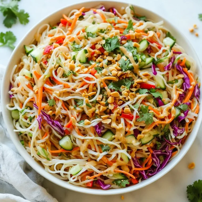 For a tasty Thai peanut noodle salad, you need: - 8 oz rice noodles - 1 cup shredded carrots - 1 red bell pepper, thinly sliced - 1 cup cucumber, julienned - 1 cup red cabbage, shredded - 1/2 cup green onions, chopped - 1/4 cup cilantro leaves, chopped - 1/2 cup unsalted roasted peanuts, chopped These ingredients add crunch, color, and nutrition. The rice noodles give a nice base. The veggies bring freshness and texture. To make the creamy peanut sauce, gather: - 1/4 cup creamy peanut butter - 2 tablespoons soy sauce - 1 tablespoon lime juice - 1 tablespoon honey or maple syrup - 1 teaspoon sesame oil - 1 tablespoon water (add more for consistency if needed) - 1/2 teaspoon grated ginger - 1 clove of garlic, minced - Red pepper flakes (to taste, optional) This sauce is rich and full of flavor. The peanut butter gives creaminess. Lime juice adds a bright kick, while ginger and garlic enhance the taste. To make your salad pop, consider these garnishes: - Extra chopped peanuts - More cilantro leaves - Lime wedges on the side These garnishes add visual appeal and extra flavor. A squeeze of lime can brighten each bite. Enjoy exploring these tasty options! {{ingredient_image_1}} Start by boiling water in a pot. Add 8 oz of rice noodles to the pot. Cook them as per the package instructions. This usually takes about 5 to 7 minutes. Be sure to stir the noodles often. Once they are soft, drain them in a colander. Rinse them under cold water to stop cooking. This step keeps the noodles firm. Set the noodles aside for later. Grab a medium bowl. Add 1/4 cup of creamy peanut butter to the bowl. Next, pour in 2 tablespoons of soy sauce and 1 tablespoon of lime juice. Add 1 tablespoon of honey or maple syrup for sweetness. Next, include 1 teaspoon of sesame oil, 1 tablespoon of water, 1/2 teaspoon of grated ginger, and 1 clove of minced garlic. Whisk all these ingredients together until the sauce is smooth. If the sauce is too thick, add more water, a teaspoon at a time. You want a nice, creamy texture. In a large mixing bowl, combine the cooked rice noodles with the veggies. Add 1 cup of shredded carrots, 1 thinly sliced red bell pepper, 1 cup of julienned cucumber, and 1 cup of shredded red cabbage. Toss in 1/2 cup of chopped green onions and 1/4 cup of chopped cilantro leaves. Pour the peanut sauce over this colorful mix. Toss everything gently to coat well. Chill the salad in the fridge for about 15 to 20 minutes. This helps the flavors mix together. Before serving, sprinkle 1/2 cup of chopped peanuts on top for a nice crunch. Toss it gently again, and enjoy your fresh, flavorful meal! To get the peanut sauce just right, start with creamy peanut butter. Mix all sauce ingredients in a bowl. If the sauce seems thick, add water one teaspoon at a time. Stir well after each addition. You want a smooth, pourable sauce. This sauce should coat the noodles well without being runny. Fresh herbs can boost the salad's taste. Cilantro adds a bright, fresh note. Add it right before serving for the best flavor. You can also try fresh mint or basil. These herbs can work wonders too. Just chop them finely and mix them in gently. Chilling the salad makes the flavors blend better. After mixing, cover the salad and place it in the fridge. Let it chill for 15 to 20 minutes. This waiting time helps the veggies stay crisp and fresh. You can even prepare it a few hours early for a quick meal. Just sprinkle the peanuts on top right before serving for extra crunch. Pro Tips Fresh Ingredients: Use fresh vegetables and herbs for the best flavor and texture in your salad. Adjusting Spice Level: If you prefer a milder sauce, reduce or omit the red pepper flakes, and taste as you go. Make Ahead: This salad can be made a few hours in advance, just add the peanuts right before serving to keep them crunchy. Experiment with Proteins: Add grilled chicken, shrimp, or tofu to make this salad a complete meal. {{image_2}} You can add protein to your Thai peanut noodle salad for more flavor and nutrition. Tofu is a great choice for a vegan option. Just press and cube it before sautéing until golden. Chicken adds heartiness. Cook it simply with salt and pepper, then slice it. Shrimp gives a nice touch too. Sauté shrimp until pink and tender. Each protein brings its own taste and texture to the dish. Feel free to mix in different vegetables for variety. Broccoli or snap peas add crunch and color. You can use bell peppers in many colors for extra sweetness. Snow peas or bean sprouts will give a fresh snap. Each vegetable can change the taste and feel of your salad, making it fun to experiment. If you need a vegan option, use maple syrup instead of honey in the sauce. For gluten-free, swap soy sauce for tamari. This keeps the same flavors while meeting dietary needs. Always check labels to ensure all ingredients are gluten-free. You get a delicious salad without compromise! To keep your Thai peanut noodle salad fresh, store it in an airtight container. Place the salad in the fridge right after serving. This will help keep the veggies crisp and the noodles tasty. Leftovers can last up to three days. If you notice any moisture, drain it before serving again. I do not recommend freezing this salad. The rice noodles and fresh veggies can become mushy. Instead, store the peanut sauce separately if you have extra. You can freeze the sauce in ice cube trays. This way, you can use it for future meals. When you are ready to eat leftovers, take them out of the fridge. If the salad seems dry, add a splash of water or lime juice to revive it. Toss the salad gently to mix everything. Serve it cold for the best taste. If you want to warm up the peanut sauce, heat it in a small pot over low heat. Stir it until it is smooth and warm. Keep it simple and enjoy! This Thai Peanut Noodle Salad is full of fresh veggies. The carrots, bell pepper, cucumber, and cabbage add vitamins and fiber. Each serving packs a punch of nutrients. The peanuts provide protein and healthy fats. This salad is light yet filling. You’ll feel satisfied without being heavy. It’s a great option for lunch or dinner. Yes, you can use other noodles! Rice noodles work well, but you have options. Try soba noodles for a nutty taste. You could also use whole wheat spaghetti for more fiber. Just cook them to the package's instructions, and you’re good to go. Mix and match for fun flavors and textures! The peanut sauce can last in the fridge for about a week. Store it in an airtight container. If it thickens, just add a little water to thin it out. This sauce is versatile; you can use it for dips or other dishes. Make a double batch and use it all week! This Thai Peanut Noodle Salad is a tasty mix of flavors and textures. You learned about its main ingredients, from the rice noodles to the peanut sauce. We covered easy steps for cooking and making the dish come together. I shared tips to improve the sauce and keep things fresh. You can also explore protein or veggie options to fit your taste. In the end, this salad is fun to make and enjoy. It’s healthy, versatile, and great for any meal. Try it out and have fun!