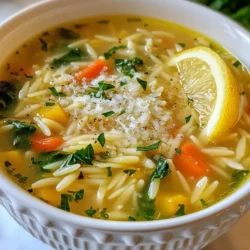 - 1 tablespoon olive oil - 1 small onion, diced - 2 cloves garlic, minced - 2 medium carrots, diced - 2 celery stalks, diced - 6 cups vegetable broth - 1 cup orzo pasta - 1 cup fresh spinach, chopped - Juice of 1 lemon - Zest of 1 lemon - 1 teaspoon dried thyme - Salt and pepper to taste For this soup, olive oil gives a great base. The onion and garlic add a nice aroma. Carrots and celery bring crunch and sweetness. Vegetable broth makes the soup hearty. Orzo pasta adds a bit of chewiness. Fresh spinach is bright and healthy. The lemon juice and zest give it a zesty kick. Thyme and seasoning bring all the flavors together. - Grated Parmesan cheese - Fresh parsley for garnish You can add grated Parmesan for a rich finish. Fresh parsley makes the soup look nice and adds flavor. - Alternative broths (chicken, beef) - Fresh vs. dried herbs If you want, use chicken or beef broth instead of vegetable broth. Fresh herbs taste great, but dried ones work too. Just use less if you choose dried herbs. {{ingredient_image_1}} - Heat 1 tablespoon of olive oil in a large pot over medium heat. - Add 1 small diced onion and sautΓ© for 3-4 minutes until itβs soft. - Stir in 2 minced garlic cloves, 2 diced medium carrots, and 2 diced celery stalks. - Cook these veggies for about 5 minutes. This makes them tender and tasty. - Pour in 6 cups of vegetable broth. Bring this mix to a boil. - Add 1 cup of orzo pasta to the pot. Lower the heat to a simmer. - Cook for 8-10 minutes until the orzo is soft. Stir often to prevent it from sticking. - Stir in 1 cup of chopped fresh spinach, the juice of 1 lemon, lemon zest, and 1 teaspoon of dried thyme. - Season with salt and pepper to taste. Cook for another 2-3 minutes until the spinach wilts. - Taste the soup. Adjust the flavor with more salt, pepper, or lemon if needed. - Serve the soup in deep bowls. Garnish with fresh parsley and a sprinkle of grated Parmesan cheese. - For a bright touch, add a lemon slice on the side. Enjoy your warm bowl of lemon orzo soup! To perfect your One Pot Lemon Orzo Soup, adjust the cooking times based on your stove. For a softer orzo, you can extend the simmering time by a few minutes. This will help the pasta soak in more flavor. To achieve maximum flavor, always start with fresh ingredients. SautΓ©ing the onion and garlic until they release their scent builds a strong base. Add the lemon juice and zest at the end for a bright taste. It makes the soup zing! Pair your soup with a crisp salad or some crusty bread. A side of garlic bread complements the lemony flavor perfectly. You can also serve it with a light and refreshing cucumber salad. For garnishes, fresh parsley adds color and flavor. Grated Parmesan cheese gives a rich touch. You can also add a slice of lemon on top for a pretty finish. If you want to scale the recipe, simply double the ingredients. Use a larger pot to hold everything. This soup is great for gatherings as it pleases many. When it comes to storage, keep leftovers in an airtight container. It lasts about three days in the fridge. To reheat, warm it on the stove over low heat. Add a splash of broth if it thickens too much. Pro Tips Use Fresh Ingredients: The flavor of your soup will greatly improve by using fresh vegetables and herbs. Fresh spinach and freshly squeezed lemon juice will elevate the taste. Cook Orzo Al Dente: To prevent the orzo from becoming mushy, cook it just until al dente. It will continue to soften as it sits in the hot soup. Adjust Seasoning: Before serving, always taste and adjust the seasoning. A pinch more salt or a dash of pepper can make a big difference. Make it a Meal: To turn this soup into a heartier meal, consider adding cooked chicken or chickpeas for added protein and texture. {{image_2}} You can add protein to your One Pot Lemon Orzo Soup for a heartier meal. Chicken works great. Simply add cooked, shredded chicken when you stir in the spinach. You can also use beans for a vegetarian option. They add protein and fiber, making the soup filling. Changing the herbs can also change the flavor. Try fresh dill or basil instead of thyme. Each herb gives a unique taste that brightens the soup. Experiment to find what you like best. If you need a gluten-free version, swap orzo for gluten-free pasta. Many brands offer tasty options that cook well in soup. Look for a small pasta shape to keep the texture similar. For a vegan option, make sure your broth is vegetable-based. You can skip the cheese and still enjoy rich flavors. Nutritional yeast can give a cheesy taste without dairy. Incorporating seasonal vegetables can make your soup even better. In spring, add peas or asparagus for a fresh crunch. In fall, try diced squash or sweet potatoes for warmth. Make adjustments based on the season. In winter, add root veggies like turnips or parsnips. Each season brings different flavors that can enhance your soup. Enjoy the variety! You can store leftovers of your one pot lemon orzo soup for about 3 to 4 days. To keep it fresh, let the soup cool to room temperature before putting it in the fridge. Use an airtight container to prevent any smells from other foods. When you're ready to enjoy it, just reheat on the stove or in the microwave. To freeze the soup, let it cool completely. Pour it into freezer-safe bags or containers. Leave some space at the top for expansion. This soup freezes well for up to 3 months. When you're ready to eat, thaw it in the fridge overnight. Reheat gently on the stove, adding a little broth or water if it's too thick. Look for signs of spoilage to ensure your soup is still good. If you see any mold or an off smell, itβs best to throw it away. If the soup looks fine and smells fresh, it should be safe to eat. Always trust your senses when checking food. What can I use instead of orzo? You can use any small pasta, like ditalini or acini di pepe. Quinoa or rice also work well, but adjust cooking times. They add great texture too. Can I make this soup in advance? Yes, you can make this soup ahead of time. Just let it cool and store it in the fridge. It tastes even better the next day! How to make it creamier? To make the soup creamier, stir in a bit of cream or milk after cooking. You can also add a dollop of sour cream or Greek yogurt before serving. Can I use fresh spinach? Absolutely! Fresh spinach adds bright color and flavor. Just toss it in at the end and let it wilt for a minute. What is the best broth to use? Vegetable broth works best for a light flavor. If you want a richer taste, use chicken broth. Both options will make your soup delicious! How to store lemon zest? Store lemon zest in an airtight container in the fridge. It stays fresh for about a week. You can also freeze it in small portions for later use. This blog post covered essential and optional ingredients for a flavorful soup. I shared tips for preparation, cooking, and serving. You learned about variations for different diets and seasons. I also provided guidance on storage, freezing, and answering common questions. In my final thoughts, remember that soup is versatile and fun. Use your favorite flavors and make it your own. Happy cooking!