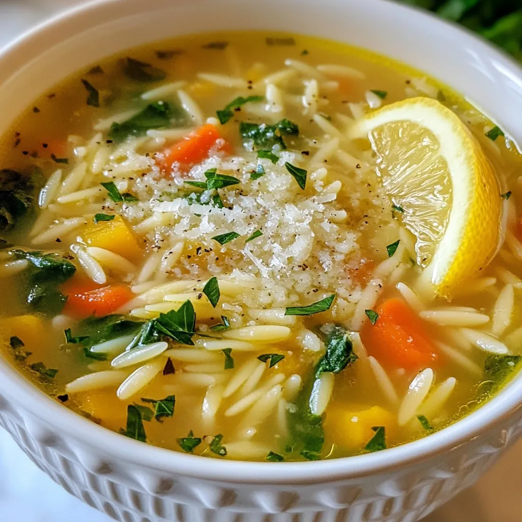 - 1 tablespoon olive oil - 1 small onion, diced - 2 cloves garlic, minced - 2 medium carrots, diced - 2 celery stalks, diced - 6 cups vegetable broth - 1 cup orzo pasta - 1 cup fresh spinach, chopped - Juice of 1 lemon - Zest of 1 lemon - 1 teaspoon dried thyme - Salt and pepper to taste For this soup, olive oil gives a great base. The onion and garlic add a nice aroma. Carrots and celery bring crunch and sweetness. Vegetable broth makes the soup hearty. Orzo pasta adds a bit of chewiness. Fresh spinach is bright and healthy. The lemon juice and zest give it a zesty kick. Thyme and seasoning bring all the flavors together. - Grated Parmesan cheese - Fresh parsley for garnish You can add grated Parmesan for a rich finish. Fresh parsley makes the soup look nice and adds flavor. - Alternative broths (chicken, beef) - Fresh vs. dried herbs If you want, use chicken or beef broth instead of vegetable broth. Fresh herbs taste great, but dried ones work too. Just use less if you choose dried herbs. {{ingredient_image_1}} - Heat 1 tablespoon of olive oil in a large pot over medium heat. - Add 1 small diced onion and sauté for 3-4 minutes until it’s soft. - Stir in 2 minced garlic cloves, 2 diced medium carrots, and 2 diced celery stalks. - Cook these veggies for about 5 minutes. This makes them tender and tasty. - Pour in 6 cups of vegetable broth. Bring this mix to a boil. - Add 1 cup of orzo pasta to the pot. Lower the heat to a simmer. - Cook for 8-10 minutes until the orzo is soft. Stir often to prevent it from sticking. - Stir in 1 cup of chopped fresh spinach, the juice of 1 lemon, lemon zest, and 1 teaspoon of dried thyme. - Season with salt and pepper to taste. Cook for another 2-3 minutes until the spinach wilts. - Taste the soup. Adjust the flavor with more salt, pepper, or lemon if needed. - Serve the soup in deep bowls. Garnish with fresh parsley and a sprinkle of grated Parmesan cheese. - For a bright touch, add a lemon slice on the side. Enjoy your warm bowl of lemon orzo soup! To perfect your One Pot Lemon Orzo Soup, adjust the cooking times based on your stove. For a softer orzo, you can extend the simmering time by a few minutes. This will help the pasta soak in more flavor. To achieve maximum flavor, always start with fresh ingredients. Sautéing the onion and garlic until they release their scent builds a strong base. Add the lemon juice and zest at the end for a bright taste. It makes the soup zing! Pair your soup with a crisp salad or some crusty bread. A side of garlic bread complements the lemony flavor perfectly. You can also serve it with a light and refreshing cucumber salad. For garnishes, fresh parsley adds color and flavor. Grated Parmesan cheese gives a rich touch. You can also add a slice of lemon on top for a pretty finish. If you want to scale the recipe, simply double the ingredients. Use a larger pot to hold everything. This soup is great for gatherings as it pleases many. When it comes to storage, keep leftovers in an airtight container. It lasts about three days in the fridge. To reheat, warm it on the stove over low heat. Add a splash of broth if it thickens too much. Pro Tips Use Fresh Ingredients: The flavor of your soup will greatly improve by using fresh vegetables and herbs. Fresh spinach and freshly squeezed lemon juice will elevate the taste. Cook Orzo Al Dente: To prevent the orzo from becoming mushy, cook it just until al dente. It will continue to soften as it sits in the hot soup. Adjust Seasoning: Before serving, always taste and adjust the seasoning. A pinch more salt or a dash of pepper can make a big difference. Make it a Meal: To turn this soup into a heartier meal, consider adding cooked chicken or chickpeas for added protein and texture. {{image_2}} You can add protein to your One Pot Lemon Orzo Soup for a heartier meal. Chicken works great. Simply add cooked, shredded chicken when you stir in the spinach. You can also use beans for a vegetarian option. They add protein and fiber, making the soup filling. Changing the herbs can also change the flavor. Try fresh dill or basil instead of thyme. Each herb gives a unique taste that brightens the soup. Experiment to find what you like best. If you need a gluten-free version, swap orzo for gluten-free pasta. Many brands offer tasty options that cook well in soup. Look for a small pasta shape to keep the texture similar. For a vegan option, make sure your broth is vegetable-based. You can skip the cheese and still enjoy rich flavors. Nutritional yeast can give a cheesy taste without dairy. Incorporating seasonal vegetables can make your soup even better. In spring, add peas or asparagus for a fresh crunch. In fall, try diced squash or sweet potatoes for warmth. Make adjustments based on the season. In winter, add root veggies like turnips or parsnips. Each season brings different flavors that can enhance your soup. Enjoy the variety! You can store leftovers of your one pot lemon orzo soup for about 3 to 4 days. To keep it fresh, let the soup cool to room temperature before putting it in the fridge. Use an airtight container to prevent any smells from other foods. When you're ready to enjoy it, just reheat on the stove or in the microwave. To freeze the soup, let it cool completely. Pour it into freezer-safe bags or containers. Leave some space at the top for expansion. This soup freezes well for up to 3 months. When you're ready to eat, thaw it in the fridge overnight. Reheat gently on the stove, adding a little broth or water if it's too thick. Look for signs of spoilage to ensure your soup is still good. If you see any mold or an off smell, it’s best to throw it away. If the soup looks fine and smells fresh, it should be safe to eat. Always trust your senses when checking food. What can I use instead of orzo? You can use any small pasta, like ditalini or acini di pepe. Quinoa or rice also work well, but adjust cooking times. They add great texture too. Can I make this soup in advance? Yes, you can make this soup ahead of time. Just let it cool and store it in the fridge. It tastes even better the next day! How to make it creamier? To make the soup creamier, stir in a bit of cream or milk after cooking. You can also add a dollop of sour cream or Greek yogurt before serving. Can I use fresh spinach? Absolutely! Fresh spinach adds bright color and flavor. Just toss it in at the end and let it wilt for a minute. What is the best broth to use? Vegetable broth works best for a light flavor. If you want a richer taste, use chicken broth. Both options will make your soup delicious! How to store lemon zest? Store lemon zest in an airtight container in the fridge. It stays fresh for about a week. You can also freeze it in small portions for later use. This blog post covered essential and optional ingredients for a flavorful soup. I shared tips for preparation, cooking, and serving. You learned about variations for different diets and seasons. I also provided guidance on storage, freezing, and answering common questions. In my final thoughts, remember that soup is versatile and fun. Use your favorite flavors and make it your own. Happy cooking!