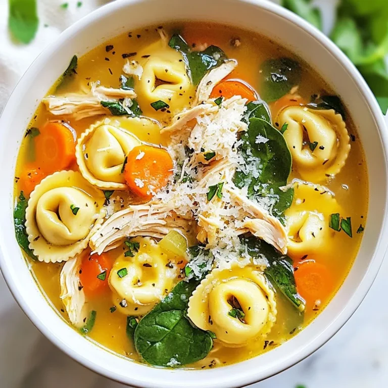 - 1 lb boneless, skinless chicken breasts - 1 tablespoon olive oil - 1 medium onion, chopped - 2 cloves garlic, minced - 3 carrots, diced - 2 celery stalks, diced - 4 cups chicken broth - 1 (9 oz) package cheese tortellini - 1 can (14.5 oz) diced tomatoes, undrained - 1 teaspoon Italian seasoning - Salt and pepper to taste - 2 cups fresh spinach - Grated Parmesan cheese for serving - Fresh parsley for garnish (optional) The chicken breasts form the heart of this soup. They provide a nice protein boost. I always choose boneless and skinless for easy shredding later. Olive oil adds flavor and helps in cooking the onions and garlic. I love the rich taste it brings. Onions and garlic are key for a great base, giving depth to the broth. Carrots and celery add texture and sweetness. They balance the savory notes of the broth. Diced tomatoes bring acidity, making the soup bright and tangy. Italian seasoning gives it that classic Italian flavor. A mix of herbs like oregano and basil makes this soup sing. Fresh spinach adds color and nutrients. It wilts quickly, adding freshness to each bowl. You can change things up based on what you have. Add different veggies like zucchini or bell peppers for more color and taste. Swap the cheese tortellini for other types, like spinach or mushroom tortellini. You can even use gluten-free tortellini if needed. For an extra kick, toss in some red pepper flakes or a splash of lemon juice. If you want a creamy soup, stir in some heavy cream or cream cheese right before serving. {{ingredient_image_1}} Start by gathering your ingredients. Chop one medium onion, mince two cloves of garlic, and dice three carrots and two celery stalks. Set your Instant Pot to the 'Sauté' function. Pour in one tablespoon of olive oil and let it heat up. Once hot, add the chopped onion. Sauté for about three to four minutes until the onion is soft and see-through. Next, stir in the minced garlic, diced carrots, and celery. Sauté these veggies for another three minutes. This step builds a great flavor base for your soup. Now, season one pound of boneless, skinless chicken breasts with salt and pepper. Nestle the chicken into the vegetable mixture. Pour in four cups of chicken broth and one can of undrained diced tomatoes. Add one teaspoon of Italian seasoning and stir everything together. Close the lid of the Instant Pot and set the valve to sealing. Cook on 'Manual' high pressure for eight minutes. Once the timer goes off, carefully turn the valve to venting for a quick release. This keeps the soup nice and hot. After releasing the pressure, take out the chicken breasts. Use two forks to shred the chicken. Return the shredded chicken to the pot. Add one package (nine ounces) of cheese tortellini and two cups of fresh spinach. Stir well and set the Instant Pot back to 'Sauté' for about five minutes. This cooks the tortellini and wilts the spinach. Taste the soup and adjust the seasoning if needed. Serve hot, topped with grated Parmesan cheese and fresh parsley if you like. Enjoy your delicious Instant Pot Chicken Tortellini Soup! To shred chicken well, start with cooked, warm chicken. I find using two forks works best. Hold one fork steady and use the other to pull apart the chicken. Shred it into bite-sized pieces. If you want smaller pieces, chop with a knife after shredding. This chicken adds great texture to your soup. To boost the flavor, add fresh herbs like basil or thyme. You can also squeeze in some lemon juice for brightness. If you like spice, try adding red pepper flakes. For a richer taste, use homemade chicken broth. Always taste the soup before serving. Adjust salt and pepper to your liking for the best results. One mistake is overcooking the chicken. Eight minutes is perfect for tender chicken. Another error is skipping the sauté step. Sautéing the veggies first builds a great base for flavor. Don't forget to vent the pot quickly after cooking! This helps keep the tortellini from becoming mushy. Avoid these mistakes for a perfect soup every time. Pro Tips Use Fresh Ingredients: Fresh vegetables and herbs will enhance the flavor of your soup. Always choose fresh spinach and high-quality chicken broth for the best results. Cook Tortellini Separately: If you prefer your tortellini to have a firmer texture, consider cooking it separately in boiling water and adding it to the soup just before serving. Adjust Seasoning: Taste your soup before serving and adjust the seasoning as needed. A little extra salt or Italian seasoning can make a big difference in flavor. Make It Creamy: For a creamier soup, stir in some heavy cream or half-and-half after cooking. This adds richness and a lovely texture. {{image_2}} You can make this soup vegetarian by swapping out the chicken. Use 1 can of chickpeas or 1 cup of diced tofu instead. These options add protein and texture. You can also increase the amount of veggies. Try adding bell peppers, zucchini, or mushrooms for extra flavor. This change keeps the soup hearty and satisfying. If you prefer another meat, consider turkey or sausage. Ground turkey works well. Brown it in the pot before adding vegetables. For sausage, use links or crumbles for a spicy kick. Both options will change the flavor but still fit nicely in the soup. You can adjust the soup for different diets. For gluten-free needs, use gluten-free tortellini. Check labels to ensure they fit your diet. If you're watching sodium, use low-sodium broth and tomatoes. For dairy-free diets, skip the cheese or use a vegan substitute. These swaps make the soup accessible for everyone. To store leftovers, first let the soup cool down. Then, pour the soup into an airtight container. Make sure to leave some space at the top for expansion. Seal the container tightly and store it in the fridge. Leftover soup lasts about three to four days. When you are ready to eat, reheat the soup on the stove. Pour the soup into a pot and heat over medium heat until warm. Stir often to heat evenly. You can also use a microwave. Transfer the soup to a microwave-safe bowl. Heat for one to two minutes, stirring halfway through. To freeze the soup, use a freezer-safe container. Leave some space at the top for the soup to expand. The soup can be frozen for up to three months. When you want to eat it, thaw the soup overnight in the fridge. Then reheat it on the stove or in the microwave. Yes, you can use frozen tortellini in this soup. Add the frozen tortellini directly to the pot. You may need to cook it a bit longer to ensure it's fully heated. This makes the meal even easier. Frozen tortellini saves time and still tastes great in the soup. You can add cooked beans, diced ham, or cooked sausage for extra protein. Chickpeas also work well. If you want to keep it simple, just add more chicken. This adds flavor and makes the soup heartier too. This soup lasts for about 3 to 4 days in the fridge. Store it in an airtight container for best results. Reheat it on the stove or in the microwave. If you want to keep it longer, consider freezing it. This article covered key ingredients for your dish, step-by-step cooking, and helpful tips. You learned how to customize with different ingredients and store leftovers effectively. Don’t forget the cooking mistakes to avoid! With these insights, you can make a tasty soup everyone will enjoy. Experiment with flavors and options that suit your taste. Enjoy creating and sharing this dish with family and friends!