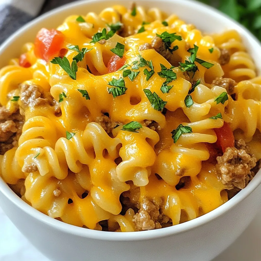 - 1 lb ground beef - 1 medium onion, diced - 3 cloves garlic, minced - 1 bell pepper, diced (any color) - 1 teaspoon Worcestershire sauce - 2 cups beef broth - 12 oz elbow macaroni - 1 cup shredded cheddar cheese - 1 cup milk - 1 tablespoon tomato paste - Salt and pepper to taste - 1 teaspoon paprika - Fresh parsley, chopped (for garnish) You will need one pound of ground beef. This is the main protein. A medium onion adds flavor and sweetness. Use three cloves of garlic for a nice kick. One bell pepper adds color and crunch. Worcestershire sauce gives that classic cheeseburger taste. Two cups of beef broth keep the dish rich and hearty. You will need twelve ounces of elbow macaroni for the pasta base. One cup of shredded cheddar cheese makes it creamy. One cup of milk helps blend the flavors. A tablespoon of tomato paste adds depth. Salt and pepper will enhance the taste, while paprika adds warmth. Finally, fresh parsley is great for a touch of freshness. To make this dish even tastier, consider adding some fun extras. Try a splash of hot sauce for heat. Chopped pickles can give a nice crunch. You can also add diced tomatoes for freshness. For a smoky flavor, smoked paprika works well. If you're a fan of spices, consider adding chili powder or cumin. Each of these ingredients can elevate your One-Pot Cheeseburger Pasta in a unique way. {{ingredient_image_1}} First, get a large pot and place it on medium heat. Add 1 lb of ground beef. Use a spatula to break it apart into small pieces. Cook for about 5 to 7 minutes. You want it to turn brown and crumbly. If there is extra fat, drain it off. This keeps the dish from being too greasy. Next, add in the diced onion, minced garlic, and bell pepper. I like to use any color bell pepper, as it adds a nice touch. Sauté these veggies for 3 to 4 minutes. This makes them soft and fragrant. Then stir in 1 teaspoon of Worcestershire sauce, 2 cups of beef broth, and 1 tablespoon of tomato paste. Sprinkle in 1 teaspoon of paprika, along with salt and pepper to taste. Mix it well, and let it simmer for a moment. Now, it’s time to add the elbow macaroni. You need 12 oz for this dish. Bring the mixture to a boil. After it boils, lower the heat to a simmer. Cover the pot and let it cook for about 10 to 12 minutes. Stir it occasionally to prevent sticking. The pasta should be tender, and most of the liquid will be absorbed. Once done, take the pot off the heat. Stir in 1 cup of milk and 1 cup of shredded cheddar cheese. Mix until it’s melted and creamy. Taste and adjust the seasoning if needed. Let it sit for a couple of minutes before serving. Garnish with chopped fresh parsley for a nice look. To get that nice creamy texture, use full-fat milk. You can also add more cheese. Stir it in slowly after cooking. Let it melt well for the best results. This makes the dish rich and smooth. If you like it spicy, add a pinch of cayenne pepper. You can also use more paprika for a smoky flavor. For milder tastes, skip the paprika or use less. Always taste as you go to find the right balance for you. Choose a large, shallow bowl for serving. This allows everyone to scoop easily. You can also use clear glass dishes to show off the colorful layers. Add some fresh parsley on top for a nice touch. It makes the dish look even more inviting! Pro Tips Choose Lean Meat: Using lean ground beef helps reduce excess fat and makes the dish lighter without compromising on flavor. Customize Your Veggies: Feel free to add or substitute your favorite vegetables like zucchini or spinach for added nutrition and color. Cheese Variations: Experiment with different cheeses such as mozzarella or pepper jack for a unique twist on the classic cheeseburger flavor. Leftovers Tip: Store any leftovers in an airtight container in the fridge for up to three days, and reheat gently on the stove with a splash of milk. {{image_2}} You can switch up the protein in this dish. Ground turkey or chicken works well. They both add a lighter taste. If you like sausage, try Italian sausage for a spicy kick. Just cook it the same way as the beef. You can also use cooked bacon for a smoky flavor. It’s all about what you enjoy! To make this dish vegetarian, you can use meat substitutes. Try lentils or plant-based ground meat. They add great texture and flavor. You can also pack in more veggies. Add mushrooms, zucchini, or spinach for extra nutrients. This option keeps the comfort of the pasta while being meat-free. If you want a different cheese, go for it! Pepper jack cheese adds a nice kick. Cream cheese makes the dish super creamy. For a lighter option, use reduced-fat cheese. Nutritional yeast is a great choice too, giving a cheesy flavor without dairy. Choose what suits your taste! To keep your One-Pot Cheeseburger Pasta fresh, first let it cool. Then, place it in an airtight container. Store it in the fridge for up to three days. If you want to enjoy it later, use a freezer-safe container. This way, it can last for up to three months. Just make sure to label the container with the date. When you're ready to eat, take the pasta out of the fridge or freezer. If frozen, let it thaw in the fridge overnight. To reheat, place the pasta in a pot over medium heat. Add a splash of milk to help it stay creamy. Stir it often until it's hot, about 5-7 minutes. You can also use the microwave. Heat it in a microwave-safe bowl for about 2-3 minutes. Stir halfway through to heat evenly. Freezing One-Pot Cheeseburger Pasta is simple. Portion it into smaller containers for easy meals later. Make sure to cool it down before freezing. This helps keep its taste and texture. To thaw, place it in the fridge overnight. Always reheat it thoroughly to make sure it’s safe to eat. Enjoy your tasty meal anytime! Yes, you can make One-Pot Cheeseburger Pasta ahead of time. Just cook it fully, let it cool, and store it in an airtight container. It will last in the fridge for about 3 days. When you're ready to eat, reheat it on the stove or microwave. You can serve this dish with a fresh side salad. A simple green salad works well. Garlic bread is also a great choice. It adds a nice crunch. If you want something warm, serve it with steamed veggies. To make One-Pot Cheeseburger Pasta gluten-free, use gluten-free elbow macaroni. Check the beef broth label to ensure it is gluten-free. You can also add more veggies for added texture. This way, you keep the dish tasty while meeting dietary needs. This post covered how to make One-Pot Cheeseburger Pasta with ease. We explored key ingredients, cooking steps, and helpful tips to enhance flavor and texture. Remember, you can adjust spices and add your favorite proteins to make it your own. Store leftovers properly to enjoy them later. Whether you serve it as a quick meal or a dish for guests, this recipe is sure to please. Enjoy your cooking and have fun experimenting!