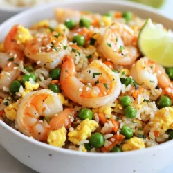 - 1 cup cooked rice (preferably day-old) - 200g shrimp, peeled and deveined - 2 tablespoons vegetable oil - 1 small onion, finely chopped - 2 cloves garlic, minced - 1 carrot, diced - 1 cup frozen peas - 2 green onions, chopped - Salt and pepper to taste - 3 tablespoons soy sauce (or tamari for gluten-free) - 1 tablespoon sesame oil - 2 eggs, lightly beaten Using day-old rice is key. It helps avoid mushy fried rice. Freshly cooked rice often clumps together. I always keep leftover rice in the fridge for quick meals. For the shrimp, choose peeled and deveined ones. This saves time and makes cooking easy. I love using a mix of fresh and frozen veggies. They add color and crunch. Green onions are a must for topping. They add a fresh taste that brightens the dish. Always taste your dish before serving. Adjust salt and pepper to your liking. Soy sauce gives a salty depth. You can use tamari if you want it gluten-free. The sesame oil adds a rich, nutty flavor. Now, let’s get cooking! Gather these ingredients, and you are ready to make a quick and delicious meal. {{ingredient_image_1}} - Prepare the Ingredients: Start by measuring and chopping all your ingredients. This helps the cooking go fast. Use day-old rice if you can. It is dryer and fries better. Have everything ready so you can move quickly. - Cook the Shrimp: Heat 1 tablespoon of vegetable oil in a large skillet over medium-high heat. Add the shrimp in a single layer. Sprinkle a little salt and pepper on top. Cook for 2-3 minutes until they turn pink and opaque. Remove them and set aside. - Sauté Aromatics: In the same skillet, add the other tablespoon of oil. Toss in the chopped onion and minced garlic. Sauté for about 1-2 minutes until they smell good and the onion looks clear. - Add Vegetables: Next, stir in the diced carrot and frozen peas. Cook for another 3-4 minutes until the carrots are soft and the peas are warm. - Incorporate the Rice: Now, add the cooked rice to the skillet. Break up any clumps with a spatula. Stir everything for about 2 minutes. You want the rice to mix well and heat through. - Scramble the Eggs: Push the rice mixture to one side of the skillet. Pour the beaten eggs into the empty side. Scramble them gently until they are fully cooked. Then mix them into the rice. - Season the Dish: It’s time to add the shrimp back into the skillet. Drizzle in the soy sauce and sesame oil. Stir everything well to combine. Cook for one extra minute to let the flavors mix. - Finish with Green Onions: Remove the skillet from heat. Stir in the chopped green onions. Taste and adjust seasoning with salt and pepper if you need to. - Serving Suggestions: Serve the fried rice in a large bowl. You can garnish with extra green onions or sprinkle some sesame seeds on top. A lime wedge on the side adds a nice touch. - Best Rice to Use: For the best fried rice, use day-old rice. This rice is drier and less sticky than fresh rice. It helps each grain stay separate. If you don’t have day-old rice, spread fresh rice on a baking sheet to cool. This makes it less sticky. - Heat Management: Use high heat to cook shrimp and veggies quickly. Heat your pan before adding oil. This helps sear the shrimp, keeping them juicy. When you add vegetables, stir them often. This ensures they cook evenly without burning. - Spice it Up: Want more heat? Add chili flakes or a dash of hot sauce. This brings a kick to your fried rice. Adjust the spice to your taste. A little goes a long way! - Extra Garnishes: Finish your dish with toppings for extra flavor. Sprinkle sesame seeds on top for crunch. A lime wedge adds brightness and zest. These small touches make a big difference in taste and presentation! Pro Tips Use Day-Old Rice: Using rice that has been cooked and cooled a day prior helps to achieve the perfect texture. It’s less sticky and fries up nicely without clumping. Don’t Overcrowd the Pan: Cook shrimp in batches if necessary. Overcrowding can lead to steaming instead of frying, which affects the shrimp's texture. Customize with Veggies: Feel free to add or substitute with your favorite vegetables, such as bell peppers or corn, to suit your taste and make the dish more colorful. Adjust the Soy Sauce: Start with less soy sauce and adjust according to your preference. You can always add more, but you can't take it away once it's in! {{image_2}} Chicken Fried Rice: You can easily swap shrimp for chicken in this dish. Use about 200g of diced chicken breast. Cook it in the same way as the shrimp. Season it well with salt and pepper. Ensure the chicken cooks fully before moving on to the next steps. This change gives you a hearty and satisfying meal. Vegetarian Option: If you want a meat-free meal, skip the shrimp. Instead, add more veggies or tofu. Use about 1 cup of mixed vegetables like bell peppers, broccoli, or snap peas. You can also add 200g of firm tofu. Cut the tofu into cubes and sauté it until golden. This keeps the dish colorful and packed with nutrients. Fried Rice with Pineapple: For a sweet twist, add pineapple. Use about 1 cup of fresh or canned pineapple chunks. Add them when you include the vegetables. This change brings a tropical taste that brightens the dish. Curry Shrimp Fried Rice: To spice things up, add curry powder. Use about 1-2 teaspoons when you sauté the onions and garlic. This addition gives the dish a warm, rich flavor. It’s a unique take that many will love. To keep your shrimp fried rice fresh, store it in an airtight container. This will prevent moisture loss and keep it tasty. Make sure it cools down to room temperature before sealing it. Place the container in the fridge. It can last for up to three days. If you want to keep it longer, consider freezing it. Just make sure to label the container with the date. This helps you know how long it has been stored. For the best taste, reheat your fried rice on the stovetop. Place a bit of oil in a pan. Heat it over medium heat, then add the rice. Stir it often to heat evenly. This method keeps the rice fluffy. If you prefer the microwave, use a microwave-safe bowl. Add a splash of water to keep it moist. Cover the bowl with a lid or wrap. Heat in short bursts, stirring in between. This way, the rice warms up without drying out. How long does shrimp fried rice last in the fridge? Shrimp fried rice lasts about 3 to 4 days in the fridge. Store it in an airtight container to keep it fresh. When reheating, make sure it reaches a safe temperature. Can I use fresh shrimp instead of frozen? Yes, you can use fresh shrimp. Fresh shrimp may taste better, but ensure it is properly cleaned and cooked. Just adjust the cooking time as fresh shrimp cooks faster. What type of rice is best for fried rice? Day-old rice is best for fried rice. It has less moisture, which helps it fry better. If you don’t have day-old rice, spread freshly cooked rice on a tray to cool before using it. Can I make shrimp fried rice without soy sauce? Absolutely! You can skip soy sauce and use tamari for gluten-free options. Try using coconut aminos or even a splash of lime juice for flavor. Shrimp fried rice is simple and tasty when you follow these steps. You learned about key ingredients and how to cook them just right. Remember to use day-old rice for the best texture. Feel free to add your twist with spices or different proteins. By storing leftovers correctly, you can enjoy this dish later. Keep experimenting with flavors and enjoy your cooking journey!