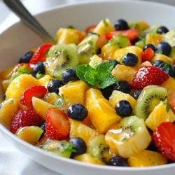 For this Honey Lime Fruit Salad, I love using a mix of fresh fruits. They add color and flavor. Here’s what you need: - 1 cup diced pineapple - 1 cup diced strawberries - 1 cup diced kiwi - 1 cup blueberries - 1 ripe banana, sliced Each fruit brings its unique taste. Pineapple adds sweetness, while strawberries give a tart twist. Kiwi adds a fun green pop, and blueberries are juicy little bursts. The banana ties it all together with its creamy texture. The dressing is simple but packs a punch. You will need: - 2 tablespoons honey - 2 tablespoons fresh lime juice - Zest of 1 lime Mixing honey with lime juice creates a sweet and tangy flavor. The zest adds a nice kick. This dressing makes the fruit shine. To make your salad look fresh and bright, use: - Fresh mint leaves Mint leaves not only look nice, but they also add a cool flavor. Just sprinkle them on top before serving, and your salad will pop! {{ingredient_image_1}} First, let’s get our fruits ready. Start by dicing the pineapple, strawberries, and kiwi. Use a sharp knife for clean cuts. For the banana, just slice it into rounds. Make sure all pieces are about the same size. This helps the salad look nice and makes it easy to eat. Now, let’s make the dressing. In a small bowl, add two tablespoons of honey. Next, squeeze fresh lime juice into the bowl. You’ll also need the zest from one lime. Use a whisk to mix these together. Keep whisking until the mixture is smooth and well combined. In a large mixing bowl, combine all the prepared fruits. Pour the honey lime dressing over the fruits. Gently toss everything with a spoon or spatula. Make sure all the fruits are coated with the dressing. This step is key for flavor. Allow the salad to rest for about ten minutes. This lets the flavors blend well together. When making a honey lime fruit salad, choose seasonal fruits. Fresh fruits taste best and are full of flavor. For example, berries are great in summer, while citrus shines in winter. Check ripeness too. A ripe banana is soft and sweet. A ripe kiwi gives slightly when you press it. You can always mix in other fruits. Try mango or peach for a fun twist. If you want more sweetness, add a bit more honey. If the lime taste is too strong, reduce the lime juice. Taste as you go to find your perfect mix. Presentation matters! Serve in clear bowls to show off the colors. You can also layer the fruits for a stunning look. Pair this fruit salad with grilled chicken or fish for a light meal. It’s also great at brunch with pancakes or yogurt. Pro Tips Use Fresh Fruits: Always opt for the freshest fruits available for the best flavor and texture in your salad. Chill Before Serving: Refrigerate the salad for about 30 minutes before serving to enhance the flavors and serve it cold. Experiment with Fruits: Feel free to add or substitute other seasonal fruits like mango or raspberries for variety. Mind the Bananas: Add banana slices just before serving to prevent them from browning and losing their texture. {{image_2}} You can swap fruits for tropical options in your fruit salad. Try using mango, papaya, or coconut. These fruits add a sweet and juicy twist. They also bring bright colors to your dish. This makes the salad even more fun to eat! Want to make your salad more filling? You can add yogurt or nuts. Greek yogurt gives a creamy texture and protein boost. You can also sprinkle nuts like almonds or walnuts on top. This adds crunch and flavor. Plus, the nuts pair well with the honey lime dressing. You can include herbs like basil for a fresh twist. Chopped basil adds a pop of flavor and a unique taste. This makes your fruit salad stand out. You can also use mint if you want a cool flavor. Both herbs work well with the honey lime mix! Store your honey lime fruit salad in airtight containers. This helps keep the fruits fresh. I recommend using glass or plastic containers with tight seals. Place the salad in the fridge right after serving. This keeps the fruits crisp and juicy. Your prepared fruit salad will last about three days in the fridge. After that, the fruits may start to lose their texture. It's best to enjoy the salad within two days for optimal taste. You cannot freeze this salad. Freezing changes the texture of the fruits. When thawed, they can become mushy and watery. Enjoy your honey lime fruit salad fresh for the best experience! Yes, you can use different types of honey. Each type has a unique flavor. - Raw honey: This honey is pure and unprocessed. It has a strong, rich taste. - Clover honey: This honey is mild and sweet. It pairs well with many fruits. - Wildflower honey: This honey has a complex flavor. It can vary by season and location. Choosing the right honey can change the taste of your salad. Experiment to find your favorite! If you lack fresh limes, don’t worry! You have options. You can use bottled lime juice. Look for 100% juice without added sugar. Another choice is to use lemon juice. It gives a similar tangy flavor. Just remember, lemon is a bit sweeter. You can also try vinegar. Apple cider vinegar adds a different twist. Use it sparingly to avoid overpowering the fruits. Yes, this salad works well for meal prep! You can prepare it in advance. Just keep a few tips in mind. - Cut fruits ahead: Dice the pineapple, strawberries, kiwi, and banana. - Mix the dressing: Whisk the honey and lime juice separately. - Combine before serving: Toss the fruits with dressing just before eating. This helps keep the fruits fresh and crunchy. Store it in an airtight container in the fridge. Enjoy your tasty salad all week! This post shared how to make a delicious fruit salad. We explored fresh fruits like pineapple, strawberries, and bananas. I detailed how to create a tasty honey lime dressing and offered tips for garnishing with mint. Remember to choose ripe, seasonal fruits for the best flavor. You can mix and match for fun variations. This salad is perfect for meal prep and sure to impress. Enjoy your creation and share it with friends!