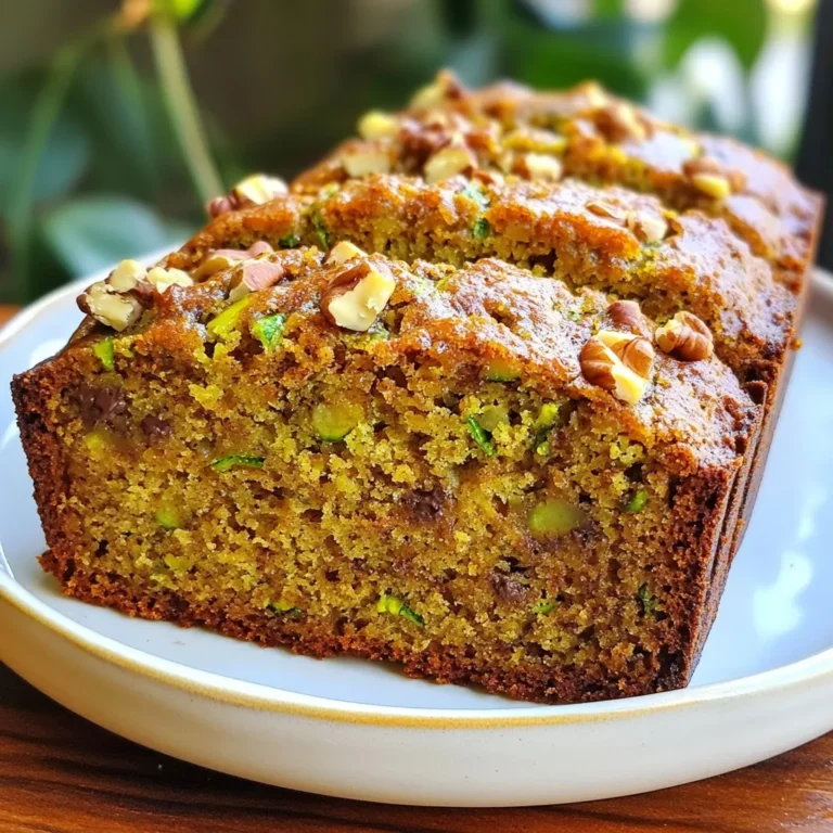 This recipe for zucchini bread shines with simple yet key ingredients. Here’s what you need: - 2 medium zucchinis, grated - 1 cup all-purpose flour - 1 cup whole wheat flour - 1 cup granulated sugar - 1/2 cup brown sugar, packed - 1 teaspoon baking soda - 1 teaspoon baking powder - 1 teaspoon ground cinnamon - 1/2 teaspoon nutmeg - 1/2 teaspoon salt - 3 large eggs - 1/2 cup vegetable oil - 2 teaspoons vanilla extract - 1/2 cup chopped walnuts or pecans (optional) - 1/2 cup chocolate chips (optional) Zucchini adds moisture and a touch of sweetness. The mix of flours gives a nice texture. The sugars create a balance of sweetness. Baking soda and powder help the bread rise. Spices like cinnamon and nutmeg add warmth and depth. Eggs bind everything together, while oil keeps it moist. You can swap out some ingredients if needed. Here are a few ideas: - Flour: Use all-purpose flour only or try gluten-free blends. - Sugar: Coconut sugar or honey work well as alternatives. - Oil: Applesauce or melted coconut oil can replace vegetable oil. - Eggs: Use flaxseed meal mixed with water for a vegan option. These changes still yield tasty bread. Just keep the ratios similar for best results. Want to customize your bread? Here are a few fun add-ins: - Nuts: Chopped walnuts or pecans add crunch and flavor. - Chocolate chips: A sweet touch that makes it extra special. - Dried fruit: Raisins or cranberries can add sweetness and texture. - Zest: Lemon or orange zest brings a fresh twist. Feel free to mix and match. These add-ins allow you to make this zucchini bread your own! {{ingredient_image_1}} First, you need to set your oven to 350°F (175°C). This heat level helps the bread bake evenly. Next, grab a 9x5 inch loaf pan. You can grease it with butter or oil. Alternatively, line it with parchment paper for easy removal later. In a large mixing bowl, add the grated zucchini. Include both the granulated sugar and brown sugar. Let the mixture sit for about 10 minutes. This step is key, as it helps release the zucchini's moisture. After that, crack in three large eggs. Pour in the vegetable oil and add the vanilla extract. Use a whisk to mix everything well. It should look smooth and combined. Take another bowl and add the all-purpose flour and whole wheat flour. Then, add the baking soda, baking powder, ground cinnamon, nutmeg, and salt. Whisk these dry ingredients together. This step ensures even distribution of the leavening agents and spices. Now, gently add the dry mix to the wet ingredients. Stir just until they combine. Be careful not to overmix, as this can make the bread tough. If you like, fold in the chopped nuts or chocolate chips at this point. Pour the batter into your prepared loaf pan. Smooth the top with a spatula. Bake the bread for about 55-65 minutes. Check doneness by inserting a toothpick into the center. If it comes out clean, your bread is ready! Let it cool in the pan for about 10 minutes. Finally, transfer it to a wire rack to cool completely. Enjoy your delicious zucchini bread! To make the best zucchini bread, start with fresh zucchinis. Look for firm ones with shiny skin. Grate them using a box grater or food processor. Don't peel the skin; it adds color and nutrients. Let the grated zucchini sit with the sugars for ten minutes. This step helps draw out moisture. It also enhances the flavor. Use a mix of all-purpose and whole wheat flour for a nice balance. A common mistake is overmixing the batter. This can make the bread tough. Stir just until the wet and dry ingredients combine. Another mistake is not measuring the flour correctly. Too much flour can lead to a dry loaf. Be careful not to skip the cooling step. Letting the bread cool in the pan for ten minutes keeps it from breaking apart. For a moist texture, use enough oil and eggs. The vegetable oil keeps it tender. You can also add yogurt or applesauce for extra moisture. If you want a lighter bread, try using a mix of baking soda and baking powder. This helps the bread rise well. Lastly, don’t forget to fold in nuts or chocolate chips for extra flavor and texture. Pro Tips Grating Zucchini: Make sure to grate the zucchini finely to ensure it incorporates well into the batter and keeps the bread moist. Moisture Control: After grating, you can squeeze out excess moisture from the zucchini if you prefer a denser bread, but retaining some moisture will help keep it soft. Mixing: Be careful not to overmix the batter; mix just until combined for a lighter, fluffier bread. Add-ins: Feel free to get creative with add-ins like dried fruits or spices to customize the flavor of your zucchini bread! {{image_2}} You can boost the taste of your zucchini bread by adding spices. Try a pinch of cardamom for a warm kick. You can also mix in a teaspoon of ginger for a nice zing. If you love vanilla, add more vanilla extract for a sweeter flavor. Another option is to sprinkle in some cocoa powder. This will give a rich taste that pairs well with zucchini. To make this bread vegan, swap the eggs for flax eggs. Mix one tablespoon of flaxseed meal with three tablespoons of water. Let it rest for a few minutes until it thickens. For gluten-free bread, use a gluten-free flour blend instead of regular flour. Check the blend to ensure it has a good balance of starches and protein. Both options keep the bread moist and tasty. Get creative with your add-ins! You can mix in shredded carrots for added sweetness and nutrition. Dried fruits like raisins or cranberries can also add a nice chew. If you like nuts, try pistachios or almonds for a different crunch. For a chocolatey twist, mix in dark chocolate chips. Each of these variations makes your zucchini bread unique and fun! To keep your zucchini bread fresh, wrap it well. Use plastic wrap or aluminum foil. Store it at room temperature for up to three days. If you want to keep it longer, refrigerate it. This will help it last for about a week. Remember to let it cool completely before wrapping. This keeps moisture in and prevents sogginess. Freezing zucchini bread is easy. First, let the bread cool down. Then, slice it into pieces. Wrap each slice in plastic wrap tightly. Place the wrapped slices in a freezer bag. Remove as much air as possible before sealing. You can store it in the freezer for up to three months. When you're ready to enjoy, just thaw it in the fridge overnight. To reheat zucchini bread, you have a few options. For the best taste, use an oven. Preheat it to 350°F (175°C). Place the bread on a baking sheet for about 10-15 minutes. This warms it up nicely without drying it out. If you're in a hurry, use a microwave. Heat each slice for about 20-30 seconds. Just be careful not to overheat it, or it might become rubbery. Enjoy your warm zucchini bread! Yes, you can use frozen zucchini. Just make sure to thaw it first. After thawing, drain any extra water. This helps keep the bread from getting soggy. Frozen zucchini works well and saves prep time. Check if the bread is done by using a toothpick. Insert it into the center of the loaf. If it comes out clean, your bread is ready. If it has wet batter on it, give it more time. Baking takes about 55 to 65 minutes. You can use honey or maple syrup instead of sugar. If you want a low-calorie option, try stevia or monk fruit sweetener. Just remember to adjust the wet ingredients slightly. This will keep your bread moist and tasty. We covered key ingredients for zucchini bread and easy substitutions. I shared step-by-step instructions, tips for success, and creative variations. Remember to avoid common mistakes for the best outcome. Proper storage and reheating keep your bread fresh. Follow these tips to enjoy this tasty treat anytime. Zucchini bread can be fun and simple to make, and now you have the knowledge to bake it perfectly!