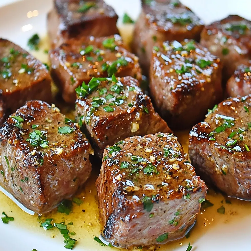 To make garlic butter steak bites, you need a few simple items. Here’s the list: - 1 lb sirloin steak, cut into 1-inch cubes - 4 tablespoons unsalted butter - 4 cloves garlic, minced - 1 teaspoon fresh rosemary, chopped - 1 teaspoon fresh thyme, chopped - Salt and pepper to taste - 1 tablespoon olive oil - Fresh parsley, chopped (for garnish) These ingredients come together to create a rich and tasty dish. The sirloin steak gives a nice flavor and texture. The butter and garlic add a savory touch that enhances the steak's taste. You can add more flavor with some extra garnishes and seasonings. Here are a few ideas: - Crushed red pepper for a spicy kick - Grated Parmesan cheese for a creamy finish - Lemon zest for a bright, fresh note Feel free to mix and match these options. They can make your dish more exciting and personal to your taste. While sirloin works great, other cuts can also shine in this recipe. Here are a few good options: - Ribeye: A juicy cut with rich flavor - Tenderloin: Very tender with a mild taste - Flank: Lean and flavorful, great for quick cooking Choosing the right cut helps you achieve the best results. Each cut brings its unique flavor and texture, so pick what you enjoy! {{ingredient_image_1}} Start by cutting your sirloin steak into 1-inch cubes. This size helps them cook evenly. Next, season each piece generously with salt and pepper on all sides. This simple step boosts the flavor of the meat. Let it sit for a few minutes to absorb the seasoning. Heat a large skillet over medium-high heat. Add a tablespoon of olive oil and let it get hot until it shimmers. Once hot, add the steak bites in a single layer. Do not overcrowd the pan; work in batches if needed. Sear the steak for about 2-3 minutes. This creates a nice crust. Flip each piece and cook for another 2 minutes. For a medium-rare finish, look for an internal temp of 130-135°F. After searing, reduce the heat to medium. Push the steak bites to one side of the skillet. In the empty space, add four tablespoons of butter, four minced garlic cloves, one teaspoon of chopped rosemary, and one teaspoon of chopped thyme. As the butter melts, stir the garlic and herbs with the steak bites for 1-2 minutes. This allows the steak to soak up the rich flavors. Remove from heat and transfer the steak bites to a platter. Drizzle any remaining garlic butter over the top. Finish with a sprinkle of freshly chopped parsley for a burst of color. To get a great sear, use high heat. Start by heating olive oil in a skillet. Make sure the oil shimmers before adding steak bites. Place them in a single layer. Avoid moving them for 2-3 minutes. This helps form a nice brown crust. Flip them gently and cook for another 2 minutes. Use a meat thermometer to ensure perfect doneness. For medium-rare, aim for 130-135°F (54-57°C). If you prefer medium, cook until it reaches 140-145°F (60-63°C). Keep in mind that steak continues to cook after removing it from heat. Let it rest for a few minutes for the best results. You can add more herbs for extra flavor. Try fresh basil or oregano for a twist. A pinch of red pepper flakes can add heat. Lemon zest gives a fresh touch. Always taste as you go. Adjust salt and pepper to your liking. This helps create a dish that truly shines. Pro Tips Choose the Right Cut: Sirloin is great for this recipe, but you can also use ribeye for a richer flavor. Let the Steak Rest: After cooking, allow the steak bites to rest for a few minutes to retain their juices. Use Fresh Herbs: Fresh rosemary and thyme elevate the dish's flavor compared to dried herbs. Don't Overcrowd the Pan: Cook the steak bites in batches if necessary to ensure they sear properly and develop a crust. {{image_2}} You can swap sirloin for other cuts. Tenderloin or ribeye works well too. Each cut gives a different taste. Feel free to grill or broil them for a smoky flavor. If you prefer, use a cast-iron skillet for a great sear. This method gives you nice crusty edges. Want a kick? Add red pepper flakes for heat. You can also use cayenne for a stronger spice. For a fresh taste, mix in herbs like oregano or basil. Lemon zest brightens the dish too. Experiment with flavors to find your favorite combo. This recipe is already low in carbs, but you can make it even better. Serve with zucchini noodles or cauliflower rice. These options keep the meal light. You can also skip the butter and use olive oil for a lighter fat. Just make sure to keep everything tasty and filling. To store leftover garlic butter steak bites, let them cool first. Place them in an airtight container. Make sure to cover them well. You can keep them in the fridge for up to three days. If you want to keep them longer, consider freezing them. To reheat steak bites, use a skillet for best results. Heat the skillet over medium heat. Add a small bit of butter or oil. Once hot, add the steak bites. Cook for about 2-3 minutes, turning them often until warm. You can also use a microwave. Place the bites on a plate and cover them with a damp paper towel. Heat for 30 seconds to 1 minute, checking often. You can freeze garlic butter steak bites for later. Place them in a freezer-safe bag. Remove as much air as you can before sealing. They can last for up to three months in the freezer. To use, thaw them in the fridge overnight. Reheat as mentioned above. Avoid refreezing them after reheating to keep the best taste. The best way to cook steak bites is in a hot skillet. Start by heating olive oil in the skillet on medium-high heat. This high heat helps create a nice crust on the steak. Season your steak bites with salt and pepper. Sear them in a single layer for about 2-3 minutes. Then, flip them and cook for another 2 minutes. This method keeps the meat juicy and tender. You can tell when steak bites are done by checking their color and temperature. For medium-rare steak, aim for an internal temperature of 130-135°F (54-57°C). Use a meat thermometer for accuracy. The outside should be brown, while the inside should be pink. If you prefer them more cooked, just extend the cooking time slightly. Yes, you can make garlic butter steak bites ahead of time. Cook them fully, then let them cool. Store them in an airtight container in the fridge for up to three days. When ready to eat, reheat them in a skillet on low heat. Add a little butter to keep them moist and tasty. Garlic butter steak bites are simple and tasty. We explored key ingredients and step-by-step instructions. You learned how to season and cook your steak bites. Remember tips for perfect searing and doneness. We also discussed variations and storage tips. Involving different flavors or cuts can make the dish exciting. Don't hesitate to get creative in your kitchen. Enjoy making this dish and sharing it with others!