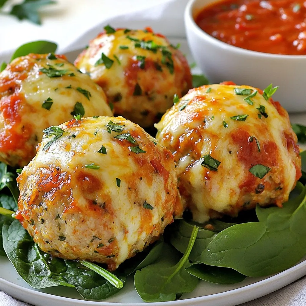 Here are the ingredients you will need for mozzarella stuffed turkey meatballs: - 1 lb ground turkey - 1 cup breadcrumbs (preferably whole wheat) - 1/2 cup grated Parmesan cheese - 1/4 cup fresh parsley, chopped - 1 large egg - 2 cloves garlic, minced - 1 teaspoon onion powder - 1 teaspoon Italian seasoning - Salt and pepper to taste - 1 cup shredded mozzarella cheese - 1 cup marinara sauce (for serving) - Olive oil (for drizzling) Using fresh ingredients makes a big difference. The ground turkey gives a lean base. The breadcrumbs help bind everything together. Grated Parmesan adds a nice salty flavor. Fresh parsley brightens the dish. Don’t forget the egg; it helps the meatballs hold their shape. Garlic and onion powder bring depth to the taste. Italian seasoning adds warmth and earthiness. Salt and pepper are key for balance. The star is the mozzarella cheese. It melts beautifully and adds creaminess. Marinara sauce is perfect for serving. A drizzle of olive oil gives a nice finish. Keep these ingredients handy, and you will create a tasty meal. {{ingredient_image_1}} - Preheat the oven to 400°F (200°C). - In a large bowl, combine the ground turkey, breadcrumbs, grated Parmesan cheese, chopped parsley, egg, minced garlic, onion powder, Italian seasoning, salt, and pepper. Mix well until all ingredients blend. - Take a small handful of the turkey mix and flatten it in your palm. Place a tablespoon of shredded mozzarella cheese in the center. Fold the turkey around the cheese to form a ball. Ensure the cheese is fully enclosed. Repeat until you form all the meatballs. - Lightly drizzle olive oil on a baking sheet. Arrange the meatballs on it, spaced apart for even cooking. - Bake for 20-25 minutes or until the meatballs turn golden brown. They should reach an internal temperature of 165°F (75°C). - Drizzle the meatballs with marinara sauce before serving. - For optional toppings, add more mozzarella cheese or fresh parsley for a colorful touch. This simple guide helps you create delicious mozzarella stuffed turkey meatballs that are sure to impress! Choosing the right ground turkey is key. Look for lean turkey with around 93% lean meat. This keeps the meatballs juicy without being too fatty. You can also mix in some ground chicken for extra flavor. Ensuring the cheese is fully enclosed is vital. When you form the meatballs, flatten the turkey mix well. Place the cheese in the middle and wrap it tightly. This step makes sure the cheese melts inside and adds a delightful surprise when you bite in. Oven cooking gives you crispy meatballs. Preheat your oven to 400°F (200°C) for the best results. I prefer this method over stovetop cooking, as it allows even heat. Bake them for 20-25 minutes until golden brown. To tell when they are done, use a meat thermometer. Meatballs should reach an internal temperature of 165°F (75°C). If you don’t have a thermometer, cut one open. The meat should be white and juices should run clear. For presentation, serve the meatballs on a bed of fresh spinach or arugula. This adds color and freshness to your plate. You can also sprinkle some chopped parsley on top for a nice touch. Pairing ideas include serving with warm marinara sauce. Extra sauce on the side is great for dipping. You might also enjoy these meatballs with pasta or on a sub roll for a tasty sandwich. Pro Tips Use Fresh Herbs: Fresh parsley adds a vibrant flavor to the meatballs. Consider adding other herbs like basil or oregano for an extra layer of taste. Don’t Overmix: Be careful not to overmix the meat mixture, as this can make the meatballs dense. Mix just until combined for a lighter texture. Chill Before Baking: If you have time, chill the meatballs for 15-30 minutes before baking. This helps them hold their shape better during cooking. Experiment with Cheese: While mozzarella is classic, try other cheeses like cheddar or pepper jack for a different flavor profile in your meatballs. {{image_2}} You can switch up the ground turkey. Ground chicken works well too. If you want red meat, lean ground beef is a good choice. For those needing gluten-free options, use gluten-free breadcrumbs. They keep the texture while making the dish safe for gluten-sensitive folks. To boost flavor, add spices or herbs. A pinch of red pepper flakes gives a nice kick. Fresh basil or oregano enhances the Italian vibe. If you want different cheese, try using provolone or cheddar. Each cheese adds its unique touch to the meatballs. For a fun twist, make meatball subs. Just place the meatballs in a toasted roll and add marinara sauce. Top with cheese and broil until bubbly. You can also serve these as appetizers. Just make smaller meatballs and arrange them on a platter with toothpicks. Add extra marinara for dipping to make them even more delicious. To store leftovers, let the meatballs cool first. Place them in an airtight container. You can keep them in the fridge for up to three days. This way, they stay fresh and tasty. For freezing, arrange the meatballs on a baking sheet. Freeze them until firm, about one hour. Then, transfer them to a freezer-safe bag. This helps save space and keeps them fresh. They can last in the freezer for up to three months. When you are ready to eat, thaw the meatballs in the fridge overnight. Reheat them in the oven at 350°F (175°C) for about 15-20 minutes. You can also use the microwave. Just be sure to heat them until they're hot all the way through. Always check the meatballs before eating. If they smell off or look strange, it’s best to toss them. Discard any leftovers after three days in the fridge. If they are frozen, use them within three months for the best taste. Can I use ground chicken instead of turkey? Yes, you can use ground chicken. It works well in this recipe. The flavor is mild, similar to turkey. Ground chicken will still give you a tasty meatball. Just make sure to check the cooking time, as it can vary slightly. How do I make these meatballs spicy? To add spice, mix in red pepper flakes. Start with a teaspoon and adjust to taste. You can also add chopped jalapeños for a fresh heat. Spicy Italian sausage can be another great option. This will give the meatballs a bold flavor. What can I serve with mozzarella stuffed turkey meatballs? These meatballs pair well with many sides. Serve them on pasta or with crusty bread. A fresh salad complements the dish nicely, too. You can also try them in a sub or with rice. Marinara sauce on the side adds extra flavor. Caloric content per serving Each serving of mozzarella stuffed turkey meatballs has about 300 calories. This includes the meatballs and a bit of marinara sauce. Adjustments in sides can change the total calories. Macronutrient breakdown - Protein: 25g - Carbohydrates: 20g - Fat: 15g This breakdown provides a good balance of nutrients for a filling meal. How to incorporate into weekly meal prep These meatballs are great for meal prep. Make a big batch and store them in the fridge. They last up to four days. You can also freeze them for later use. Just reheat them in the oven or microwave. Convenience tips for busy weeknights For quick meals, pair with pre-made marinara or pasta. You can also use them in wraps. Pre-chopped veggies make great sides. This way, dinner is fast and easy, even on busy nights. These mozzarella stuffed turkey meatballs offer a tasty mix of flavors. You learned how to prepare and bake them perfectly. I shared tips on ingredient choices and enhancements. You can even customize the recipe to suit your taste. Now you know the best ways to store leftovers and meal prep tips. Enjoy these meatballs with friends or family. They are sure to impress everyone at the table! Happy cooking!