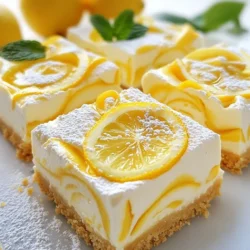 To make these no-bake lemon cheesecake bars, gather the following: - 1 ½ cups graham cracker crumbs - ½ cup unsalted butter, melted - 1/4 cup granulated sugar - 16 oz cream cheese, softened - 1 cup powdered sugar - 1/3 cup fresh lemon juice - Zest of 2 lemons - 1 teaspoon vanilla extract - 1 cup heavy whipping cream These ingredients work together to create a creamy and zesty treat. If you need to swap some ingredients, here are a few ideas: - Use coconut oil instead of unsalted butter for a dairy-free option. - Replace granulated sugar with honey or maple syrup for a natural sweetener. - If you don’t have fresh lemons, bottled lemon juice can work in a pinch. - For a lighter version, you can substitute low-fat cream cheese. These swaps can still yield a tasty result while fitting your needs. Fresh ingredients will make your cheesecake bars taste the best. Always use fresh lemons for juice and zest. The zest adds a bright flavor that makes the dessert pop. When picking cream cheese, choose a brand known for its creamy texture. Avoid expired products, as they can ruin the taste. Keeping your ingredients fresh ensures a delicious treat every time you make it. {{ingredient_image_1}} To start, grab a mixing bowl. Combine 1 ½ cups of graham cracker crumbs, ½ cup of melted unsalted butter, and ¼ cup of granulated sugar. Mix these ingredients well until they look like wet sand. This step is important for a great base. Next, take a lined 9x9-inch baking dish and firmly press the mixture into the bottom. Make sure it's even. Chill the crust in the fridge for 15 minutes. This helps it set up nicely. In a large mixing bowl, beat 16 oz of softened cream cheese with an electric mixer. Mix it until it's smooth and creamy. Gradually add 1 cup of powdered sugar. Keep mixing until everything is well blended. Now, pour in ⅓ cup of fresh lemon juice, the zest from 2 lemons, and 1 teaspoon of vanilla extract. Mix again until it's smooth. In another bowl, whip 1 cup of heavy cream until you see stiff peaks. Carefully fold this whipped cream into your lemon mixture. Be gentle! You want it to stay light and fluffy. Now, pour the cheesecake filling over your chilled crust. Use a spatula to spread it evenly. Smooth out the top for a nice finish. Cover your dish with plastic wrap and place it in the fridge. Chill for at least 4 hours, but overnight is best. Once it's set, lift the cheesecake bars out using the parchment paper. Cut them into squares or rectangles. Serve them chilled and enjoy! If you want to impress, dust some extra powdered sugar on top and add lemon slices and fresh mint leaves for decoration. To get that creamy texture, ensure your cream cheese is very soft. You can leave it out for an hour before mixing. Whipping the heavy cream until it forms stiff peaks is key. This gives the bars a light, airy feel. When you fold the whipped cream, do it gently. This keeps the mixture fluffy. Let the bars chill for at least four hours. Leaving them overnight works best for a smooth cut. A common mistake is not chilling the crust enough. If it’s warm, the filling can make it soggy. Another error is over-mixing the cheesecake filling. Mix just until smooth to keep it light. Don’t skip the lemon zest! It adds a burst of flavor. Lastly, avoid cutting the bars too soon. They need time to set properly for the best results. For a flavor boost, try adding more lemon zest. You can also mix in some lemon extract for a stronger taste. If you like berries, fold in fresh raspberries or blueberries before chilling. They add color and extra flavor. For a fun twist, serve with a berry sauce or a sprinkle of crushed graham crackers on top. This adds texture and looks beautiful too! Pro Tips Chill the Cream Cheese: Before mixing, ensure your cream cheese is at room temperature for a smoother texture, preventing lumps in your cheesecake filling. Fresh Lemon Juice: Always opt for fresh lemon juice rather than bottled for a brighter, more vibrant flavor in your cheesecake. Whip the Cream to Stiff Peaks: Ensure your heavy cream is whipped to stiff peaks before folding it into the mixture for a light and airy cheesecake. Use a Sharp Knife: When slicing your cheesecake bars, use a sharp knife dipped in hot water for clean, precise cuts. {{image_2}} You can make these cheesecake bars gluten-free. Simply use gluten-free graham crackers. They taste just as good! Check labels to ensure they fit your needs. This small swap lets everyone enjoy the dessert. Want a twist on the lemon flavor? You can add berries! Mix in fresh raspberries or blueberries. They add a fun color and taste. You can also swap lemon juice for lime juice. This gives a different, tangy flavor that is just as tasty. Toppings can change the look and taste of your bars. Try fresh fruit like strawberries or kiwi on top. You can also drizzle chocolate sauce for a sweet touch. Dusting with powdered sugar adds a nice finish. For a fresh look, add mint leaves. These simple changes make each bite special! You can store leftover cheesecake bars in the fridge. Place the bars in an airtight container. This keeps them fresh and tasty. Make sure the container is sealed well. You can also cover the bars with plastic wrap. They will stay good for up to five days. To freeze your cheesecake bars, first let them cool completely. Cut the bars into squares or rectangles. Wrap each piece in plastic wrap. Then place them in a freezer-safe bag. Remove as much air as possible. They can last up to three months in the freezer. When you're ready to eat them, thaw them in the fridge overnight. The best time to eat these cheesecake bars is within a few days. They taste best when fresh. After about five days in the fridge, the texture may change. If you freeze them, enjoy them within three months for the best flavor. Always check for any signs of spoilage before serving. Following these tips helps you enjoy every bite of your no-bake lemon cheesecake bars! Yes, you can use store-bought crust for these bars. It saves time and effort. Look for a graham cracker crust for the best flavor. Just make sure it fits a 9x9-inch dish. This option works well if you're in a hurry or want an easy shortcut. These cheesecake bars last about five days in the fridge. Be sure to store them in an airtight container. This keeps them fresh and tasty. If you want to keep them longer, consider freezing them. They will taste great even after freezing. Yes, you can make these cheesecake bars dairy-free. Replace cream cheese with a dairy-free alternative. Use coconut cream for a creamy texture. Make sure to check the labels for other dairy ingredients. Enjoy a tasty, dairy-free treat without missing out! You now have a clear path to making delicious cheesecake bars. We covered the key ingredients and their essential replacements. You learned the steps to prepare the crust and filling. I shared tips for achieving the perfect texture and avoiding common mistakes. Remember, you can mix flavors and try variations to suit your taste. Proper storage ensures your bars stay fresh for longer. Use this knowledge to impress friends and family with your cheesecake skills. Enjoy every bite and get creative!