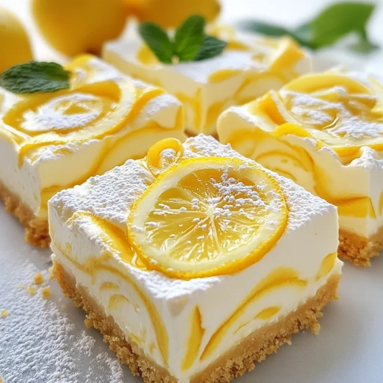To make these no-bake lemon cheesecake bars, gather the following: - 1 ½ cups graham cracker crumbs - ½ cup unsalted butter, melted - 1/4 cup granulated sugar - 16 oz cream cheese, softened - 1 cup powdered sugar - 1/3 cup fresh lemon juice - Zest of 2 lemons - 1 teaspoon vanilla extract - 1 cup heavy whipping cream These ingredients work together to create a creamy and zesty treat. If you need to swap some ingredients, here are a few ideas: - Use coconut oil instead of unsalted butter for a dairy-free option. - Replace granulated sugar with honey or maple syrup for a natural sweetener. - If you don’t have fresh lemons, bottled lemon juice can work in a pinch. - For a lighter version, you can substitute low-fat cream cheese. These swaps can still yield a tasty result while fitting your needs. Fresh ingredients will make your cheesecake bars taste the best. Always use fresh lemons for juice and zest. The zest adds a bright flavor that makes the dessert pop. When picking cream cheese, choose a brand known for its creamy texture. Avoid expired products, as they can ruin the taste. Keeping your ingredients fresh ensures a delicious treat every time you make it. {{ingredient_image_1}} To start, grab a mixing bowl. Combine 1 ½ cups of graham cracker crumbs, ½ cup of melted unsalted butter, and ¼ cup of granulated sugar. Mix these ingredients well until they look like wet sand. This step is important for a great base. Next, take a lined 9x9-inch baking dish and firmly press the mixture into the bottom. Make sure it's even. Chill the crust in the fridge for 15 minutes. This helps it set up nicely. In a large mixing bowl, beat 16 oz of softened cream cheese with an electric mixer. Mix it until it's smooth and creamy. Gradually add 1 cup of powdered sugar. Keep mixing until everything is well blended. Now, pour in ⅓ cup of fresh lemon juice, the zest from 2 lemons, and 1 teaspoon of vanilla extract. Mix again until it's smooth. In another bowl, whip 1 cup of heavy cream until you see stiff peaks. Carefully fold this whipped cream into your lemon mixture. Be gentle! You want it to stay light and fluffy. Now, pour the cheesecake filling over your chilled crust. Use a spatula to spread it evenly. Smooth out the top for a nice finish. Cover your dish with plastic wrap and place it in the fridge. Chill for at least 4 hours, but overnight is best. Once it's set, lift the cheesecake bars out using the parchment paper. Cut them into squares or rectangles. Serve them chilled and enjoy! If you want to impress, dust some extra powdered sugar on top and add lemon slices and fresh mint leaves for decoration. To get that creamy texture, ensure your cream cheese is very soft. You can leave it out for an hour before mixing. Whipping the heavy cream until it forms stiff peaks is key. This gives the bars a light, airy feel. When you fold the whipped cream, do it gently. This keeps the mixture fluffy. Let the bars chill for at least four hours. Leaving them overnight works best for a smooth cut. A common mistake is not chilling the crust enough. If it’s warm, the filling can make it soggy. Another error is over-mixing the cheesecake filling. Mix just until smooth to keep it light. Don’t skip the lemon zest! It adds a burst of flavor. Lastly, avoid cutting the bars too soon. They need time to set properly for the best results. For a flavor boost, try adding more lemon zest. You can also mix in some lemon extract for a stronger taste. If you like berries, fold in fresh raspberries or blueberries before chilling. They add color and extra flavor. For a fun twist, serve with a berry sauce or a sprinkle of crushed graham crackers on top. This adds texture and looks beautiful too! Pro Tips Chill the Cream Cheese: Before mixing, ensure your cream cheese is at room temperature for a smoother texture, preventing lumps in your cheesecake filling. Fresh Lemon Juice: Always opt for fresh lemon juice rather than bottled for a brighter, more vibrant flavor in your cheesecake. Whip the Cream to Stiff Peaks: Ensure your heavy cream is whipped to stiff peaks before folding it into the mixture for a light and airy cheesecake. Use a Sharp Knife: When slicing your cheesecake bars, use a sharp knife dipped in hot water for clean, precise cuts. {{image_2}} You can make these cheesecake bars gluten-free. Simply use gluten-free graham crackers. They taste just as good! Check labels to ensure they fit your needs. This small swap lets everyone enjoy the dessert. Want a twist on the lemon flavor? You can add berries! Mix in fresh raspberries or blueberries. They add a fun color and taste. You can also swap lemon juice for lime juice. This gives a different, tangy flavor that is just as tasty. Toppings can change the look and taste of your bars. Try fresh fruit like strawberries or kiwi on top. You can also drizzle chocolate sauce for a sweet touch. Dusting with powdered sugar adds a nice finish. For a fresh look, add mint leaves. These simple changes make each bite special! You can store leftover cheesecake bars in the fridge. Place the bars in an airtight container. This keeps them fresh and tasty. Make sure the container is sealed well. You can also cover the bars with plastic wrap. They will stay good for up to five days. To freeze your cheesecake bars, first let them cool completely. Cut the bars into squares or rectangles. Wrap each piece in plastic wrap. Then place them in a freezer-safe bag. Remove as much air as possible. They can last up to three months in the freezer. When you're ready to eat them, thaw them in the fridge overnight. The best time to eat these cheesecake bars is within a few days. They taste best when fresh. After about five days in the fridge, the texture may change. If you freeze them, enjoy them within three months for the best flavor. Always check for any signs of spoilage before serving. Following these tips helps you enjoy every bite of your no-bake lemon cheesecake bars! Yes, you can use store-bought crust for these bars. It saves time and effort. Look for a graham cracker crust for the best flavor. Just make sure it fits a 9x9-inch dish. This option works well if you're in a hurry or want an easy shortcut. These cheesecake bars last about five days in the fridge. Be sure to store them in an airtight container. This keeps them fresh and tasty. If you want to keep them longer, consider freezing them. They will taste great even after freezing. Yes, you can make these cheesecake bars dairy-free. Replace cream cheese with a dairy-free alternative. Use coconut cream for a creamy texture. Make sure to check the labels for other dairy ingredients. Enjoy a tasty, dairy-free treat without missing out! You now have a clear path to making delicious cheesecake bars. We covered the key ingredients and their essential replacements. You learned the steps to prepare the crust and filling. I shared tips for achieving the perfect texture and avoiding common mistakes. Remember, you can mix flavors and try variations to suit your taste. Proper storage ensures your bars stay fresh for longer. Use this knowledge to impress friends and family with your cheesecake skills. Enjoy every bite and get creative!