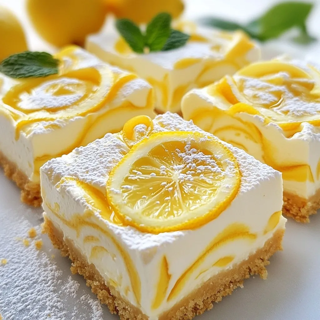 To make these no-bake lemon cheesecake bars, gather the following: - 1 ½ cups graham cracker crumbs - ½ cup unsalted butter, melted - 1/4 cup granulated sugar - 16 oz cream cheese, softened - 1 cup powdered sugar - 1/3 cup fresh lemon juice - Zest of 2 lemons - 1 teaspoon vanilla extract - 1 cup heavy whipping cream These ingredients work together to create a creamy and zesty treat. If you need to swap some ingredients, here are a few ideas: - Use coconut oil instead of unsalted butter for a dairy-free option. - Replace granulated sugar with honey or maple syrup for a natural sweetener. - If you don’t have fresh lemons, bottled lemon juice can work in a pinch. - For a lighter version, you can substitute low-fat cream cheese. These swaps can still yield a tasty result while fitting your needs. Fresh ingredients will make your cheesecake bars taste the best. Always use fresh lemons for juice and zest. The zest adds a bright flavor that makes the dessert pop. When picking cream cheese, choose a brand known for its creamy texture. Avoid expired products, as they can ruin the taste. Keeping your ingredients fresh ensures a delicious treat every time you make it. {{ingredient_image_1}} To start, grab a mixing bowl. Combine 1 ½ cups of graham cracker crumbs, ½ cup of melted unsalted butter, and ¼ cup of granulated sugar. Mix these ingredients well until they look like wet sand. This step is important for a great base. Next, take a lined 9x9-inch baking dish and firmly press the mixture into the bottom. Make sure it's even. Chill the crust in the fridge for 15 minutes. This helps it set up nicely. In a large mixing bowl, beat 16 oz of softened cream cheese with an electric mixer. Mix it until it's smooth and creamy. Gradually add 1 cup of powdered sugar. Keep mixing until everything is well blended. Now, pour in ⅓ cup of fresh lemon juice, the zest from 2 lemons, and 1 teaspoon of vanilla extract. Mix again until it's smooth. In another bowl, whip 1 cup of heavy cream until you see stiff peaks. Carefully fold this whipped cream into your lemon mixture. Be gentle! You want it to stay light and fluffy. Now, pour the cheesecake filling over your chilled crust. Use a spatula to spread it evenly. Smooth out the top for a nice finish. Cover your dish with plastic wrap and place it in the fridge. Chill for at least 4 hours, but overnight is best. Once it's set, lift the cheesecake bars out using the parchment paper. Cut them into squares or rectangles. Serve them chilled and enjoy! If you want to impress, dust some extra powdered sugar on top and add lemon slices and fresh mint leaves for decoration. To get that creamy texture, ensure your cream cheese is very soft. You can leave it out for an hour before mixing. Whipping the heavy cream until it forms stiff peaks is key. This gives the bars a light, airy feel. When you fold the whipped cream, do it gently. This keeps the mixture fluffy. Let the bars chill for at least four hours. Leaving them overnight works best for a smooth cut. A common mistake is not chilling the crust enough. If it’s warm, the filling can make it soggy. Another error is over-mixing the cheesecake filling. Mix just until smooth to keep it light. Don’t skip the lemon zest! It adds a burst of flavor. Lastly, avoid cutting the bars too soon. They need time to set properly for the best results. For a flavor boost, try adding more lemon zest. You can also mix in some lemon extract for a stronger taste. If you like berries, fold in fresh raspberries or blueberries before chilling. They add color and extra flavor. For a fun twist, serve with a berry sauce or a sprinkle of crushed graham crackers on top. This adds texture and looks beautiful too! Pro Tips Chill the Cream Cheese: Before mixing, ensure your cream cheese is at room temperature for a smoother texture, preventing lumps in your cheesecake filling. Fresh Lemon Juice: Always opt for fresh lemon juice rather than bottled for a brighter, more vibrant flavor in your cheesecake. Whip the Cream to Stiff Peaks: Ensure your heavy cream is whipped to stiff peaks before folding it into the mixture for a light and airy cheesecake. Use a Sharp Knife: When slicing your cheesecake bars, use a sharp knife dipped in hot water for clean, precise cuts. {{image_2}} You can make these cheesecake bars gluten-free. Simply use gluten-free graham crackers. They taste just as good! Check labels to ensure they fit your needs. This small swap lets everyone enjoy the dessert. Want a twist on the lemon flavor? You can add berries! Mix in fresh raspberries or blueberries. They add a fun color and taste. You can also swap lemon juice for lime juice. This gives a different, tangy flavor that is just as tasty. Toppings can change the look and taste of your bars. Try fresh fruit like strawberries or kiwi on top. You can also drizzle chocolate sauce for a sweet touch. Dusting with powdered sugar adds a nice finish. For a fresh look, add mint leaves. These simple changes make each bite special! You can store leftover cheesecake bars in the fridge. Place the bars in an airtight container. This keeps them fresh and tasty. Make sure the container is sealed well. You can also cover the bars with plastic wrap. They will stay good for up to five days. To freeze your cheesecake bars, first let them cool completely. Cut the bars into squares or rectangles. Wrap each piece in plastic wrap. Then place them in a freezer-safe bag. Remove as much air as possible. They can last up to three months in the freezer. When you're ready to eat them, thaw them in the fridge overnight. The best time to eat these cheesecake bars is within a few days. They taste best when fresh. After about five days in the fridge, the texture may change. If you freeze them, enjoy them within three months for the best flavor. Always check for any signs of spoilage before serving. Following these tips helps you enjoy every bite of your no-bake lemon cheesecake bars! Yes, you can use store-bought crust for these bars. It saves time and effort. Look for a graham cracker crust for the best flavor. Just make sure it fits a 9x9-inch dish. This option works well if you're in a hurry or want an easy shortcut. These cheesecake bars last about five days in the fridge. Be sure to store them in an airtight container. This keeps them fresh and tasty. If you want to keep them longer, consider freezing them. They will taste great even after freezing. Yes, you can make these cheesecake bars dairy-free. Replace cream cheese with a dairy-free alternative. Use coconut cream for a creamy texture. Make sure to check the labels for other dairy ingredients. Enjoy a tasty, dairy-free treat without missing out! You now have a clear path to making delicious cheesecake bars. We covered the key ingredients and their essential replacements. You learned the steps to prepare the crust and filling. I shared tips for achieving the perfect texture and avoiding common mistakes. Remember, you can mix flavors and try variations to suit your taste. Proper storage ensures your bars stay fresh for longer. Use this knowledge to impress friends and family with your cheesecake skills. Enjoy every bite and get creative!