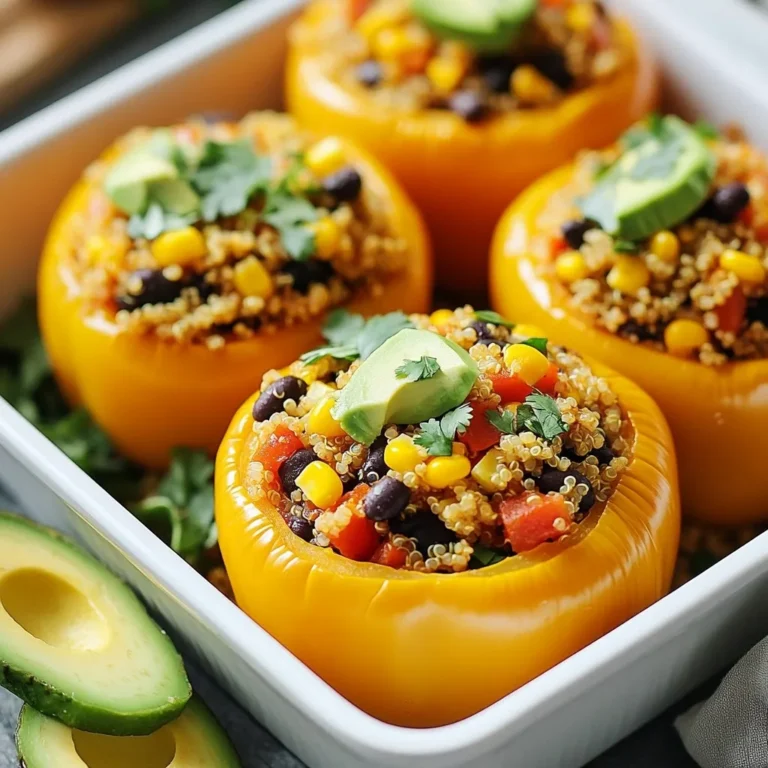- 4 large bell peppers (any color) - 1 cup quinoa, rinsed and drained - 2 cups vegetable broth - 1 can (15 oz) black beans, drained and rinsed - 1 cup corn (fresh or frozen) - 1 cup diced tomatoes (canned or fresh) - 1 small red onion, chopped - 2 cloves garlic, minced - 1 teaspoon cumin - 1 teaspoon smoked paprika - ½ teaspoon chili powder (optional) - 1 tablespoon olive oil - Salt and pepper to taste - Fresh cilantro, for garnish - Avocado slices, for serving (optional) To create these stuffed bell peppers, you need a bright mix of fresh ingredients. The bell peppers give color and crunch. Quinoa acts as a tasty base. It is full of protein and fiber. Black beans add heartiness. Corn brings sweetness, and diced tomatoes add moisture. Chop the red onion and garlic finely. These will add depth to the dish. Spices like cumin, smoked paprika, and chili powder add warmth and flavor. Olive oil helps saute the onion and garlic, making them fragrant. You can adjust seasoning with salt and pepper. Fresh cilantro and avocado are great toppings. They add flavor and a creamy texture. Gather these ingredients to start your cooking adventure. {{ingredient_image_1}} 1. Preheat your oven to 375°F (190°C). This helps cook the peppers evenly. 2. Cut the tops off the bell peppers. Remove the seeds and membranes. Place them upright in a baking dish. 1. In a medium pot, combine 1 cup of quinoa and 2 cups of vegetable broth. 2. Bring this mix to a boil, then reduce the heat to low. Cover the pot and let it simmer for about 15 minutes. The quinoa should become fluffy and the broth should be absorbed. 1. While the quinoa cooks, heat 1 tablespoon of olive oil in a large skillet over medium heat. 2. Add the chopped red onion and minced garlic. Sauté until the onion looks translucent, about 3-4 minutes. 3. Next, add 1 cup of diced tomatoes, 1 can of black beans, and 1 cup of corn to the skillet. Sprinkle in 1 teaspoon of cumin, 1 teaspoon of smoked paprika, and ½ teaspoon of chili powder if you like it spicy. Stir well and cook for about 5 minutes. 4. Season to taste with salt and pepper. 5. Once the quinoa is ready, fluff it with a fork. Mix it into the vegetable mixture in your skillet. Stir until it’s all combined. 1. Now, stuff each bell pepper with the quinoa and vegetable filling. Press gently to pack it in. 2. Pour a little vegetable broth into the bottom of the baking dish. This keeps the peppers moist while they bake. 3. Cover the dish with aluminum foil and bake for 30 minutes. After that, remove the foil and bake for another 10-15 minutes. The peppers should be tender when done. 4. Once they’re out of the oven, let them cool slightly. Garnish with fresh cilantro and avocado slices before serving. Seasoning is key to great taste. It brings out the best in your food. I recommend using salt and pepper to enhance flavors. You can also adjust spices to match your taste. For a kick, try adding more chili powder. If you love smoky flavors, increase the smoked paprika. Taste as you go, and make it your own! To get the right filling texture, make sure the quinoa is fluffy. Mix it well with the veggies to create a nice blend. You can add some chopped nuts or seeds for extra crunch. Toasted walnuts or sunflower seeds work great. They add a fun bite and a new layer of flavor. Enjoy the mix of textures while you eat! Pro Tips Choose Colorful Peppers: Using a mix of red, yellow, green, and orange bell peppers not only adds visual appeal but also brings a variety of flavors to the dish. Enhance the Flavor: Add a squeeze of lime juice or a splash of hot sauce to the filling for an extra kick of flavor that complements the ingredients beautifully. Make Ahead: Prepare the filling a day ahead and store it in the refrigerator. This will save you time on the day you plan to serve the stuffed peppers. Experiment with Toppings: Try adding different toppings like nutritional yeast, vegan cheese, or a dollop of cashew cream before serving for added richness and texture. {{image_2}} You can easily switch up the filling for your vegan stuffed peppers. Try using different grains like brown rice or couscous. Both add a nice texture and flavor. You can also mix in alternative beans or legumes. Chickpeas or lentils work great. They boost protein and make the dish even heartier. Adding vegan cheese can take your stuffed peppers to the next level. You can use shreds or slices. Popular brands include cashew cheese, almond cheese, or soy-based varieties. To melt the cheese on top, cover the dish with foil for the first part of baking. Then, remove the foil for the last few minutes. This will help the cheese melt and brown nicely. Feel free to customize the veggies in your filling! Choose seasonal vegetables for the best flavor. Zucchini, spinach, or mushrooms are great options. They add extra nutrients too. You can also toss in some chopped kale or carrots for added crunch. This way, you can make the dish your own while keeping it healthy. To keep your vegan stuffed bell peppers fresh, store them in the fridge. Place them in airtight containers. This helps prevent moisture loss and keeps them tasty. You can safely store them for up to four days. If you want to save some for later, consider freezing them. When you are ready to enjoy them again, you have a few options. The microwave is quick and easy. Just cover the peppers with a damp paper towel. Heat in short bursts, checking often. If you prefer the oven, preheat it to 350°F (175°C). Place the peppers in a baking dish and cover with foil. Bake for about 15-20 minutes. This method helps keep the peppers soft. Enjoy your leftovers without losing flavor or texture! Yes, you can freeze vegan stuffed bell peppers. First, let them cool completely. Wrap each pepper tightly in plastic wrap. Place them in a freezer-safe bag or container. They will last for about three months. To reheat, thaw them in the fridge overnight. Then, bake them at 375°F (190°C) for about 25-30 minutes. This method keeps them tasty and fresh. If you need a quinoa substitute, try brown rice, couscous, or farro. Each grain has a different cooking time. For brown rice, cook it for about 45 minutes. Couscous cooks quickly, usually in 5 minutes. Farro takes around 30 minutes. Adjust the cooking times based on your choice to ensure a fluffy texture. Yes, homemade vegan stuffed bell peppers are healthy! They contain many good ingredients. Bell peppers are rich in vitamins A and C. Quinoa provides protein and fiber. Black beans add more protein and iron. Tomatoes are full of antioxidants. This dish is not only tasty but also packed with nutrients. Bake the peppers for 30 minutes covered with foil. Then, remove the foil and bake for another 10-15 minutes. Check if the peppers are tender by poking them with a fork. If they are soft, they are ready to serve. Enjoy your colorful and healthy dish! Vegan stuffed bell peppers are easy and fun to make. You can stuff them with quinoa, beans, and spices to create a tasty meal. Remember to season well for the best flavor. Try different grains or veggies for variety. Store leftovers properly and reheat them carefully to keep the texture nice. With simple steps, your meal can be healthy and satisfying. Enjoy creating your own delicious versions!