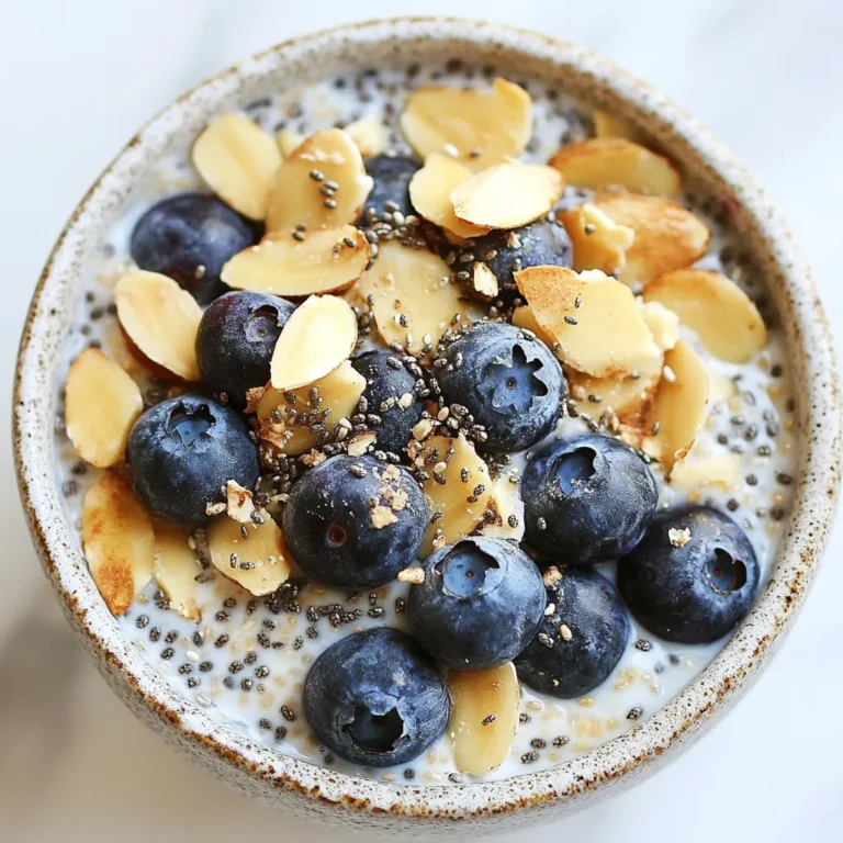 To make Blueberry Chia Overnight Oats, you'll need a few simple ingredients. Here’s what you should gather: - 1 cup rolled oats - 2 tablespoons chia seeds - 2 cups almond milk (or milk of choice) - 1 cup fresh blueberries (plus extra for topping) - 2 tablespoons maple syrup or honey - 1 teaspoon vanilla extract - 1/4 teaspoon cinnamon - Pinch of salt - Optional toppings: sliced almonds, shredded coconut, or a dollop of yogurt These ingredients come together to create a delicious and healthy breakfast. The oats give you energy, while the blueberries add a burst of flavor. Chia seeds provide fiber and healthy fats. With almond milk, this dish becomes creamy and satisfying. You can adjust the sweetener to your taste, using either maple syrup or honey. Feel free to add toppings that you love. Sliced almonds or coconut can add crunch. A dollop of yogurt can make it even creamier. This dish is not just tasty; it’s also packed with nutrients. {{ingredient_image_1}} - In a large mixing bowl, combine the rolled oats, chia seeds, cinnamon, and salt. Stir to mix evenly. - Add almond milk, maple syrup or honey, and vanilla extract to the dry ingredients. Whisk until mixed. - Gently fold in the fresh blueberries. Make sure they spread throughout the mix. - Divide the mixture into individual jars or containers. Seal them with lids. - Refrigerate the jars for at least 4 hours or overnight. This helps the oats and chia seeds soak up the liquid. - When ready to eat, stir the oats well. - If you want, add a splash of extra milk for a creamier texture. - Top with more blueberries and any optional toppings like sliced almonds, shredded coconut, or yogurt. To get creamy overnight oats, you need the right liquid. Use two cups of almond milk. You can swap it for any milk you like. If your oats feel too thick, add a splash more milk before you eat. For the best results, let the oats soak for at least four hours. Overnight is even better. This time allows the oats and chia seeds to absorb the liquid. If you want to change things up, try other sweeteners. Agave syrup or coconut sugar works well. You can also skip sweeteners altogether if you prefer. For spices, cinnamon is great, but you can also use nutmeg or cardamom. These spices add warmth and depth to your oats. To make your oats more filling, add fruits or nuts. Sliced bananas or strawberries mix well with blueberries. You can also sprinkle sliced almonds or walnuts for a crunchy bite. If you like, add a dollop of yogurt on top for creaminess. These additions boost the nutrition and flavor of your breakfast. Pro Tips Soak Time Matters: Allow the oats and chia seeds to soak for a full 8 hours for the best texture and flavor. Customize Your Milk: Experiment with different types of milk like coconut or oat milk for varied flavors and creaminess. Extra Sweetness: Adjust the sweetness by adding more maple syrup or honey according to your taste preference. Make Ahead: Prepare a batch at the start of the week for quick and healthy breakfasts throughout the week. {{image_2}} For a dairy-free or vegan choice, use plant-based milk. Almond milk, oat milk, or coconut milk all work well. These milks keep your oats creamy and tasty. They also add unique flavors. Choose the one you like best. You can jazz up your oats with different fruits or spices. Try adding sliced bananas or diced apples. They add sweetness and texture. You can also mix in nut butter, like almond or peanut. It makes the dish richer and adds protein. Use seasonal berries for extra freshness. In summer, go for strawberries or raspberries. In fall, try diced apples or pumpkin puree. You can also top your oats with nuts or seeds to match the season. This keeps your breakfast fun and exciting! How long can you store overnight oats? You can store your blueberry chia overnight oats for up to five days in the fridge. Keep them in airtight containers to keep them fresh. The flavors will deepen over time. What about fresh toppings? Add fresh toppings just before serving. This keeps them crunchy and flavorful. You can use sliced almonds, shredded coconut, or yogurt. These extras help make your meal exciting every day. Can you freeze overnight oats? Yes, you can freeze your overnight oats. This is a great way to save time for busy mornings. Portion them into freezer-safe containers. Thawing and reheating methods? To enjoy frozen oats, move them to the fridge to thaw overnight. You can heat them in the microwave for 30 to 60 seconds if you prefer them warm. Add a splash of milk to reach your desired consistency after thawing. Blueberry Chia Overnight Oats are tasty and healthy. Here’s a quick breakdown: - Calories: About 240 per serving - Protein: Around 7 grams - Carbohydrates: Roughly 40 grams - Fat: About 7 grams These oats give you energy and are good for your body. You get fiber from oats and chia seeds, which helps digestion. Blueberries add vitamins and antioxidants. This mix is great for a balanced breakfast. Yes, you can. You can make these oats up to 4 days in advance. Store them in the fridge in sealed jars. This keeps them fresh. To enjoy, just stir and add any toppings you like. If you want, you can also make a large batch. Each jar serves as a quick breakfast option during your busy week. If you add too much liquid, your oats may turn runny. To fix this, you can add more oats or chia seeds. Mix in a tablespoon at a time until you reach the right thickness. You can also let the oats sit in the fridge longer. This helps them absorb more liquid and become thicker. Blueberry Chia Overnight Oats are simple and fun to make. You learned how to mix ingredients, refrigerate, and serve. Tips for flavor and texture can help you. You can create many variations by adding fruits or nuts. Store them well to enjoy them later. This easy breakfast gives you energy and nutrition. Now, you can get creative and make it your own! Enjoy your tasty start to the day.