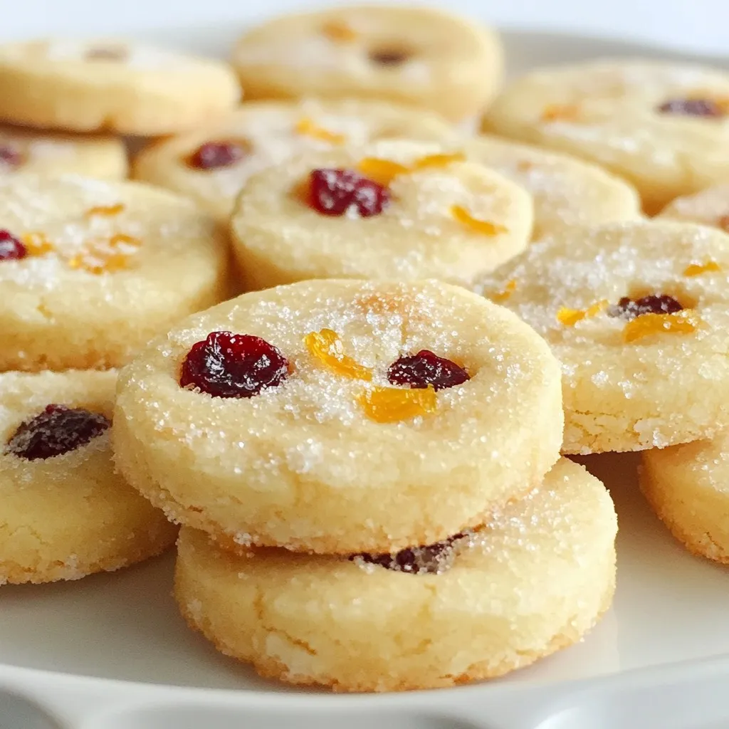 To make delicious Cranberry Orange Shortbread, you need: - 1 cup unsalted butter, softened - ½ cup powdered sugar - 1 teaspoon vanilla extract - Zest of 1 large orange - 2 cups all-purpose flour - ½ cup dried cranberries, chopped - ¼ teaspoon salt - ½ cup granulated sugar (for rolling) These ingredients create a rich, buttery cookie with a bright orange flavor and tart cranberries. You can add some twists to the basic recipe. Here are a few ideas: - ½ cup chopped nuts (like walnuts or pecans) - 1 teaspoon almond extract instead of vanilla - A pinch of cinnamon or nutmeg for warmth These options can personalize your shortbread to suit your taste or mood. If you need substitutes, here are some easy swaps: - Use margarine instead of butter for a dairy-free option. - Powdered sugar can be replaced with granulated sugar, but the texture may change. - Dried cranberries can be swapped for raisins or dried cherries if you prefer. These substitutions can help you use what you have on hand while still making tasty shortbread. {{ingredient_image_1}} 1. Start by preheating your oven to 350°F (175°C). This warms up your oven for baking. 2. Line a baking sheet with parchment paper. This helps prevent sticking. 3. In a large bowl, cream 1 cup of softened unsalted butter with ½ cup of powdered sugar. Mix until it looks light and fluffy. 4. Add in 1 teaspoon of vanilla extract and the zest of 1 large orange. Stir until everything combines well. 5. Gradually mix in 2 cups of all-purpose flour and ¼ teaspoon of salt. Keep mixing until the dough starts to come together. 6. Fold in ½ cup of chopped dried cranberries. Ensure they are evenly spread throughout the dough. 7. On a floured surface, shape the dough into a log about 2 inches wide. 8. Wrap the log tightly in plastic wrap and chill in the fridge for about 30 minutes. This step helps the dough firm up. 1. After chilling, take the dough out and slice it into rounds about ¼ inch thick. 2. Roll each round in ½ cup of granulated sugar for a sweet coating. 3. Place the cookies on the lined baking sheet, leaving about an inch of space between them. 4. Bake in the preheated oven for 12-15 minutes. Look for lightly golden edges to know they are done. 1. Once baked, let the shortbread cool on the baking sheet for 5 minutes. 2. After that, transfer the cookies to a wire rack. This allows them to cool completely. 3. Enjoy your Cranberry Orange Shortbread with a cup of tea or coffee. Sharing these treats makes them even better! To get the best texture in your cranberry orange shortbread, follow a few simple steps: - Use unsalted butter. This gives you better control over the salt level. - Make sure your butter is soft. It should be at room temperature for easy mixing. - Cream the butter and sugar well. You want it light and fluffy for a tender cookie. - Chill the dough before slicing. This helps it hold its shape while baking. Enhancing the flavor of your shortbread is easy: - Use fresh orange zest. It gives a bright, vibrant taste. - Mix in some vanilla extract. This adds depth to the cookie's flavor. - You can also add a pinch of nutmeg or cinnamon for warmth. - Consider using a splash of orange juice in the dough for extra zest. Avoid these common mistakes to ensure perfect cookies: - Don’t skip chilling the dough. It helps prevent spreading. - Be careful not to overmix the dough. It can make the cookies tough. - Watch the baking time closely. Shortbread can go from golden to burnt quickly. - Don’t forget to let them cool on the rack. This keeps them crisp and tasty. Pro Tips Chill the Dough: Make sure to chill the dough for at least 30 minutes before slicing. This helps the cookies hold their shape while baking. Use Fresh Zest: For the best flavor, use fresh zest from a large orange rather than bottled extracts. Even Slices: Try to slice the dough evenly to ensure all cookies bake at the same rate. Storage Tips: Store the cooled cookies in an airtight container to keep them fresh for longer. {{image_2}} You can make your cranberry orange shortbread even more special. Just melt some chocolate! After baking the cookies, dip half of each cookie into melted dark or white chocolate. Let them cool on parchment paper until the chocolate hardens. This adds a rich taste and looks great on a plate. Want a gluten-free version? Replace all-purpose flour with a gluten-free blend. You can find many good options at stores. Make sure the blend has xanthan gum. This helps the cookies hold together. Follow the rest of the recipe as is, and you’ll have tasty gluten-free treats. You can also add nuts or spices for more flavor. Chopped pecans or walnuts add a nice crunch. If you like spices, try adding a dash of cinnamon or nutmeg. Mix them into the dough with the cranberries. This simple change gives the cookies a new twist. To keep your leftover cookies fresh, place them in an airtight container. This will help them stay soft and delicious. You can store them at room temperature for up to five days. If you want to keep them longer, consider freezing them. Freezing shortbread is easy. First, let the cookies cool completely after baking. Next, place them in a single layer on a baking sheet. Freeze them for about one hour. After that, transfer the cookies to a freezer bag or container. They can last up to three months in the freezer. When you're ready to enjoy them, just thaw at room temperature. Here are a few tips to keep your cookies fresh: - Store cookies away from direct sunlight. - Use parchment paper between layers if stacking them. - Keep cookies with different flavors separate to avoid mixing tastes. Following these steps will help your cranberry orange shortbread stay tasty and inviting! You can use dried cherries or raisins. They bring a sweet touch. Apricots or blueberries also work well. Just chop them small for even mixing. Yes, you can make the dough ahead of time. Chill the dough and wrap it well. You can keep it in the fridge for up to three days. You can also freeze it for longer storage, up to three months. Look for lightly golden edges. The center should stay pale. You can also touch the surface; it should feel firm but not hard. Serve these cookies on a pretty plate. You can dust them with powdered sugar for a nice touch. Pair them with tea or coffee for a delightful treat. Cranberry orange shortbread combines sweet and tart flavors with a rich texture. You can easily customize it with various ingredients. Each step, from prep to cooling, helps you achieve the perfect cookie. Use the tips to avoid common mistakes and elevate taste. Remember to store them right to keep them fresh. Enjoy making these delightful treats for your family and friends. Your homemade cookies will bring joy and smiles. Happy baking!
