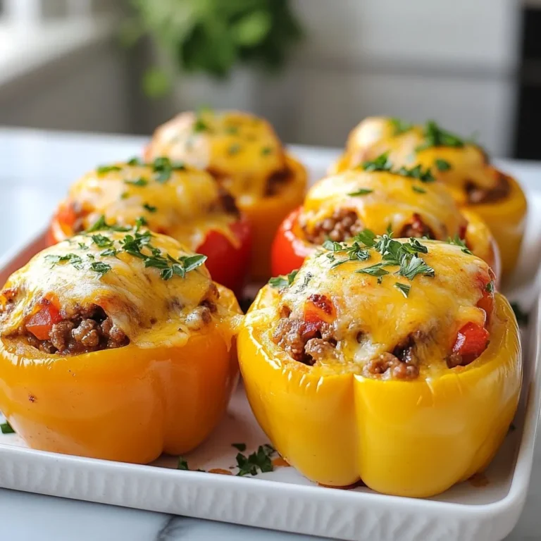 - 4 large bell peppers (red, yellow, or green) - 1 pound ground beef (or turkey) - 1 small onion, diced - 2 cloves garlic, minced - 1 teaspoon Worcestershire sauce - 1 teaspoon mustard - 1 cup shredded cheddar cheese (plus extra for topping) - ½ cup breadcrumbs - Salt and pepper to taste - Fresh parsley, chopped (for garnish) These main ingredients come together for a delicious meal. The bell peppers serve as tasty bowls. Ground beef or turkey gives a hearty flavor. Onions and garlic add a nice touch. Worcestershire sauce and mustard bring depth. Cheese makes it extra cheesy and fun. Breadcrumbs help bind everything together. You can add some items to make it your own. Consider these options: - Diced tomatoes for a fresh taste - Pickles for a tangy crunch - Cooked mushrooms for a rich flavor - Hot sauce for some heat - Extra spices like paprika or cumin These choices let you play with flavors. Customize to suit your family’s taste. Make sure you have the right tools for this recipe: - A large skillet for cooking the meat - A baking dish to hold the peppers - Aluminum foil to cover the dish - A sharp knife for slicing the peppers - A cutting board for prep Having the right equipment makes cooking easier. It helps you stay organized while you cook. {{ingredient_image_1}} Start by preheating your oven to 375°F (190°C). This heat will help the peppers cook well. Next, take four large bell peppers. Cut the tops off and remove the seeds. Set the peppers aside for later. In a large skillet, add one pound of ground beef or turkey. Cook it over medium heat until it turns brown, about 5 to 7 minutes. If there’s extra fat, drain it out. Add one small diced onion and two minced garlic cloves to the skillet. Cook until the onions become soft and clear, which takes about 3 minutes. Now, stir in one teaspoon of Worcestershire sauce, one teaspoon of mustard, and add salt and pepper to taste. Mix all these well. Take the skillet off the heat. Fold in half a cup of breadcrumbs and one cup of shredded cheddar cheese. Mix until everything combines nicely. Now, it's time to stuff the peppers. Fill each bell pepper generously with your cheeseburger mixture. Place the stuffed peppers upright in a baking dish. Add more cheddar cheese on top of each pepper. Cover the dish with aluminum foil. Bake in your preheated oven for 25 minutes. After that, remove the foil and bake for another 10 minutes. You want the cheese to be golden and bubbly. Once ready, let the peppers cool for a few minutes. Don’t forget to garnish with fresh parsley before serving! To make your stuffed peppers shine, choose bell peppers that are firm and colorful. Red, yellow, or green all work well. Cut the tops off carefully and remove the seeds. This helps the filling fit nicely. When cooking the meat, make sure it’s browned all over. This adds flavor. Mix in the spices and cheese well for a tasty filling. Don’t overstuff the peppers; leave a little room for the cheese on top. One common mistake is not cooking the filling enough. Always brown the meat and sauté the onions. If the filling is raw, the peppers will not taste good. Another mistake is not seasoning enough. Use salt and pepper to bring out the flavors. Lastly, don't skip covering the dish with foil while baking. This keeps the peppers moist. Remove the foil later for a golden cheese topping. You can prepare the stuffed peppers a day ahead. Cook the filling and stuff the peppers, then cover and store them in the fridge. When ready to bake, just pop them in the oven. You can also freeze them before baking. Wrap the stuffed peppers tightly in plastic wrap and place them in a freezer bag. When you want to eat them, thaw in the fridge overnight and bake as usual. This makes meal prep easy! Pro Tips Choose Colorful Peppers: Using a mix of red, yellow, and green bell peppers not only enhances the visual appeal but also adds subtle flavor variations to the dish. Make Ahead: Prepare the stuffed peppers in advance and store them covered in the fridge. They can be baked straight from the fridge, just add a few extra minutes to the cooking time. Experiment with Fillings: Feel free to customize the filling! Add toppings like diced tomatoes, pickles, or even a splash of hot sauce for an extra kick. Perfectly Cooked Peppers: For softer peppers, blanch them in boiling water for a few minutes before stuffing. This will ensure they cook through evenly in the oven. {{image_2}} You can make a tasty vegetarian version of cheeseburger stuffed peppers. Use black beans or lentils instead of meat. These ingredients give you protein and fiber. Add diced mushrooms for a meaty texture. Mix in chopped bell peppers and zucchini for extra flavor. Keep the Worcestershire sauce and mustard for that classic taste. Don't forget the cheese! Use a plant-based cheese or traditional cheddar. To make gluten-free cheeseburger stuffed peppers, swap breadcrumbs for crushed gluten-free crackers or oats. You can also use almond flour for a low-carb twist. Ground turkey or beef is naturally gluten-free, so you can stick with those meats. Always double-check labels on sauces and cheese to ensure they are gluten-free. Get creative with your toppings! Try adding avocado slices or sour cream on top of your stuffed peppers. You can also drizzle with barbecue sauce for a sweet twist. For a spicy kick, mix in jalapeños or hot sauce. Fresh herbs like cilantro or dill can brighten the dish. Each topping changes the flavor and makes it fun to explore new tastes. After enjoying your cheeseburger stuffed peppers, store any leftovers in an airtight container. Keep them in the fridge. They can last up to four days. Make sure the peppers are cool before sealing them. This prevents extra moisture, which can make them soggy. To reheat, preheat your oven to 350°F (175°C). Place the stuffed peppers on a baking dish. Cover them with foil to keep them moist. Heat for about 15-20 minutes. You can also use the microwave. Heat on medium power for about 2-3 minutes. Be careful not to overheat. This can dry them out. If you want to save some for later, freezing is a great option! First, let the stuffed peppers cool completely. Wrap each pepper tightly in plastic wrap. Then, place them in a freezer-safe bag. Label the bag with the date. They can last for up to three months in the freezer. When you're ready to eat, thaw them in the fridge overnight before reheating. Yes, you can use other meats. Ground turkey is a great choice. You can also try ground chicken or even plant-based meat. Each option gives a unique taste. Just make sure to cook it until it is fully done. If you do not have breadcrumbs, use crushed crackers. You can also use oats. Both work well to hold the mixture together. They add a nice texture too. Just remember, the flavor may change slightly. The peppers are done when they are soft and tender. The cheese should be melted and bubbly. You can test the softness with a fork. If it goes in easily, they are ready to eat. Let them cool slightly before serving. Cheeseburger stuffed peppers combine fun flavors and healthy options. We explored key ingredients, from main components to tasty options. I shared tips to ensure perfect cooking and stored leftovers safely. You can easily make this dish vegetarian or gluten-free too. Remember, with these easy steps and variations, you can customize each meal to fit your taste. Try this recipe for a fun twist on a classic! Enjoy cooking and sharing your creations!