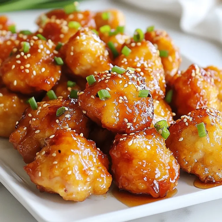 To make these tasty bites, you need a few key items. Gather these ingredients: - 1 lb chicken breast, cut into bite-sized pieces - 1/2 cup all-purpose flour - 1/2 teaspoon paprika - 1/4 teaspoon garlic powder - 1/4 teaspoon onion powder - Salt and pepper to taste - 1/2 cup buttermilk (or dairy-free alternative) - Oil for frying These ingredients create a crunchy, flavorful coating that pairs well with the hot honey glaze. The glaze adds a sweet and spicy kick to the chicken. You will need: - 1/4 cup honey - 1 tablespoon sriracha (adjust for spice level) - 1 tablespoon apple cider vinegar - 1/2 teaspoon red pepper flakes (optional) - 1 tablespoon unsalted butter Mixing these ingredients will give you a sticky, delicious glaze to coat your chicken. Garnishes can make your dish look even better. Consider adding: - Sesame seeds - Chopped green onions These tiny touches can bring color and extra flavor to your hot honey glazed chicken bites. {{ingredient_image_1}} Start by cutting the chicken breast into small, bite-sized pieces. This helps them cook faster. In a mixing bowl, combine the flour, paprika, garlic powder, onion powder, salt, and pepper. Mix these dry ingredients well. This coating gives the chicken bites a tasty crust. Next, dip each chicken piece into the buttermilk. Let the extra buttermilk drip off. Then, coat it well with the seasoned flour mixture. Place the coated chicken bites on a baking sheet. Heat oil in a large skillet over medium-high heat. You want the oil hot but not smoking. Carefully add the chicken bites in batches. Do not overcrowd the skillet; this can cause them to steam instead of fry. Fry each side for about 4-5 minutes. You want them golden brown and cooked all the way through. Once done, remove them from the skillet and drain on paper towels. This step helps remove excess oil. In a small saucepan, combine honey, sriracha, apple cider vinegar, and red pepper flakes if you like it spicy. Over low heat, stir until the butter melts and all ingredients mix well. This glaze is sweet and spicy, and it makes the chicken extra special. In a large bowl, toss the fried chicken bites with the hot honey glaze. Ensure every piece is well-coated. Serve your hot honey glazed chicken bites while they are hot for the best flavor. To achieve perfectly fried chicken bites, use fresh oil. This helps the chicken cook well and keeps the flavor bright. Heat your oil to 350°F for the best crisp. Avoid crowding the pan. Fry in small batches. This ensures even cooking and a nice golden color. Fry each side for about 4-5 minutes. Use a meat thermometer. The chicken should reach 165°F inside. The hot honey glaze is key to flavor. Start with one tablespoon of sriracha. This gives a nice kick without overwhelming heat. If you want it spicy, add more sriracha or red pepper flakes. Taste as you go. This way, you can find the heat that you love. Remember, you can always add more spice, but you can't take it away. For a stunning presentation, arrange the chicken bites on a large platter. Drizzle extra hot honey over the top. This adds shine and makes it look appetizing. Garnish with sesame seeds and chopped green onions. These colors pop and make the dish more appealing. Serve hot for the best taste! Pro Tips Use Cold Buttermilk: Starting with cold buttermilk can help create a crispier coating on the chicken bites when fried. Double Dredge for Extra Crunch: For an extra crunchy texture, dip the chicken bites in buttermilk and coat them with flour twice before frying. Control the Heat: If frying in batches, allow the oil to return to the correct temperature between batches to ensure the chicken cooks evenly. Experiment with Glaze: Feel free to adjust the honey and sriracha ratio in the glaze for a sweeter or spicier flavor that suits your taste. {{image_2}} You can swap chicken for other proteins. Try using shrimp, pork, or tofu. Each option brings its unique taste. Shrimp cooks quickly and absorbs flavors well. Pork bites can be juicy and tender. Tofu will soak up the hot honey glaze nicely. Just remember to adjust cooking times for each protein. For a vegetarian twist, use cauliflower or chickpeas. Cauliflower bites become crispy and delicious when fried. Just coat them in the same flour mix. Chickpeas can be roasted for a crunchy texture. Toss them in the hot honey glaze for a sweet and spicy treat. Both options are healthy and full of flavor. You can make your glaze even more exciting. Add fresh ginger for a zesty kick. Garlic can enhance the flavor too. Experiment with different hot sauces for more heat. For a fruity twist, mix in some pineapple juice. You can also toss in sesame seeds for extra crunch. Let your creativity run wild! Store leftover hot honey glazed chicken bites in an airtight container. Keep them in the fridge for up to three days. To keep them fresh, let the chicken cool first before sealing the container. This helps avoid sogginess. You can also separate the glaze if you want to keep the chicken crispy. To reheat, use the oven for the best results. Preheat your oven to 350°F (175°C). Place the chicken bites on a baking sheet. Heat for about 10-15 minutes. This method warms them evenly while keeping them crispy. Alternatively, you can microwave them for one to two minutes. But remember, this may make them less crispy. You can freeze these chicken bites for quick meals later. First, let them cool completely. Then, place them in a single layer on a baking sheet. Freeze until solid, then transfer them to a freezer-safe bag. They can last up to three months in the freezer. When ready to eat, thaw in the fridge overnight before reheating. Yes, you can make these chicken bites in the oven. Preheat your oven to 400°F (200°C). After coating the chicken pieces with the buttermilk and seasoned flour, place them on a baking sheet lined with parchment paper. Bake for about 20-25 minutes, flipping halfway through. This method gives you crispy bites without frying. To change the glaze's sweetness, add more or less honey. If you like it sweeter, use up to 1/2 cup of honey. For heat, adjust the sriracha. Start with 1 tablespoon, then taste. Add more if you want it spicier. Red pepper flakes can also boost the heat if you like. Many sides work well with these chicken bites. Some tasty options include: - Crunchy coleslaw - Creamy mac and cheese - Steamed broccoli - Garlic bread - Sweet potato fries These sides balance the flavors and add variety to your meal. Enjoy experimenting! This post covered how to make delicious Hot Honey Glazed Chicken Bites. We discussed key ingredients, step-by-step cooking methods, and helpful tips for perfect results. You can also explore variations with different proteins or vegetarian options. Storing leftovers and reheating them is easy with the right techniques. In cooking, creativity is key. Don’t hesitate to make this recipe your own. Enjoy your tasty creations!