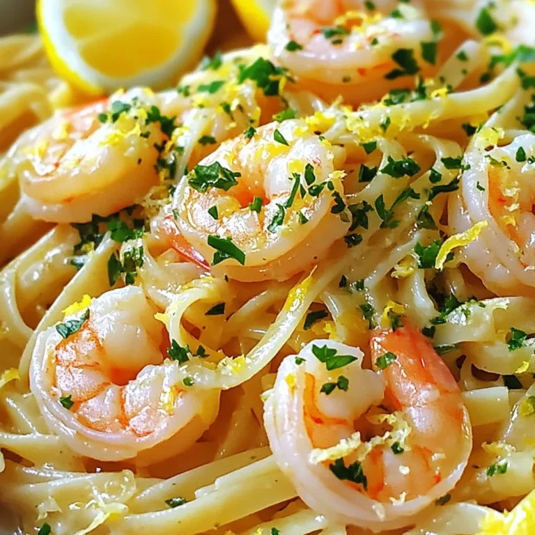 - 1 lb large shrimp, peeled and deveined - 4 cloves garlic, minced - 8 oz linguine or spaghetti The main ingredients of Lemon Garlic Shrimp Scampi are simple yet full of flavor. You want large shrimp because they cook quickly and have a nice bite. Always peel and devein them for the best taste. Fresh garlic gives a strong, rich flavor and pairs well with shrimp. For the pasta, you can use linguine or spaghetti. Both work great and soak up the sauce nicely. - 1/4 cup unsalted butter - 2 tablespoons olive oil - Zest and juice of 1 lemon - Red pepper flakes (optional) - Salt and pepper to taste Next, you need seasonings to make your dish pop. Unsalted butter adds creaminess. Olive oil adds depth and a nice finish. The zest and juice of one lemon brighten the whole dish. If you like heat, add red pepper flakes. Salt and pepper are a must for balancing flavors. - Fresh parsley, chopped - Lemon wedges Finally, garnishes add a fresh touch. Chopped parsley gives color and freshness. Lemon wedges let guests add more zing to their plates. This dish is not just tasty; it’s a feast for the eyes too. {{ingredient_image_1}} Start with a large pot. Fill it with water and add salt. Bring it to a boil. Add 8 ounces of linguine or spaghetti. Cook until it is al dente, about 8 to 10 minutes. Al dente means it should be firm when bitten. After cooking, reserve half a cup of pasta water. Drain the pasta and set it aside. Grab a large skillet and heat it over medium heat. Add 1/4 cup of unsalted butter and 2 tablespoons of olive oil. Once the butter melts, add 4 minced garlic cloves. Sauté the garlic for about one minute until it smells great. Next, add the shrimp in a single layer. Season the shrimp with salt, pepper, and optional red pepper flakes. Cook one side for 2 to 3 minutes until it turns pink. Flip the shrimp and add the lemon juice and zest. Cook for another 2 minutes until the shrimp is fully cooked and opaque. Now, it's time to combine everything. Toss the drained pasta into the skillet with the shrimp. Mix well to coat the pasta. If it looks dry, add some reserved pasta water. Do this slowly until you reach the right consistency. The dish should look glossy and inviting. To get tender shrimp, avoid overcooking them. Cook shrimp until they turn pink. This usually takes just 2-3 minutes on each side. If they curl tightly, they are overcooked. When choosing shrimp, go for large ones. They hold up well in cooking and have great taste. Look for shrimp that are fresh, plump, and firm. You can substitute butter with ghee or vegan butter. For oil, try avocado or coconut oil. Both give a nice taste and work well with the dish. Feel free to add more herbs. Fresh basil, thyme, or dill can boost flavor. A sprinkle of smoked paprika can also add a nice kick. To cook pasta right, follow the package instructions. Aim for al dente, which means it has a slight bite. This texture works best with the sauce. Always reserve pasta water before draining. This starchy water helps loosen up the sauce. Add it slowly to reach the right consistency in your dish. Pro Tips Perfectly Cooked Pasta: Make sure to cook the pasta until al dente, as it will continue to cook a bit when combined with the shrimp. This ensures a perfect texture. Fresh Ingredients: Use fresh garlic and real lemons for the best flavor. Fresh ingredients elevate the dish and provide a vibrant taste. Adjusting Spice Level: If you like more heat, feel free to add more red pepper flakes or even a dash of hot sauce while cooking the shrimp. Garnish Wisely: For an extra burst of flavor, consider adding a sprinkle of lemon zest on top before serving, along with the parsley. {{image_2}} You can switch out shrimp for other seafood. Scallops or crab work well too. If you like fish, try using white fish like cod. For those who need gluten-free options, use rice noodles or gluten-free pasta. They will still taste great with the lemon and garlic. Adding veggies can make this dish even better. Spinach or diced tomatoes add color and nutrients. You can also try different citrus fruits for a twist. Lime or orange zest gives a new flavor that will surprise you. If you want a different cooking style, try the oven. Bake the shrimp and sauce in a dish, covered. This method lets the flavors blend well. You can also grill the shrimp for a smoky taste. Just thread the shrimp on skewers and cook them until they are done. To keep your shrimp scampi fresh, store it in an airtight container. Make sure the shrimp cool down first. This helps keep the flavor and texture. You can store it in the fridge for up to three days. After that, it may lose its taste. To reheat, use a skillet over low heat. Add a splash of water or broth. This helps keep the shrimp moist. Stir gently for about five minutes. Avoid the microwave as it can overcook the shrimp. You want them tender, not rubbery. You can freeze shrimp scampi if you won’t eat it soon. Place it in a freezer-safe container. It can last for up to two months. When ready to eat, thaw it overnight in the fridge. Reheat it on the stovetop for best results. Lemon Garlic Shrimp Scampi comes from Italy, but it has American roots too. The word "scampi" refers to a type of shrimp. In Italy, they cook it with garlic, olive oil, and lemon. In the U.S., we often add pasta. This dish blends Italian and American styles. It is simple yet full of flavor. Yes, you can use frozen shrimp. Just make sure to thaw them first. Place the shrimp in cold water for about 15 minutes. This helps them cook evenly. Frozen shrimp can be just as tasty as fresh shrimp. Just check the label to ensure they are wild-caught for great flavor. There are many great sides for this dish. Here are some ideas: - Garlic bread: It is perfect for soaking up the sauce. - Salad: A fresh green salad adds a nice crunch. - Steamed veggies: Broccoli or asparagus pairs well with shrimp. - Rice: Serve over rice if you want something different. Yes, you can swap out the pasta for zucchini noodles. Spiralized zucchini cooks quickly and adds a nice texture. Another option is spaghetti squash. It has a mild flavor and is low in carbs. Both options keep the dish light and fresh while still being delicious. This blog post covered how to create a delicious Lemon Garlic Shrimp Scampi. We explored the key ingredients, step-by-step cooking methods, and tips to enhance flavor. You learned about variations and storage options for your dish. By using these easy instructions, you can impress anyone with your cooking skills. Whether you stick to the classic recipe or try different twists, you can make this meal perfect for any occasion. Enjoy your cooking adventure!