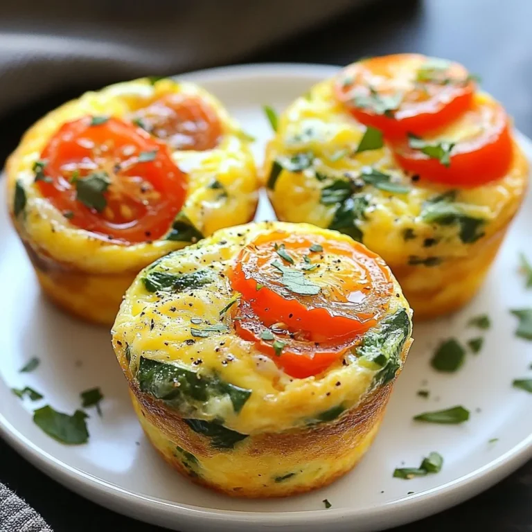 - 6 large eggs - 1/4 cup milk (or a dairy-free alternative) - 1 cup spinach, chopped - Bell peppers (red or green), diced - Cherry tomatoes, halved - Red onion, finely chopped - Grated cheese (cheddar or feta) - Garlic powder - Salt and pepper to taste When you make veggie loaded egg muffins, focus on fresh ingredients. Eggs are the base, giving you protein and richness. Milk adds a creamy touch that makes these muffins soft. I always use fresh spinach. It gives a nice green color and boosts nutrition. For the veggies, bell peppers bring crunch and sweetness. You can choose red or green based on your taste. Cherry tomatoes add juiciness. They burst with flavor when baked. Red onion gives a gentle bite that balances the dish. Don’t skip the seasoning. Grated cheese adds a creamy, salty flavor. I often use cheddar or feta. Both melt well and enhance the taste. Garlic powder gives depth, while salt and pepper round out the flavors. You can add dried oregano for a hint of herbs, too. With these ingredients, you can create a healthy breakfast that is tasty and colorful. You can also mix and match to suit your tastes and what you have on hand. {{ingredient_image_1}} - Preheat your oven to 350°F (175°C). - Grease the muffin tin with cooking spray or use muffin liners. Start by making sure your oven is hot. This helps the muffins rise well. Greasing the tin makes it easy to remove the muffins later. - Whisk 6 large eggs with 1/4 cup of milk. - Stir in 1 cup of chopped spinach, 1/2 cup of diced bell peppers, 1/2 cup of halved cherry tomatoes, and 1/4 cup of finely chopped red onion. In a big bowl, crack the eggs and pour in the milk. Whisk them until mixed. Then, add the veggies. They give flavor and color. For extra taste, add 1/2 cup of grated cheese, 1 teaspoon of garlic powder, salt, and pepper. You can also add 1/2 teaspoon of dried oregano if you like. - Fill each muffin cup with the egg mixture. - Bake for 18-20 minutes until golden. Carefully pour the egg mix into each muffin cup. Fill each about 3/4 full. Place the tin in the oven and let them bake. You’ll know they’re ready when the tops are slightly golden. Enjoy the smell as they cook! To check if your muffins are done, look for a firm top. The muffins should bounce back when touched lightly. An inserted toothpick should come out clean. If it's wet, give them a few more minutes. After baking, let the muffins cool for five minutes in the tin. This helps them hold their shape. Then, transfer them to a wire rack to cool completely. This step prevents sogginess and helps them stay fresh. For a fun presentation, sprinkle fresh herbs on top. Chopped parsley or basil adds color and flavor. You can also serve these muffins with salsa or hot sauce. This adds a zesty kick and makes each bite exciting. Feel free to swap out vegetables based on your taste. Use zucchini, mushrooms, or broccoli for a twist. Just make sure to chop them small for even cooking. You can also change the cheese type. Try goat cheese or mozzarella for different flavors. Mixing cheeses can add depth to your muffins. Pro Tips Maximize Freshness: Use fresh vegetables for the best flavor and texture. If possible, chop them just before adding to the egg mixture. Customizable Ingredients: Feel free to swap out the veggies based on what you have on hand or your personal preferences. Zucchini, mushrooms, or broccoli work great too! Cheese Variations: Experiment with different types of cheese such as goat cheese, mozzarella, or pepper jack for a unique twist on flavor. Storage Tips: These muffins can be stored in an airtight container in the fridge for up to a week, making them perfect for meal prep! {{image_2}} You can make your egg muffins even more colorful and tasty. Try adding different leafy greens like kale or Swiss chard. These greens add great flavor and a boost of nutrients. You can also use seasonal vegetables. In summer, add zucchini or corn. In winter, try roasted butternut squash. Each season brings a new chance to mix it up. Want to make your muffins heartier? Add cooked meats like bacon or sausage. They will bring a savory touch that makes a great breakfast. For a lighter option, use plant-based protein sources. Chickpeas or lentils can add a protein punch without meat. This gives everyone a chance to enjoy these muffins, no matter their diet. If you want a vegan version, egg substitutes work well. You can use flaxseed meal or tofu blended until smooth. Both options bind the muffins nicely. For cheese lovers, plant-based cheese is a great choice. It melts and adds creaminess just like regular cheese. This way, everyone can enjoy delicious muffins, no matter their dietary needs. Store your veggie loaded egg muffins in an airtight container. This keeps them fresh. You can enjoy them for up to five days. Make sure they cool before you store them. If you want a quick breakfast, take one out and heat it up. To freeze your egg muffins, let them cool completely first. Then, place each muffin in a freezer-safe bag. You can stack them, saving space. They will last for about three months in the freezer. When you're ready to eat, thaw them in the fridge overnight. Reheat in the microwave for about 30 seconds or until warm. Batch cooking these muffins is a smart way to plan meals. You can make a large batch on the weekend and have breakfast ready for the week. Serve them with toast or fruit for a balanced meal. They also make a great snack during the day. You can create different flavors by changing the veggies or cheese each time. This keeps breakfast exciting and fun! Veggie-loaded egg muffins last up to five days in the fridge. Keep them in an airtight container. For longer storage, freeze them. In the freezer, they can last up to three months. Just use freezer-safe containers or bags. Make sure to label them with the date. Yes, you can make these muffins ahead. They are perfect for meal prep. Cook a batch on the weekend. Store them in the fridge or freezer. In the morning, just grab one and heat it. This saves time on busy mornings. You can enjoy a healthy breakfast without fuss. Veggie-loaded egg muffins are a healthy choice. They are low in calories and high in protein. Each muffin has about 100 calories. The veggies add fiber and vitamins. Spinach is rich in iron, while bell peppers have vitamin C. This makes them a great option for a balanced diet. In this blog post, we explored how to make delicious veggie-loaded egg muffins. You learned about essential ingredients, from eggs to spinach, and various vegetable options. I shared step-by-step instructions for baking and tips for perfect results. You can customize these muffins with different flavors, store them easily, and even meal prep for busy days. These muffins are not just tasty; they are also healthy and versatile. Enjoy making these to kickstart your mornings!
