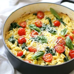 To make One-Pot Creamy Spinach Orzo, you need the following: - 1 cup orzo pasta - 2 cups fresh spinach, chopped - 1 medium onion, finely chopped - 3 cloves garlic, minced - 2 cups vegetable broth - 1 cup heavy cream (or coconut cream for a dairy-free option) - 1 cup cherry tomatoes, halved - 1/2 cup grated Parmesan cheese (or nutritional yeast for vegan option) - 2 tablespoons olive oil - Salt and pepper to taste - Fresh basil, for garnish You can customize your dish with these options: - 1/2 teaspoon red pepper flakes for heat - 1/4 cup sun-dried tomatoes for added flavor - 1 cup cooked chicken or shrimp for protein - 1/2 cup peas for color and sweetness If you need to swap ingredients, consider these ideas: - Use quinoa instead of orzo for a gluten-free option. - Substitute almond milk for heavy cream in the recipe. - If you don’t have Parmesan, try feta cheese for a tangy taste. - Fresh spinach can be replaced with kale for a heartier option. This list keeps your cooking quick and simple. Enjoy your creamy dish! {{ingredient_image_1}} Gather all your ingredients first. This helps the cooking go smoothly. You will need: - 1 cup orzo pasta - 2 cups fresh spinach, chopped - 1 medium onion, finely chopped - 3 cloves garlic, minced - 2 cups vegetable broth - 1 cup heavy cream (or coconut cream for a dairy-free option) - 1 cup cherry tomatoes, halved - 1/2 cup grated Parmesan cheese (or nutritional yeast for vegan option) - 2 tablespoons olive oil - Salt and pepper to taste - Fresh basil, for garnish Make sure to have all tools on hand. You will need a large pot or deep skillet, a wooden spoon, and a cutting board. Start by heating the olive oil in your pot over medium heat. Add in the chopped onion. Sauté for 3-4 minutes until the onion turns clear. Then, mix in the minced garlic for 1 minute. This brings out its great smell. Next, add the orzo pasta. Stir it for 1-2 minutes. This slight toasting adds flavor. Now, pour in the vegetable broth and bring it to a boil. Once boiling, lower the heat and cover. Let it simmer for 8-10 minutes. Stir it occasionally. The orzo should be soft and most of the liquid will be gone. Now it is time to add the cream. Stir well to combine. Fold in the spinach and cherry tomatoes next. Cook for another 2-3 minutes. The spinach should wilt and the tomatoes will soften. Once cooked, take the pot off the heat. Stir in the grated Parmesan cheese, or nutritional yeast if you are vegan. Season with salt and pepper to taste. Let the orzo sit for a few minutes. This will help it thicken up. Serve it warm and garnish with fresh basil. Enjoy your creamy and flavorful dish! To make creamy orzo, start with a good pot. Use a large pot or deep skillet. This helps the orzo cook evenly. Heat olive oil over medium heat. Add the onions and sauté them until soft. This takes about 3-4 minutes. Add garlic and cook for just one more minute. This brings out great flavor. Next, add the orzo and toast it lightly. Stir for 1-2 minutes. Then, pour in vegetable broth and bring it to a boil. Lower the heat and cover the pot. Let it simmer for 8-10 minutes. Stir it occasionally. When the orzo is tender, add heavy cream. Mix in the chopped spinach and cherry tomatoes. Cook for another 2-3 minutes. This wilts the spinach and softens the tomatoes. Finally, stir in grated Parmesan cheese. Season with salt and pepper. Let it sit for a few minutes to thicken. One common mistake is overcooking the orzo. Keep an eye on it. If it cooks too long, it can become mushy. Another mistake is not stirring often. This can cause the orzo to stick to the pot. Also, don’t skip the resting time. Letting it sit helps it thicken and taste better. Lastly, be careful with salt. The broth and cheese can be salty. Taste as you go to avoid over-seasoning. You can enhance the flavor of your orzo in many ways. Fresh herbs make a big difference. Try adding basil or parsley for a fresh taste. You can also add a squeeze of lemon juice. It brightens the dish and adds zest. If you want a kick, sprinkle in some red pepper flakes. For a smoky flavor, try adding smoked paprika. You can even swap the cream for coconut cream for a unique twist. Adjust these flavors to fit your taste! Pro Tips Use Fresh Spinach: Fresh spinach wilts down nicely and retains its vibrant color, enhancing both the appearance and flavor of your dish. Toast the Orzo: Toasting the orzo for a couple of minutes before adding the broth adds a nutty flavor that elevates the overall taste of the dish. Adjust Creaminess: Feel free to adjust the amount of cream to suit your preference; for a lighter version, use less cream or substitute with a splash of milk. Add Protein: For a heartier meal, consider adding cooked chicken, shrimp, or chickpeas to the dish for added protein and nutrition. {{image_2}} To make this dish vegan, swap out a few key items. Use coconut cream instead of heavy cream. For cheese, use nutritional yeast instead of Parmesan. This keeps the dish creamy while being plant-based. You still get great flavor without dairy. Don’t forget to adjust the salt to your taste! Adding protein can make your meal heartier. If you like chicken, use diced cooked chicken. Add it when you stir in the cream. For shrimp lovers, sauté shrimp in olive oil before you add the onion. Cook them until pink, then follow the rest of the steps. You can also use tofu for a vegetarian option. Feel free to mix up the veggies based on the season. In spring, add asparagus, peas, or artichokes. Summer calls for zucchini or bell peppers. For fall, you might like butternut squash or kale. Each vegetable brings its own flavor and texture, so experiment to find what you love! To store leftovers, let the orzo cool down first. This prevents extra steam from building up. Transfer the orzo to an airtight container. Make sure to seal it well. Store it in the fridge for up to three days. If you want to keep it longer, consider freezing. When you're ready to enjoy your orzo again, take it out of the fridge. Add a splash of vegetable broth or cream to help it stay creamy. Place it in a pot over low heat. Stir it often, so it heats evenly. You can also use a microwave. Heat it in short bursts, stirring in between. To freeze the orzo, pack it into freezer-safe bags or containers. Leave some space for expansion. It can last up to three months in the freezer. When you're ready to eat, thaw it overnight in the fridge. Reheat it gently to enjoy that creamy goodness again. Yes, you can make One-Pot Creamy Spinach Orzo ahead of time. Just cook it and let it cool. Store it in an airtight container in the fridge. It stays good for up to three days. When you're ready to eat, reheat it on the stove or in the microwave. You may need to add a splash of vegetable broth or cream to help it get creamy again. You can serve One-Pot Creamy Spinach Orzo with many tasty sides. A fresh green salad pairs well with it. You can also add crusty bread for dipping. Grilled chicken or shrimp are great protein options to serve alongside. For a light meal, try it with roasted vegetables or a simple tomato soup. Yes, you can use a different type of pasta. While orzo works great, other small pastas like ditalini or even small shells will do well. Just remember to adjust the cooking time based on the pasta you choose. Keep an eye on the liquid too; different pastas absorb liquid differently. Now you know how to make One-Pot Creamy Spinach Orzo with ease. We covered the ingredients, step-by-step cooking, and smart tips to avoid mistakes. I shared fun ways to change the dish and how to store leftovers for later. Enjoy your creamy orzo with different proteins or veggies. Get creative! This dish fits any season and any table. Cooking should be fun, so try mixing it up. Happy cooking!