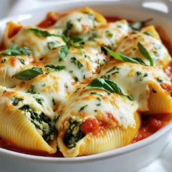 To make delicious spinach ricotta stuffed shells, gather these ingredients: - 12 jumbo pasta shells - 2 cups fresh spinach, chopped - 1 cup ricotta cheese - 1 cup shredded mozzarella cheese - 1/2 cup grated Parmesan cheese - 1 egg, beaten - 2 cups marinara sauce - 1 teaspoon garlic powder - 1 teaspoon onion powder - Salt and pepper, to taste - Fresh basil or parsley, for garnish When choosing ingredients, look for fresh and high-quality items. Fresh spinach adds great flavor. For cheeses, use whole milk ricotta and good mozzarella. They melt well and give a nice texture. Choose a rich marinara sauce. This sauce brings all the flavors together. If you can, buy organic or local products. They often taste better and are healthier. You can switch some ingredients if you want. For a lighter dish, use low-fat ricotta. If you like more flavors, add spices like nutmeg or red pepper flakes. You can also mix in some cooked ground meat. This adds protein and heartiness. For a vegan version, try tofu instead of ricotta. Blend it with some lemon juice and nutritional yeast for flavor. {{ingredient_image_1}} First, preheat your oven to 375°F (190°C). This step warms the oven for even cooking. Next, cook 12 jumbo pasta shells in boiling water. Follow the package instructions until they are al dente. After cooking, drain the shells and let them cool slightly. In a large mixing bowl, gather your filling. Add 2 cups of chopped fresh spinach. Mix in 1 cup of ricotta cheese and 1/2 cup of mozzarella cheese. Then, add 1/2 cup of grated Parmesan cheese and 1 beaten egg. Sprinkle in 1 teaspoon of garlic powder and 1 teaspoon of onion powder. Season with salt and pepper to taste. Stir everything until well blended. Now, it’s time to assemble the dish. Spread 1 cup of marinara sauce across the bottom of a 9x13 inch baking dish. Take each pasta shell and carefully stuff it with the spinach and ricotta mixture. Place the stuffed shells open side up in the baking dish. Once all the shells are filled, pour the remaining marinara sauce over them. Make sure each shell is well-coated. Next, sprinkle the remaining mozzarella cheese on top. Cover the dish with aluminum foil to keep moisture in. Bake for 25 minutes in the preheated oven. After that, remove the foil and bake for another 10 to 15 minutes. Look for bubbly and golden cheese on top. After baking, let the dish cool for a few minutes. This helps the flavors settle. For a nice touch, garnish with fresh basil or parsley. Serve the stuffed shells with a side salad or some crusty bread. Enjoy your delicious Spinach Ricotta Stuffed Shells! To cook pasta shells just right, start with a large pot. Use plenty of water to boil. Add salt to the water to enhance flavor. Cook the shells until they are al dente, which means they should still have a little bite. This usually takes about 9 to 12 minutes. Stir them gently to prevent sticking. Drain the shells and let them cool slightly. Make sure they are not overcooked, or they will break when you stuff them. Ricotta cheese is the star of this dish, but you can mix it up. Try adding feta cheese for a tangy kick. Cream cheese can add a smooth texture. You can also use goat cheese for a unique taste. Mixing different cheeses can make your filling richer. Don’t be afraid to experiment! Just keep the total amount of cheese the same. Many cooks forget to season the filling. Add salt and pepper to enhance the taste. Another mistake is overstuffing the shells. It may seem tempting, but it can lead to messy baking. Make sure to pack the filling gently. Lastly, don’t skip the sauce on top. It keeps the shells moist and adds flavor. Following these tips will help you create perfect Spinach Ricotta Stuffed Shells. Pro Tips Use Fresh Spinach: Fresh spinach provides a vibrant color and flavor. If using frozen spinach, make sure to squeeze out all the excess moisture to avoid a watery filling. Cheese Variations: Feel free to mix different cheeses such as feta or goat cheese for added flavor. Just remember to adjust the salt accordingly! Make Ahead: You can prepare the stuffed shells in advance and refrigerate them before baking. Just add a few extra minutes to the baking time if they go in cold. Garnish for Color: Fresh basil or parsley not only adds a pop of color but also enhances the flavor. Add it just before serving for the best presentation. {{image_2}} This dish is easy to adapt for vegetarians and vegans. For a vegetarian option, simply stick to the original recipe. You can use vegan ricotta made from blended tofu, cashews, or almonds. Replace the egg with a flaxseed egg or silken tofu to bind the filling. This way, you still get a creamy texture without the dairy. If you want to boost the protein, add cooked chicken or sausage. Ground turkey or beef also works well. Just brown the meat in a pan before mixing it into the filling. This adds flavor and makes the dish heartier. You can also mix in some cooked lentils for a plant-based protein option. To elevate the taste, add spices and herbs. Italian seasoning, crushed red pepper, or fresh garlic can give it a kick. Fresh herbs like basil, thyme, or parsley will brighten the dish. Mix some of these into the ricotta filling or sprinkle them on top before serving. These small changes can make a big difference in flavor. After making Spinach Ricotta Stuffed Shells, you may have some leftovers. To store them, let the shells cool to room temperature. Then, place them in an airtight container. This will keep them fresh for up to three days in the fridge. If you want to keep them longer, freezing is a great option. To freeze your stuffed shells, start by preparing them as usual. Once baked, let them cool completely. Then, wrap each shell in plastic wrap. After that, place them in a freezer-safe bag or container. Label it with the date. You can freeze them for up to three months. When you're ready to eat, simply thaw them in the fridge overnight. Reheating is simple. For the best taste, use the oven. Preheat it to 350°F (175°C). Place the shells in a baking dish and cover with foil. This keeps the moisture in. Heat for about 20-25 minutes or until they are warm throughout. You can also use the microwave, but the oven method keeps them tastier. Enjoy your delicious meal again! You can use cottage cheese instead of ricotta. Blend it for a smoother texture. Cream cheese works too, but it is richer. For a dairy-free option, try cashew cream. Just soak cashews, blend, and season to taste. Each option brings a unique flavor to your dish. Yes, you can prepare these stuffed shells in advance. Assemble the shells and cover them with sauce. Wrap the dish with plastic wrap and store it in the fridge. You can keep it there for up to two days. When ready to bake, remove the wrap and add extra sauce if needed. To serve more people, simply double the ingredients. Use 24 jumbo pasta shells and adjust the cheese and spinach amounts. You can also increase the marinara sauce. Use a larger baking dish to fit everything. Bake as directed, but check for doneness. Enjoy your feast! This blog post covered everything you need for perfect stuffed shells. We explored the best ingredients and their substitutes. I shared step-by-step cooking instructions and serving tips. You learned helpful tips to avoid common mistakes and variations to enhance flavors. Finally, I detailed safe storage and reheating methods. Now, you're ready to make delicious stuffed shells that everyone will love. Enjoy getting creative with your meals!