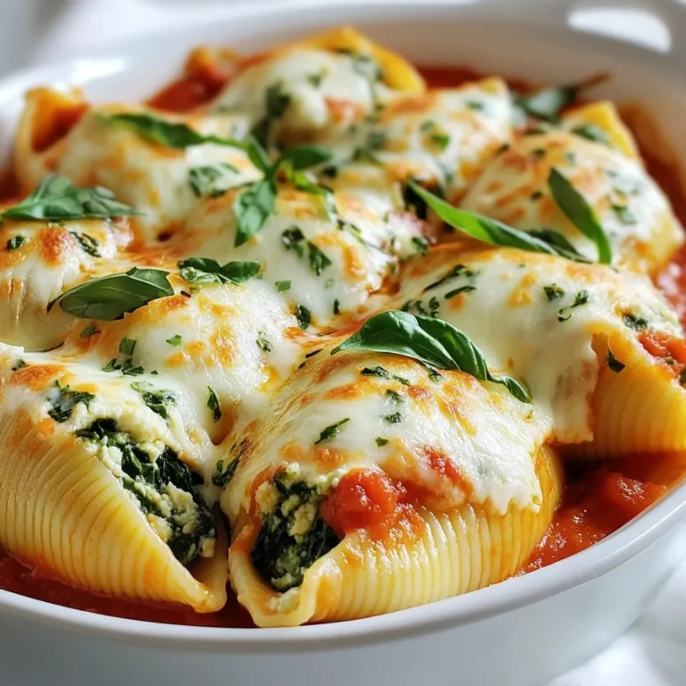 To make delicious spinach ricotta stuffed shells, gather these ingredients: - 12 jumbo pasta shells - 2 cups fresh spinach, chopped - 1 cup ricotta cheese - 1 cup shredded mozzarella cheese - 1/2 cup grated Parmesan cheese - 1 egg, beaten - 2 cups marinara sauce - 1 teaspoon garlic powder - 1 teaspoon onion powder - Salt and pepper, to taste - Fresh basil or parsley, for garnish When choosing ingredients, look for fresh and high-quality items. Fresh spinach adds great flavor. For cheeses, use whole milk ricotta and good mozzarella. They melt well and give a nice texture. Choose a rich marinara sauce. This sauce brings all the flavors together. If you can, buy organic or local products. They often taste better and are healthier. You can switch some ingredients if you want. For a lighter dish, use low-fat ricotta. If you like more flavors, add spices like nutmeg or red pepper flakes. You can also mix in some cooked ground meat. This adds protein and heartiness. For a vegan version, try tofu instead of ricotta. Blend it with some lemon juice and nutritional yeast for flavor. {{ingredient_image_1}} First, preheat your oven to 375°F (190°C). This step warms the oven for even cooking. Next, cook 12 jumbo pasta shells in boiling water. Follow the package instructions until they are al dente. After cooking, drain the shells and let them cool slightly. In a large mixing bowl, gather your filling. Add 2 cups of chopped fresh spinach. Mix in 1 cup of ricotta cheese and 1/2 cup of mozzarella cheese. Then, add 1/2 cup of grated Parmesan cheese and 1 beaten egg. Sprinkle in 1 teaspoon of garlic powder and 1 teaspoon of onion powder. Season with salt and pepper to taste. Stir everything until well blended. Now, it’s time to assemble the dish. Spread 1 cup of marinara sauce across the bottom of a 9x13 inch baking dish. Take each pasta shell and carefully stuff it with the spinach and ricotta mixture. Place the stuffed shells open side up in the baking dish. Once all the shells are filled, pour the remaining marinara sauce over them. Make sure each shell is well-coated. Next, sprinkle the remaining mozzarella cheese on top. Cover the dish with aluminum foil to keep moisture in. Bake for 25 minutes in the preheated oven. After that, remove the foil and bake for another 10 to 15 minutes. Look for bubbly and golden cheese on top. After baking, let the dish cool for a few minutes. This helps the flavors settle. For a nice touch, garnish with fresh basil or parsley. Serve the stuffed shells with a side salad or some crusty bread. Enjoy your delicious Spinach Ricotta Stuffed Shells! To cook pasta shells just right, start with a large pot. Use plenty of water to boil. Add salt to the water to enhance flavor. Cook the shells until they are al dente, which means they should still have a little bite. This usually takes about 9 to 12 minutes. Stir them gently to prevent sticking. Drain the shells and let them cool slightly. Make sure they are not overcooked, or they will break when you stuff them. Ricotta cheese is the star of this dish, but you can mix it up. Try adding feta cheese for a tangy kick. Cream cheese can add a smooth texture. You can also use goat cheese for a unique taste. Mixing different cheeses can make your filling richer. Don’t be afraid to experiment! Just keep the total amount of cheese the same. Many cooks forget to season the filling. Add salt and pepper to enhance the taste. Another mistake is overstuffing the shells. It may seem tempting, but it can lead to messy baking. Make sure to pack the filling gently. Lastly, don’t skip the sauce on top. It keeps the shells moist and adds flavor. Following these tips will help you create perfect Spinach Ricotta Stuffed Shells. Pro Tips Use Fresh Spinach: Fresh spinach provides a vibrant color and flavor. If using frozen spinach, make sure to squeeze out all the excess moisture to avoid a watery filling. Cheese Variations: Feel free to mix different cheeses such as feta or goat cheese for added flavor. Just remember to adjust the salt accordingly! Make Ahead: You can prepare the stuffed shells in advance and refrigerate them before baking. Just add a few extra minutes to the baking time if they go in cold. Garnish for Color: Fresh basil or parsley not only adds a pop of color but also enhances the flavor. Add it just before serving for the best presentation. {{image_2}} This dish is easy to adapt for vegetarians and vegans. For a vegetarian option, simply stick to the original recipe. You can use vegan ricotta made from blended tofu, cashews, or almonds. Replace the egg with a flaxseed egg or silken tofu to bind the filling. This way, you still get a creamy texture without the dairy. If you want to boost the protein, add cooked chicken or sausage. Ground turkey or beef also works well. Just brown the meat in a pan before mixing it into the filling. This adds flavor and makes the dish heartier. You can also mix in some cooked lentils for a plant-based protein option. To elevate the taste, add spices and herbs. Italian seasoning, crushed red pepper, or fresh garlic can give it a kick. Fresh herbs like basil, thyme, or parsley will brighten the dish. Mix some of these into the ricotta filling or sprinkle them on top before serving. These small changes can make a big difference in flavor. After making Spinach Ricotta Stuffed Shells, you may have some leftovers. To store them, let the shells cool to room temperature. Then, place them in an airtight container. This will keep them fresh for up to three days in the fridge. If you want to keep them longer, freezing is a great option. To freeze your stuffed shells, start by preparing them as usual. Once baked, let them cool completely. Then, wrap each shell in plastic wrap. After that, place them in a freezer-safe bag or container. Label it with the date. You can freeze them for up to three months. When you're ready to eat, simply thaw them in the fridge overnight. Reheating is simple. For the best taste, use the oven. Preheat it to 350°F (175°C). Place the shells in a baking dish and cover with foil. This keeps the moisture in. Heat for about 20-25 minutes or until they are warm throughout. You can also use the microwave, but the oven method keeps them tastier. Enjoy your delicious meal again! You can use cottage cheese instead of ricotta. Blend it for a smoother texture. Cream cheese works too, but it is richer. For a dairy-free option, try cashew cream. Just soak cashews, blend, and season to taste. Each option brings a unique flavor to your dish. Yes, you can prepare these stuffed shells in advance. Assemble the shells and cover them with sauce. Wrap the dish with plastic wrap and store it in the fridge. You can keep it there for up to two days. When ready to bake, remove the wrap and add extra sauce if needed. To serve more people, simply double the ingredients. Use 24 jumbo pasta shells and adjust the cheese and spinach amounts. You can also increase the marinara sauce. Use a larger baking dish to fit everything. Bake as directed, but check for doneness. Enjoy your feast! This blog post covered everything you need for perfect stuffed shells. We explored the best ingredients and their substitutes. I shared step-by-step cooking instructions and serving tips. You learned helpful tips to avoid common mistakes and variations to enhance flavors. Finally, I detailed safe storage and reheating methods. Now, you're ready to make delicious stuffed shells that everyone will love. Enjoy getting creative with your meals!