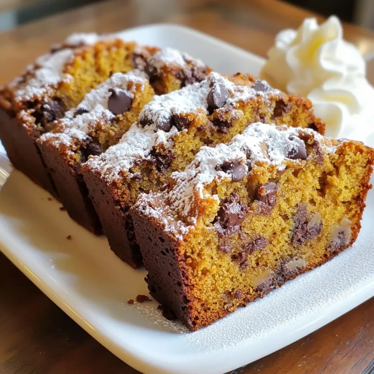 - 1 and ½ cups canned pumpkin puree - 1 cup granulated sugar - ½ cup packed brown sugar - ½ cup vegetable oil - 2 large eggs - 1 teaspoon vanilla extract - 2 cups all-purpose flour - 1 teaspoon baking soda - ½ teaspoon baking powder - 1 teaspoon ground cinnamon - ½ teaspoon ground nutmeg - ½ teaspoon ground ginger - ½ teaspoon salt - 1 cup semi-sweet chocolate chips The base of this chocolate chip pumpkin bread starts with pumpkin puree. It gives the bread its moist texture and rich flavor. The sugars, both granulated and brown, add sweetness and depth. The vegetable oil keeps the bread soft. Eggs help bind everything together. Next, we have the flour. It provides structure, while baking soda and baking powder help the bread rise. The mix of spices, like cinnamon, nutmeg, and ginger, brings warmth and flavor. Lastly, the chocolate chips add a delightful sweet surprise in every bite. - ½ cup chopped walnuts or pecans If you want to add some crunch, consider nuts like walnuts or pecans. They pair well with the soft bread and chocolate. You can also try gluten-free or vegan options. Use gluten-free flour blends for a safe choice. For vegan bread, replace eggs with flax eggs and use plant-based oil. This way, everyone can enjoy this tasty treat! {{ingredient_image_1}} Preheating the Oven Start by preheating your oven to 350°F (175°C). This step is key for even baking. If your oven is not hot enough, the bread may not rise well. Preparing the Loaf Pan Next, get your 9x5 inch loaf pan ready. You can grease it with butter or oil. Alternatively, you can line it with parchment paper. This makes it easy to remove the bread later. Combining Wet Ingredients In a large mixing bowl, add the canned pumpkin puree. Then, pour in the granulated sugar and brown sugar. Add the vegetable oil next. Whisk these ingredients together until they blend well. Now, crack the two large eggs into the bowl. Add the teaspoon of vanilla extract too. Whisk again until the mixture is smooth and fully mixed. Mixing Dry Ingredients In another bowl, measure out the all-purpose flour. Then, add the baking soda, baking powder, ground cinnamon, ground nutmeg, ground ginger, and salt. Stir these dry ingredients together until they are evenly mixed. This will help your bread rise and taste great. Folding the Batter Gradually add the dry mix to the wet mix. Use a spatula to fold the two together gently. Be careful not to overmix. You want the batter to be combined, but some lumps are okay. Now, fold in the semi-sweet chocolate chips. If you like nuts, add those in too. Make sure they are spread throughout the batter. Baking Time and Temperature Pour the batter into your prepared loaf pan. Smooth the top with a spatula. Place it in the oven and bake for 60 to 70 minutes. Check if it's done by inserting a toothpick in the center. If it comes out clean, your bread is ready. If the top browns too fast, cover it loosely with foil for the last 15 minutes. After baking, let the loaf cool in the pan for 10 to 15 minutes. Then, move it to a wire rack to cool completely. Enjoy your tasty chocolate chip pumpkin bread! - Overmixing the Batter: This is a common mistake. Overmixing makes bread tough. Mix just until the dry and wet ingredients combine. This preserves the soft texture. - Not Measuring Ingredients Correctly: Accurate measurements matter. Use measuring cups and spoons for precise amounts. Too much flour or sugar can ruin your bread. - Using Room Temperature Ingredients: For the best results, use room temperature ingredients. This helps them blend smoothly. Cold eggs or oil can cause lumps in your batter. - Importance of Accurate Baking Time: Baking time is key. Check the bread at 60 minutes. If a toothpick comes out clean, it’s done. Keep an eye on the top. If it browns too fast, cover it with foil for the last 15 minutes. This prevents burning and keeps it moist. Pro Tips Use Fresh Pumpkin: For an even richer flavor, consider using fresh pumpkin puree instead of canned. Roast and puree your own pumpkins for a unique taste. Don’t Overmix: When combining wet and dry ingredients, mix just until incorporated. Overmixing can lead to a dense loaf. Check for Doneness: Ovens vary, so check your bread a few minutes before the suggested baking time. A toothpick should come out clean when it’s done. Storage Tips: Store leftover bread in an airtight container at room temperature for up to 3 days, or refrigerate for up to a week. It also freezes well! {{image_2}} To make this bread gluten-free, swap the all-purpose flour for gluten-free flour. A blend of almond flour and coconut flour works well. You can also use a store-bought gluten-free flour mix. Just follow the package instructions for the right amount to use. The texture may change slightly, but the taste stays rich and delightful. For a vegan version, replace the eggs with flaxseed meal. Mix one tablespoon of flaxseed meal with three tablespoons of water. Let it sit for a few minutes until it thickens. You can substitute the vegetable oil with coconut oil or applesauce. For the milk, use almond milk or any plant-based milk. This makes the bread soft and moist. You can add spices to enhance the flavor. Try mixing in a teaspoon of allspice or cardamom for a unique twist. You can also add a splash of orange juice or lemon zest for a bright touch. If you want a sweeter bread, throw in some chopped dried fruit like cranberries or raisins. These changes can create a fun new taste in each slice. To keep chocolate chip pumpkin bread fresh, wrap it well. Use plastic wrap or foil to cover the loaf tightly. This keeps moisture in and air out. You can also place it in an airtight container. Store it at room temperature for up to four days. If you want it to last longer, refrigerate it. The fridge can keep it fresh for about a week. Freezing chocolate chip pumpkin bread is easy and smart. First, let the bread cool completely. Once cool, wrap it in plastic wrap. Make sure it is snug and tight. Then, wrap it in aluminum foil or place it in a freezer bag. It will stay good for up to three months in the freezer. When you are ready to eat it, just thaw it at room temperature. You can also warm slices in the oven for a few minutes. This brings back the fresh-baked taste! You can tell your pumpkin bread is done by using a toothpick. Insert it into the center of the bread. If it comes out clean, your bread is ready. If it has wet batter on it, give it more time. Check the bread around the 60-minute mark. If the top is browning too fast, cover it with foil. Yes, you can use fresh pumpkin! Just make sure to cook and puree it first. Roast the pumpkin until soft, then blend it until smooth. This gives your bread a fresh taste. Just remember, canned pumpkin is easier and quicker. Chocolate chip pumpkin bread lasts about 3 to 4 days at room temperature. Keep it in an airtight container for the best results. If you want it to last longer, you can freeze it. It stays good for about 3 months in the freezer. Absolutely! You can use dark chocolate, milk chocolate, or white chocolate chips. Each type gives a different taste. You can even mix them for a fun twist. Try adding peanut butter chips for a unique flavor! In this post, we explored how to make tasty chocolate chip pumpkin bread. We covered essential and optional ingredients, plus variations for gluten-free and vegan options. I shared tips to avoid common mistakes and how to store your bread well. This recipe is simple and flexible. You can make it your own. Enjoy the baking process and the delightful results!