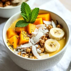 For a smooth and creamy coconut mango smoothie bowl, gather these main ingredients: - 1 cup ripe mango, diced - 1 large banana, frozen - 1 cup coconut milk - ½ cup Greek yogurt (or dairy-free alternative) - ½ teaspoon vanilla extract These ingredients create a tropical base that is both refreshing and energizing. The ripe mango gives sweetness and a vibrant color. The frozen banana adds creaminess and natural sweetness. Coconut milk provides a rich, smooth texture. Greek yogurt adds protein and tang, while vanilla extract enhances the flavor. You might want to add a touch of sweetness. Here are some optional sweeteners and add-ins: - 1 tablespoon honey or maple syrup (optional) If you like your smoothie bowl sweeter, use honey or maple syrup. Both dissolve well and blend seamlessly into the mix. Feel free to adjust the amount based on your taste. Toppings make your smoothie bowl look beautiful and add texture. Here are some suggested toppings: - Sliced fresh fruit (mango, banana) - Shredded coconut - Granola - Chia seeds - Mint leaves Arrange the toppings artistically on your smoothie bowl. Fresh fruit adds color and freshness. Shredded coconut gives a fun crunch. Granola adds a nice crunch, while chia seeds offer a healthy boost. Top it off with mint leaves for a pop of color and extra freshness. Enjoy your tropical creation! {{ingredient_image_1}} Start by gathering your ingredients. You need ripe mango, a frozen banana, coconut milk, Greek yogurt, honey (if you like it sweeter), and vanilla extract. 1. Dice the mango into small pieces. This makes it easier to blend smoothly. 2. In your blender, add the diced mango, frozen banana, and coconut milk. 3. Next, add the Greek yogurt. This adds creaminess and protein. 4. If you want a touch of sweetness, add honey or maple syrup. 5. Finally, include the vanilla extract for a nice flavor boost. Blend everything on high speed. You want it to be smooth and creamy, with no lumps. - If the mixture seems too thick, add a bit more coconut milk. - Blend until you reach your desired consistency. A good smoothie bowl should be thick enough to hold toppings but smooth enough to eat with a spoon. Once blended, pour the smoothie into a bowl. Now comes the fun part: adding toppings! - Start with slices of fresh mango and banana for a pop of color. - Sprinkle shredded coconut to add texture and a tropical vibe. - Add a handful of granola for crunch. - Finally, sprinkle chia seeds for extra nutrition. - Don’t forget to garnish with fresh mint leaves. They add color and freshness. Enjoy your beautiful coconut mango smoothie bowl right away! When picking mangoes, look for ripe ones. They should feel soft but not mushy. The color can vary, but a golden hue often signals ripeness. For bananas, use one that is frozen. A ripe banana adds natural sweetness and creaminess. Peel and slice it before freezing. This will make blending easier. To make this smoothie bowl dairy-free, swap Greek yogurt with a plant-based yogurt. Coconut yogurt works well, keeping the coconut flavor strong. You can also skip the yogurt entirely. The coconut milk will still give you a creamy texture. If you want extra creaminess, add an extra frozen banana. A pretty bowl makes your smoothie look tasty. Start by pouring the smoothie into a shallow bowl. Use your toppings wisely. Arrange sliced fruits in a fan shape. Sprinkle shredded coconut in a line or circle. Add granola for crunch and chia seeds for a pop. Finally, place fresh mint leaves on top for color. This makes your bowl look fun and inviting! Pro Tips Use Ripe Mangoes: Ensure your mangoes are ripe for the best flavor and sweetness. Look for mangoes that yield slightly to pressure when squeezed. Frozen Bananas are Key: Using frozen bananas not only gives your smoothie bowl a creamy texture but also keeps it cold and refreshing. Customize Your Toppings: Feel free to get creative with your toppings! Add nuts, seeds, or other fruits to enhance the flavor and nutritional value. Adjust Consistency: If the smoothie is too thick, add more coconut milk gradually until you achieve your desired consistency for easy spooning. {{image_2}} You can mix in other fruit for your Coconut Mango Smoothie Bowl. Try adding berries, like strawberries or blueberries. They add a nice tartness. Pineapple is another great choice. It gives a tropical twist that pairs well with mango. You can even add spinach for a green boost. This keeps the smoothie healthy without changing the taste much. If you don't have coconut milk, don’t worry! You can use almond milk or oat milk instead. These options keep the smoothie creamy. If you prefer a nut-free choice, try soy milk. Each milk type adds its unique flavor, so feel free to experiment. The key is to keep the base smooth and delicious. Want to make your smoothie more filling? You can add protein powder. Choose whey, pea, or hemp protein based on your needs. Another option is to mix in nut butter. Almond or peanut butter adds good protein and healthy fats. This keeps you energized longer. You can even add seeds like hemp or flax for extra nutrients. You can store leftover smoothie bowl in the fridge. Use an airtight container. It stays fresh for up to two days. If you do not finish it, cover it well. When you're ready to eat, stir it up. You may need to add a splash of coconut milk to make it creamy again. Freezing is a great way to keep your smoothie bowl ingredients. You can freeze diced mango and banana. Place them in a freezer bag, and remove as much air as you can. They stay good for about three months. This way, you can have fresh flavors anytime you want. To keep your toppings fresh, store them separately. Use small containers for each topping. Fresh fruit should go in the fridge. Granola and shredded coconut can stay in a cool, dry place. This keeps them crunchy and tasty for longer. When you're ready to enjoy your bowl, pull out your toppings and add them right before serving. Yes, you can make a Coconut Mango Smoothie Bowl ahead of time. Blend your smoothie base and store it in the fridge. It stays fresh for one day. The toppings should stay separate until you're ready to eat. This keeps them crunchy and fresh. If you want a substitute for Greek yogurt, try coconut yogurt or almond yogurt. These options keep the creamy texture. You can also use silken tofu for a protein boost. If you need a dairy-free option, these alternatives work well. Yes, this smoothie bowl is great for meal prep. You can prepare the smoothie base in advance. Just store it in a sealed container in the fridge. Add your toppings fresh when you’re ready to enjoy. This makes it easy and quick for busy mornings. You can make a Coconut Mango Smoothie Bowl using simple steps and fun ideas. We covered the main ingredients, blending tips, and ways to garnish. I shared tricks for choosing ripe fruits and making it dairy-free. You learned about different base options and how to store leftovers. Now, you can enjoy a tasty and healthy smoothie bowl any time. Remember, your creativity is key! Enjoy making your own tasty variations. Keep it fresh, keep it fun!