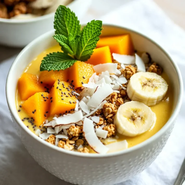 For a smooth and creamy coconut mango smoothie bowl, gather these main ingredients: - 1 cup ripe mango, diced - 1 large banana, frozen - 1 cup coconut milk - ½ cup Greek yogurt (or dairy-free alternative) - ½ teaspoon vanilla extract These ingredients create a tropical base that is both refreshing and energizing. The ripe mango gives sweetness and a vibrant color. The frozen banana adds creaminess and natural sweetness. Coconut milk provides a rich, smooth texture. Greek yogurt adds protein and tang, while vanilla extract enhances the flavor. You might want to add a touch of sweetness. Here are some optional sweeteners and add-ins: - 1 tablespoon honey or maple syrup (optional) If you like your smoothie bowl sweeter, use honey or maple syrup. Both dissolve well and blend seamlessly into the mix. Feel free to adjust the amount based on your taste. Toppings make your smoothie bowl look beautiful and add texture. Here are some suggested toppings: - Sliced fresh fruit (mango, banana) - Shredded coconut - Granola - Chia seeds - Mint leaves Arrange the toppings artistically on your smoothie bowl. Fresh fruit adds color and freshness. Shredded coconut gives a fun crunch. Granola adds a nice crunch, while chia seeds offer a healthy boost. Top it off with mint leaves for a pop of color and extra freshness. Enjoy your tropical creation! {{ingredient_image_1}} Start by gathering your ingredients. You need ripe mango, a frozen banana, coconut milk, Greek yogurt, honey (if you like it sweeter), and vanilla extract. 1. Dice the mango into small pieces. This makes it easier to blend smoothly. 2. In your blender, add the diced mango, frozen banana, and coconut milk. 3. Next, add the Greek yogurt. This adds creaminess and protein. 4. If you want a touch of sweetness, add honey or maple syrup. 5. Finally, include the vanilla extract for a nice flavor boost. Blend everything on high speed. You want it to be smooth and creamy, with no lumps. - If the mixture seems too thick, add a bit more coconut milk. - Blend until you reach your desired consistency. A good smoothie bowl should be thick enough to hold toppings but smooth enough to eat with a spoon. Once blended, pour the smoothie into a bowl. Now comes the fun part: adding toppings! - Start with slices of fresh mango and banana for a pop of color. - Sprinkle shredded coconut to add texture and a tropical vibe. - Add a handful of granola for crunch. - Finally, sprinkle chia seeds for extra nutrition. - Don’t forget to garnish with fresh mint leaves. They add color and freshness. Enjoy your beautiful coconut mango smoothie bowl right away! When picking mangoes, look for ripe ones. They should feel soft but not mushy. The color can vary, but a golden hue often signals ripeness. For bananas, use one that is frozen. A ripe banana adds natural sweetness and creaminess. Peel and slice it before freezing. This will make blending easier. To make this smoothie bowl dairy-free, swap Greek yogurt with a plant-based yogurt. Coconut yogurt works well, keeping the coconut flavor strong. You can also skip the yogurt entirely. The coconut milk will still give you a creamy texture. If you want extra creaminess, add an extra frozen banana. A pretty bowl makes your smoothie look tasty. Start by pouring the smoothie into a shallow bowl. Use your toppings wisely. Arrange sliced fruits in a fan shape. Sprinkle shredded coconut in a line or circle. Add granola for crunch and chia seeds for a pop. Finally, place fresh mint leaves on top for color. This makes your bowl look fun and inviting! Pro Tips Use Ripe Mangoes: Ensure your mangoes are ripe for the best flavor and sweetness. Look for mangoes that yield slightly to pressure when squeezed. Frozen Bananas are Key: Using frozen bananas not only gives your smoothie bowl a creamy texture but also keeps it cold and refreshing. Customize Your Toppings: Feel free to get creative with your toppings! Add nuts, seeds, or other fruits to enhance the flavor and nutritional value. Adjust Consistency: If the smoothie is too thick, add more coconut milk gradually until you achieve your desired consistency for easy spooning. {{image_2}} You can mix in other fruit for your Coconut Mango Smoothie Bowl. Try adding berries, like strawberries or blueberries. They add a nice tartness. Pineapple is another great choice. It gives a tropical twist that pairs well with mango. You can even add spinach for a green boost. This keeps the smoothie healthy without changing the taste much. If you don't have coconut milk, don’t worry! You can use almond milk or oat milk instead. These options keep the smoothie creamy. If you prefer a nut-free choice, try soy milk. Each milk type adds its unique flavor, so feel free to experiment. The key is to keep the base smooth and delicious. Want to make your smoothie more filling? You can add protein powder. Choose whey, pea, or hemp protein based on your needs. Another option is to mix in nut butter. Almond or peanut butter adds good protein and healthy fats. This keeps you energized longer. You can even add seeds like hemp or flax for extra nutrients. You can store leftover smoothie bowl in the fridge. Use an airtight container. It stays fresh for up to two days. If you do not finish it, cover it well. When you're ready to eat, stir it up. You may need to add a splash of coconut milk to make it creamy again. Freezing is a great way to keep your smoothie bowl ingredients. You can freeze diced mango and banana. Place them in a freezer bag, and remove as much air as you can. They stay good for about three months. This way, you can have fresh flavors anytime you want. To keep your toppings fresh, store them separately. Use small containers for each topping. Fresh fruit should go in the fridge. Granola and shredded coconut can stay in a cool, dry place. This keeps them crunchy and tasty for longer. When you're ready to enjoy your bowl, pull out your toppings and add them right before serving. Yes, you can make a Coconut Mango Smoothie Bowl ahead of time. Blend your smoothie base and store it in the fridge. It stays fresh for one day. The toppings should stay separate until you're ready to eat. This keeps them crunchy and fresh. If you want a substitute for Greek yogurt, try coconut yogurt or almond yogurt. These options keep the creamy texture. You can also use silken tofu for a protein boost. If you need a dairy-free option, these alternatives work well. Yes, this smoothie bowl is great for meal prep. You can prepare the smoothie base in advance. Just store it in a sealed container in the fridge. Add your toppings fresh when you’re ready to enjoy. This makes it easy and quick for busy mornings. You can make a Coconut Mango Smoothie Bowl using simple steps and fun ideas. We covered the main ingredients, blending tips, and ways to garnish. I shared tricks for choosing ripe fruits and making it dairy-free. You learned about different base options and how to store leftovers. Now, you can enjoy a tasty and healthy smoothie bowl any time. Remember, your creativity is key! Enjoy making your own tasty variations. Keep it fresh, keep it fun!