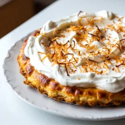 To make a delicious toasted coconut cream pie, you’ll need these ingredients: - 1 ½ cups shredded coconut, unsweetened - 1 pre-baked 9-inch pie crust (store-bought or homemade) - 1 cup whole milk - 1 cup coconut milk - ¾ cup granulated sugar - ¼ cup cornstarch - 3 large egg yolks - 2 tablespoons unsalted butter - 1 teaspoon pure vanilla extract - ½ teaspoon salt - Whipped cream, for topping - Toasted coconut flakes, for garnish If you don’t have an ingredient, there are easy swaps. For the pie crust, you can use a graham cracker crust. This adds a nice crunch. If you want dairy-free, use almond milk or oat milk instead of whole milk. You can swap granulated sugar with coconut sugar for a richer taste. For a lighter option, use egg substitutes for the yolks. These substitutions keep the pie tasty and fun! Here are some quick conversions for your ingredients: - 1 cup = 240 ml - ½ cup = 120 ml - ¼ cup = 60 ml - 1 tablespoon = 15 ml - 1 teaspoon = 5 ml Using these conversions helps when you need smaller amounts or different measurements. Cooking is all about making it work for you! {{ingredient_image_1}} To get that rich flavor, we start with the coconut. Set your oven to 350°F (175°C). Grab a baking sheet and spread ½ cup of shredded coconut in an even layer. Pop it in the oven for about 5-7 minutes. Keep an eye on it! Stir every few minutes until it turns golden brown. Once it is toasted, take it out and let it cool. This step adds a nice crunch and depth to your pie. Next, we’ll make the custard. In a medium saucepan, mix the sugar, cornstarch, and salt. Then, slowly whisk in 1 cup of whole milk and 1 cup of coconut milk. Stir until it’s smooth. Now, add 3 large egg yolks and mix well. Place the saucepan on medium heat. Stir constantly as the mixture heats up. In about 5-10 minutes, it will thicken and bubble. This means it's done! Remove it from the heat. Add 2 tablespoons of unsalted butter and 1 teaspoon of pure vanilla extract. Stir until everything melts together. Finally, fold in the toasted coconut, but save some for the top later. Now, let’s put it all together. Pour the rich custard into your pre-baked pie crust. Smooth the top with a spatula. Cover the pie with plastic wrap, but don’t let it touch the filling. This keeps a skin from forming on top. Place the pie in the fridge for at least 4 hours, or until it sets completely. After it’s firm, it’s ready for whipped cream and more toasted coconut on top. Enjoy your delicious toasted coconut cream pie! To make the best coconut custard, use fresh ingredients. Whole milk and coconut milk give rich flavor. Whisk the sugar, cornstarch, and salt in your pot first. This helps avoid lumps. Gradually add the milk while whisking. This keeps everything smooth. Cook over medium heat, stirring all the time. Watch for it to thicken and bubble. This step should take around 5-10 minutes. Don’t rush it; patience is key. Once thick, remove from heat and add butter and vanilla. The custard should be creamy and flavorful. Toasting coconut adds a deep flavor. Spread shredded coconut on a baking sheet. Make sure it’s even for best results. Bake at 350°F (175°C) for about 5-7 minutes. Stir it halfway through to avoid burning. Keep an eye on it; it can go from golden to burnt quickly. Once done, let it cool before adding to your custard. This toasted coconut makes your pie shine. You can prepare the pie a day in advance. This allows the flavors to develop. After assembling the pie, cover it with plastic wrap. Make sure the wrap does not touch the filling. This prevents a skin from forming. Store it in the fridge. Just before serving, add whipped cream and toasted coconut on top. This keeps the pie fresh and tasty for your guests. Enjoy making it ahead of time! Pro Tips Perfectly Toasted Coconut: Keep a close eye on the coconut while toasting, as it can go from golden to burnt quickly. Stirring occasionally helps achieve an even color. Preventing a Skin: When refrigerating the custard pie, cover it with plastic wrap, ensuring it doesn't touch the filling. This will prevent a skin from forming on the surface. Whipped Cream Tips: For perfectly stable whipped cream, chill your mixing bowl and beaters beforehand. This will help the cream whip up faster and hold its shape longer. Serving Suggestions: For an extra touch of flavor, consider serving with a drizzle of caramel sauce or a sprinkle of lime zest to enhance the tropical taste. {{image_2}} You can easily turn your toasted coconut cream pie into a chocolate delight. Start by mixing ½ cup of cocoa powder into the sugar and cornstarch when you make the custard. This adds rich chocolate flavor. You can also mix in some chocolate chips with the toasted coconut for extra texture. Top it with whipped cream and toasted coconut flakes, just like the classic version. This twist keeps the original pie's charm while adding a chocolatey kick. If you want a dairy-free pie, swap the whole milk with almond milk or oat milk. Use coconut milk for a rich taste, as in the original recipe. For the custard, replace the butter with coconut oil or vegan butter. This keeps the pie creamy without dairy. Make sure to check the labels when buying your ingredients to ensure they are completely dairy-free. To make your pie more tropical, add fresh fruit. Mix in chunks of pineapple or mango with the toasted coconut before pouring it into the crust. You can also infuse the custard with lime zest for a citrusy twist. This adds a refreshing taste that pairs well with the coconut. Don't shy away from experimenting with other tropical fruits, like passion fruit or papaya, to create your own unique version! To keep your toasted coconut cream pie fresh, cover it well. Use plastic wrap or aluminum foil. This helps stop the pie from drying out. Store it in the fridge for up to four days. Always keep it chilled until ready to serve. If you notice any moisture, dab it with a paper towel before serving to keep the crust crispy. You can freeze this pie for later. First, let it cool completely in the fridge. Then, wrap it tightly in plastic wrap, followed by aluminum foil. This double layer keeps the pie safe from ice crystals. You can freeze it for up to two months. When ready to eat, thaw it in the fridge overnight. If you want to serve the pie warm, do so with care. Place slices on a plate and cover them lightly with foil. Heat them in a 350°F (175°C) oven for about 10-15 minutes. This warms the custard without cooking it further. Avoid the microwave, as it can make the pie soggy. Enjoy your delicious pie fresh! The best type of pie crust for toasted coconut cream pie is a pre-baked 9-inch pie crust. You can use store-bought or homemade crust. A buttery, flaky crust pairs well with the creamy filling. A graham cracker crust is also a tasty choice. It adds a nice crunch and sweetness. Yes, you can use sweetened coconut. It will add more sweetness to the pie. However, this might change the flavor balance. If you like a sweeter pie, go for it! Just remember to adjust the sugar in the recipe if needed. Unsweetened coconut lets the filling shine more. You can store the toasted coconut cream pie in the fridge for up to four days. Make sure to cover it well with plastic wrap. This keeps it fresh and safe from odors. If you want to keep it longer, you can freeze it for up to two months. Just thaw in the fridge before serving. You learned the key steps for making a delicious toasted coconut cream pie. We covered the ingredients, cooking methods, and helpful tips. Don’t forget the fun variations, like chocolate or tropical flavors. Good storage is key for keeping your pie fresh, too. As you try this recipe, remember to experiment and enjoy the process. Your pie will impress everyone! Happy baking!
