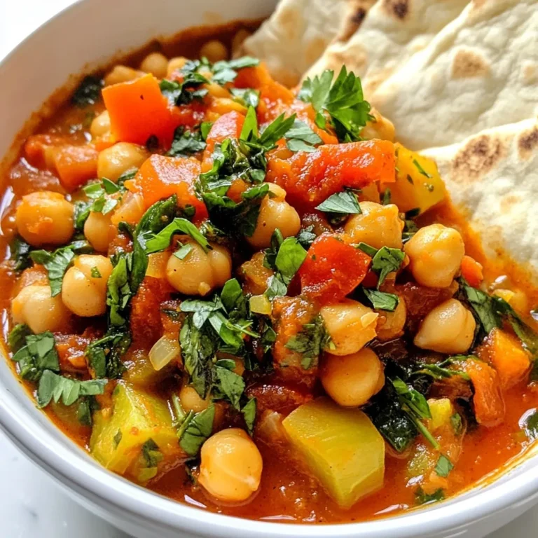 - 2 tablespoons olive oil - 1 medium onion, diced - 3 garlic cloves, minced - 1 tablespoon fresh ginger, grated - 1 teaspoon ground cumin - 1 teaspoon ground coriander - 1 teaspoon smoked paprika - 1/2 teaspoon cinnamon - 1 can (15 oz) chickpeas, drained and rinsed - 1 red bell pepper, diced - 1 can (14 oz) diced tomatoes - 3 cups vegetable broth - 2 medium carrots, diced - 1 zucchini, diced - 1 cup spinach or kale - Salt and pepper to taste - Fresh parsley or cilantro, chopped (for garnish) Using fresh ingredients makes a big difference in flavor. Choose bright, firm vegetables. Fresh herbs add a burst of taste, too. Look for high-quality olive oil for richness. Canned chickpeas should be firm but tender, with no off-smell. For tomatoes, choose those packed in juice for the best taste. If you don’t have chickpeas, try white beans or lentils instead. You can swap the red bell pepper for yellow or green peppers. If you prefer a different green, use Swiss chard or collard greens. For a gluten-free option, ensure your broth is gluten-free. If you want a bit more heat, add a pinch of cayenne pepper. {{ingredient_image_1}} 1. Heat Oil: Start by heating 2 tablespoons of olive oil in a large pot over medium heat. 2. Sauté Aromatics: Add 1 medium diced onion. Cook it for about 5 minutes until it looks clear. Then, mix in 3 minced garlic cloves and 1 tablespoon of grated fresh ginger. Stir for 1-2 minutes until you smell a great aroma. 3. Add Spices: Next, sprinkle in 1 teaspoon each of ground cumin, ground coriander, and smoked paprika. Also, add 1/2 teaspoon of cinnamon. Stir well to toast the spices for 1 minute. 4. Introduce Veggies & Chickpeas: Add 1 can of drained and rinsed chickpeas, 1 diced red bell pepper, and 2 diced medium carrots. Mix all of these together well. 5. Add Tomatoes and Broth: Pour in 1 can of diced tomatoes with their juice and 3 cups of vegetable broth. Bring this mix to a gentle simmer. 6. Cook Stew: Lower the heat and let your stew simmer for about 25-30 minutes. Check to see if the carrots are tender. 7. Finish with Zucchini & Greens: Stir in 1 diced zucchini and 1 cup of spinach or kale. Cook for another 5 minutes until the greens wilt. 8. Season: Taste your stew and adjust with salt and pepper as needed. 9. Serve: Ladle the hot stew into bowls. For a lovely finish, garnish each bowl with chopped fresh parsley or cilantro. 10. Presentation Tips: Serve with warm pita or crusty bread. Sprinkle extra herbs on top for a fresh look. Enjoy! To make the stew pop, start with fresh spices. Use whole spices when you can. Toast them in the pot for one minute before adding other ingredients. This brings out their rich aroma. Also, add salt at the end. This keeps the flavors bright. A splash of lemon juice can add a nice zing too. Lastly, fresh herbs like parsley or cilantro make a big difference. They give a fresh taste and lovely color. One common mistake is overcooking the veggies. They should stay tender but not mushy. Avoid adding too much liquid as well. The stew should be thick and hearty, not watery. Another mistake is skipping the sauté step for onions and garlic. This step builds a strong base of flavor. Lastly, don’t forget to taste as you cook. Adjusting the seasoning at each stage helps you get the best result. To save time, chop your veggies in advance. You can do this the night before. Use canned chickpeas for a quick option. They are great and cut down on cooking time. Another tip is to use a food processor for chopping. It speeds things up. Lastly, make a big batch and store leftovers. You can enjoy the stew for several meals! Pro Tips Fresh Herbs Matter: Always use fresh parsley or cilantro for garnish to enhance the flavor and presentation of your stew. Customize Heat: Adjust the amount of smoked paprika and add a pinch of cayenne pepper for a spicy kick if desired. Make It a Meal: Serve over couscous or quinoa for a heartier dish that adds extra texture and nutrition. Storage Tips: This stew stores well in the fridge for up to 3 days and can be frozen for up to 3 months, making it perfect for meal prep. {{image_2}} This Moroccan chickpea stew is already vegan and gluten-free. You use chickpeas, veggies, and spices, making it a perfect meal for all diets. If you use vegetable broth, you keep it plant-based. To keep it gluten-free, just ensure your broth has no gluten ingredients. You can change the spice level to fit your taste. If you like it mild, skip the smoked paprika. If you want heat, add a pinch of cayenne pepper. I recommend tasting as you cook. This way, you can find the perfect balance for your palate. Feel free to add more veggies to the stew. Sweet potatoes, green beans, or peas work great. Just cut them into small pieces so they cook evenly. This makes your stew colorful and packed with nutrients. Plus, it’s a fun way to use up extra veggies in your fridge! After cooking, let the Moroccan chickpea stew cool down. Transfer it into an airtight container. Store it in the fridge for up to four days. This stew tastes even better the next day! If you want to keep it longer, freezing is a great option. Allow the stew to cool completely. Pour it into a freezer-safe container. It can last up to three months in the freezer. When you're ready to eat, just thaw it in the fridge overnight. To reheat, you can use the stovetop or microwave. If using the stovetop, warm it in a pot over low heat. Stir occasionally to avoid sticking. For the microwave, heat in short bursts, stirring in between. Add a splash of broth or water if it seems too thick. Enjoy your stew just like fresh! Moroccan Chickpea Stew is a warm and hearty dish. It combines chickpeas, fresh vegetables, and spices. You can taste the warmth of cumin, coriander, and paprika in every bite. It’s healthy, filling, and perfect for sharing. The stew is often served with bread or over grains. This dish is a great way to enjoy plant-based meals. Plus, it’s simple to make at home with common ingredients. Yes, you can make Moroccan Chickpea Stew in a slow cooker. Start by sautéing the onion, garlic, and ginger in a pan. Then, add those to the slow cooker with the rest of the ingredients. Cook on low for about 6-8 hours or high for 3-4 hours. This method makes the flavors blend well. You’ll have a tasty, easy meal waiting for you when you return home. You can serve Moroccan Chickpea Stew with many sides. Warm pita bread is a great choice. It’s perfect for dipping into the stew. You can also serve it over couscous or rice for a filling meal. A simple green salad adds freshness and crunch. Garnish the stew with parsley or cilantro for extra flavor. These sides make the dish even more enjoyable. This article covered everything you need to know about Moroccan Chickpea Stew. We discussed ingredients, their quality, and substitutes. You learned the steps for preparation and cooking. I shared serving suggestions and tips to enhance flavor. We explored variations, storage info, and answered key questions. Embrace this stew in your kitchen. It brings warmth, taste, and nutrition. Enjoy cooking and sharing it with others!