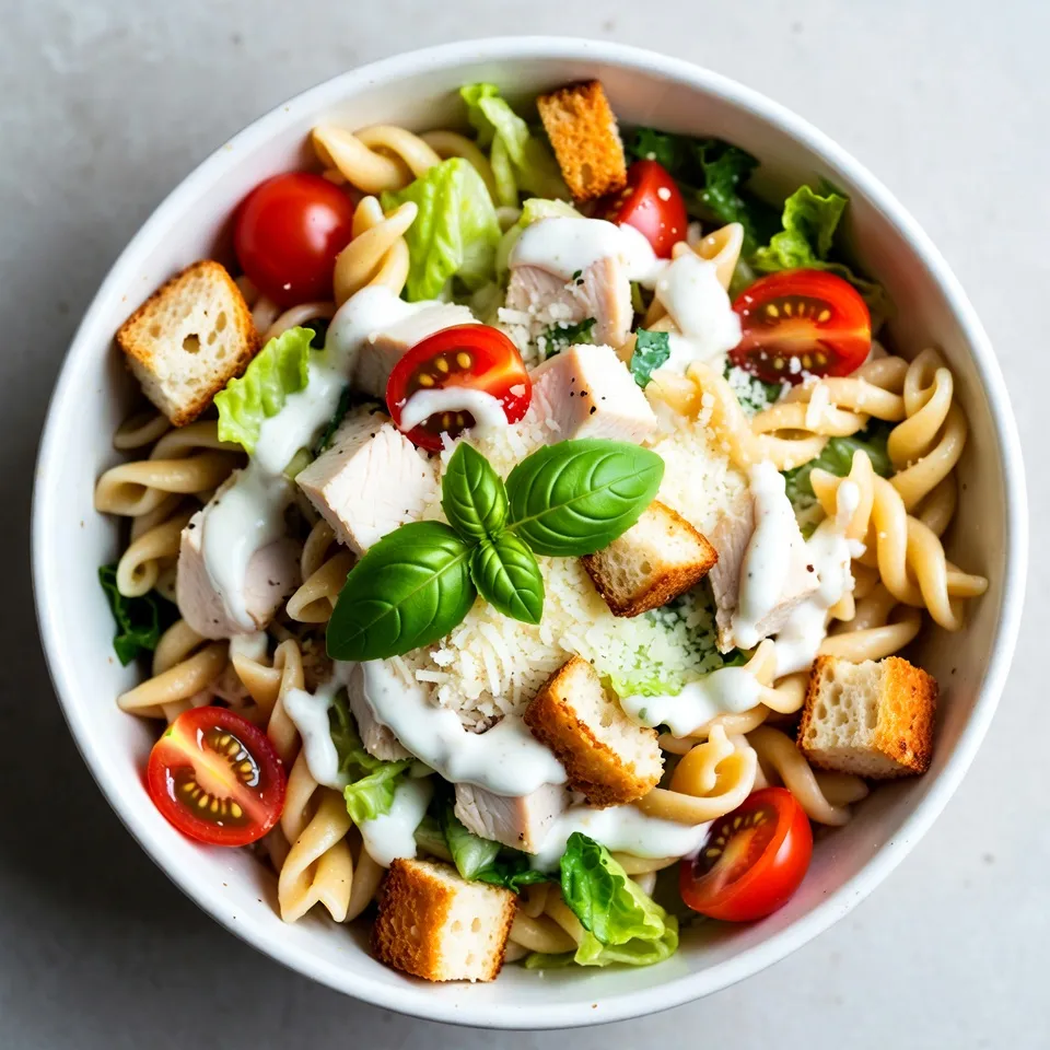 To make a tasty Chicken Caesar Pasta Salad, you need a few key ingredients: - 2 cups rotini or fusilli pasta - 1 cup cooked chicken breast, diced - 1 cup romaine lettuce, chopped - ½ cup cherry tomatoes, halved - ¼ cup Parmesan cheese, grated - ¼ cup Caesar dressing - 1 tablespoon olive oil - 1 teaspoon garlic powder - Salt and pepper to taste These ingredients come together to create a fresh and filling dish that everyone will enjoy. You can customize your salad with fun extras. Here are some ideas: - ¼ cup croutons for extra crunch - Fresh basil or parsley for a pop of color - Black olives for a briny kick - Avocado for creaminess Feel free to get creative with your choices! If you need to swap out an ingredient, here are some great options: - Use gluten-free pasta to make it gluten-free. - Swap chicken for shrimp, tofu, or chickpeas for a different protein. - Try spinach or kale instead of romaine for extra nutrients. - Use a dairy-free cheese for lactose-free options. These substitutions can help you tailor the salad to your taste or dietary needs. {{ingredient_image_1}} Start by boiling water in a large pot. Add a pinch of salt to the water. Once it boils, add 2 cups of rotini or fusilli pasta. Cook the pasta according to the package directions until tender. This usually takes about 8 to 10 minutes. After cooking, drain the pasta in a colander. Rinse it with cold water to stop the cooking. This helps the pasta stay firm and fresh. Set the pasta aside in a large bowl. In the large bowl with pasta, add 1 cup of diced cooked chicken breast. Then, toss in 1 cup of chopped romaine lettuce and ½ cup of halved cherry tomatoes. Mix everything gently with a spoon. You want all the ingredients to blend well. This is where the flavor starts to build. It looks colorful and fresh. Now it’s time to add flavor. Drizzle ¼ cup of Caesar dressing over the salad. Then, pour in 1 tablespoon of olive oil. Sprinkle 1 teaspoon of garlic powder, and season with salt and pepper to taste. Toss everything together until well mixed. Next, gently fold in ¼ cup of grated Parmesan cheese. This adds a nice creamy texture. Just before serving, sprinkle ¼ cup of croutons on top for that crunchy bite. You can also add fresh basil or parsley for a pop of color. Serve chilled or at room temperature for the best taste. You can use store-bought Caesar dressing, but I prefer homemade. Making your own dressing is simple and fun. You can control the taste and adjust it to your liking. To make a quick dressing, mix mayonnaise, lemon juice, garlic, and Parmesan cheese. This adds a fresh twist to the salad. When cooking chicken, use boneless, skinless chicken breasts for the best flavor. You can grill, bake, or sauté the chicken. Make sure not to overcook it. Juicy chicken makes the salad better. If you are short on time, rotisserie chicken works great too. Just shred it and add it to your salad. To boost the flavors, add garlic powder and fresh herbs. A sprinkle of lemon juice brightens the dish. You can also toss in some red pepper flakes for a kick. Don't forget the croutons for a crunchy texture! They add a delightful contrast to the creamy dressing. Mix and match these tips to create your perfect Chicken Caesar Pasta Salad. Pro Tips Tip for Pasta Cooking: Make sure to cook the pasta al dente, as it will absorb some moisture from the dressing and become softer over time. Tip for Chicken: Use leftover rotisserie chicken for extra flavor and convenience, or grill your chicken for a smoky taste. Tip for Dressing: If using store-bought Caesar dressing, taste it before adding salt, as it may already be quite salty. Tip for Serving: This salad is best served chilled or at room temperature, making it perfect for meal prep or potlucks. {{image_2}} You can switch up the protein in your Chicken Caesar Pasta Salad. Shrimp adds a nice touch. Just cook them until pink and toss them in. Tofu is a great option for a vegan twist. Use firm tofu and grill or sauté it for flavor. You can also try chickpeas for a hearty, plant-based protein. Each option brings a new taste and texture. Using seasonal veggies makes your salad even better. In spring, add fresh peas for a pop of color. Summer is perfect for diced bell peppers or zucchini. Fall brings great choices like roasted butternut squash. Winter calls for crunchy radishes or kale. These seasonal ingredients change the flavor and keep things fresh. If you need gluten-free options, use gluten-free pasta. Quinoa is another tasty choice that works well. For a vegan version, skip the chicken and cheese. You can use a vegan Caesar dressing instead. These adjustments keep the dish delicious while meeting different dietary needs. To keep your Chicken Caesar Pasta Salad fresh, store it in an airtight container. Make sure the salad is cool before sealing. It will stay good for about three days in the fridge. If you see any signs of spoilage, like an odd smell or color, throw it out. Freezing pasta salad can change the texture a bit. If you freeze it, do not add croutons or dressing yet. Place the pasta, chicken, and veggies in a freezer-safe bag. Remove as much air as possible. It can last up to two months in the freezer. To refresh the salad, let it thaw in the fridge overnight. Once thawed, mix in fresh dressing. If you want to warm it up, gently heat it in a pan over low heat. Do not cook it too long, or it may become mushy. Add croutons right before serving for a nice crunch. Chicken Caesar Pasta Salad stays fresh for about 3 to 4 days in the fridge. Store it in an airtight container. Check for any changes in smell or color before eating. Yes, you can make Chicken Caesar Pasta Salad ahead of time. Prepare it up to 24 hours in advance. Keep the croutons separate until serving. This helps keep them crunchy. You can serve Chicken Caesar Pasta Salad with garlic bread or a side of fruit. A light soup can also pair well. This adds balance to your meal. Enjoy experimenting with sides! You learned about making a tasty Chicken Caesar Pasta Salad. We covered the main ingredients, optional add-ons, and tips for cooking. You can swap ingredients to fit your taste. I provided clear steps for cooking and assembling the salad. You also got tips for storing and reheating. Making this salad is easy and fun. Enjoy trying new flavors and variations. It’s a great dish for any meal. Keep experimenting and find what you love best.