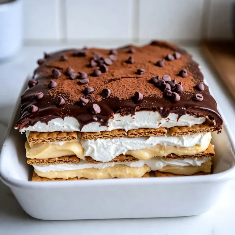 To make this tasty No-Bake Chocolate Éclair Cake, gather these items: - 2 (3.4 oz) packages instant vanilla pudding mix - 4 cups cold milk - 1 (8 oz) container whipped topping, thawed - 1 package (14 oz) graham crackers - 1 cup semi-sweet chocolate chips - 2 tablespoons unsweetened cocoa powder - 2 tablespoons butter - 1 tablespoon milk (for chocolate glaze) - 1 teaspoon vanilla extract (for chocolate glaze) If you need to swap some ingredients, here are my tips: - Use almond milk or soy milk instead of regular milk for a dairy-free option. - If you can’t find whipped topping, make your own by whipping heavy cream with sugar. - You can replace chocolate chips with white chocolate or dark chocolate for different flavors. For the best taste and texture, I recommend these brands: - Pudding Mix: Jell-O is a classic choice that works great. - Whipped Topping: Cool Whip is popular and easy to find. - Chocolate Chips: Ghirardelli semi-sweet chocolate chips give a rich flavor. These ingredients create a rich and creamy cake. Each layer brings joy and flavor. Enjoy making your dessert! {{ingredient_image_1}} Start by getting a large bowl. Add two packages of instant vanilla pudding mix. Pour in four cups of cold milk. Whisk them together until smooth. This takes about two minutes. You want it thick and creamy. Next, fold in one container of whipped topping. Mix gently until it is fully combined. This creates a lovely custard filling. Grab a 9x13 inch baking dish. Place a single layer of graham crackers at the bottom. Make sure to cover the entire base. Then, spread half of the pudding mixture over the crackers. Use a spatula to smooth it out evenly. Now, repeat this process. Add another layer of graham crackers, followed by the rest of the pudding. Finish with a final layer of graham crackers on top. Set the dish aside as you prepare the chocolate glaze. Take a small saucepan and add one cup of semi-sweet chocolate chips. Then, add two tablespoons of unsweetened cocoa powder and two tablespoons of butter. Pour in one tablespoon of milk as well. Heat this mixture over medium-low heat. Stir it until everything melts and becomes smooth. Once it is melted, remove it from the heat. Stir in one teaspoon of vanilla extract. Let the glaze cool for a few minutes. Pour it over the top layer of graham crackers. Cover the dish with plastic wrap. Refrigerate it for at least four hours, or overnight, for the best results. To get the perfect texture, use cold milk when making your pudding. This helps it thicken nicely. Whisk for about two minutes until it is smooth. Then, fold in the whipped topping gently. This creates a light and creamy filling. Layer your graham crackers carefully and allow the cake to chill. Chilling for at least four hours helps the cake set well. One common mistake is not letting the cake chill long enough. If you skip this step, the layers may not hold together. Another error is rushing the mixing of the pudding. Make sure to whisk until smooth. Avoid using warm milk or over-mixing the whipped topping. This can make your filling too runny. You can add more flavor to your cake if you like. Try mixing in a teaspoon of almond extract with the pudding. It gives a nice twist. You can also use flavored whipped toppings, like chocolate or caramel, for extra taste. For a fun crunch, add crushed nuts or toffee bits between the layers. This makes each bite even more enjoyable! Pro Tips Chill Time Matters: Allowing the cake to chill overnight will enhance the flavors and create a firmer texture, making it easier to slice. Graham Cracker Variations: Experiment with flavored graham crackers, such as chocolate or honey, for a unique twist on the classic recipe. Glaze Consistency: If the chocolate glaze is too thick, add a little more milk to reach your desired pourable consistency. Elegant Presentation: For an attractive finish, sprinkle some cocoa powder or chocolate shavings on top of the glaze before serving. {{image_2}} You can switch up the flavor of your No-Bake Chocolate Éclair Cake easily. Try using butterscotch pudding instead of vanilla for a fun twist. You can also use chocolate pudding for a double chocolate treat. For a fruity touch, add strawberry pudding or lemon pudding. Each flavor will change the taste and make it even more fun! If you want a lighter version, use light whipped topping and low-fat milk. You can also choose sugar-free pudding mix to cut calories. This way, you can enjoy the cake without the guilt. Remember to adjust the chocolate glaze with lighter options too, like using dark chocolate chips. When it's time to serve, cut the cake into squares. You can garnish with extra whipped topping or chocolate shavings. For a fancy touch, add fresh berries on top. This makes the dessert look nice and taste even better! You can also serve it with a scoop of ice cream for a delightful combo. To keep your No-Bake Chocolate Éclair Cake fresh, cover it well. Use plastic wrap or foil. It helps keep moisture in and prevents it from picking up smells from the fridge. Make sure not to cut into the cake until you're ready to serve. This keeps the layers intact and the cake looking nice. This cake can stay fresh in the fridge for about 3 to 4 days. The longer it sits, the softer the graham crackers become. If you like a cake with a creamy texture, enjoy it within the first two days. You’ll still get great flavor up to the fourth day. You can freeze this cake if you want to save some for later. First, cut it into squares. Wrap each piece in plastic wrap and then in foil. This keeps it safe from freezer burn. You can freeze it for up to 3 months. When you’re ready to eat it, thaw it overnight in the fridge. Enjoy your treat! Yes, you can use homemade pudding. Just make sure it is thick. Instant pudding helps save time. If you use homemade pudding, let it cool before mixing with whipped topping. This makes a rich filling. You know the cake is ready when it has set well. After chilling for at least 4 hours, the layers should hold together. A good test is to see if it slices cleanly. If it does, it is ready to enjoy! If your chocolate glaze hardens, warm it gently. Place the glaze in a small bowl over hot water. Stir until it softens. You can also add a bit of milk to thin it out. This will help make it smooth again. This blog post covered all you need to make a great pudding dessert. We explored the ingredient list, how to layer it, and tips for better taste and texture. Knowing how to store your dessert is key for enjoying it later, too. Remember, you can always swap ingredients or add new flavors for fun twists. With these steps, you'll impress everyone with your cooking. Enjoy your tasty creations and share them with loved ones!